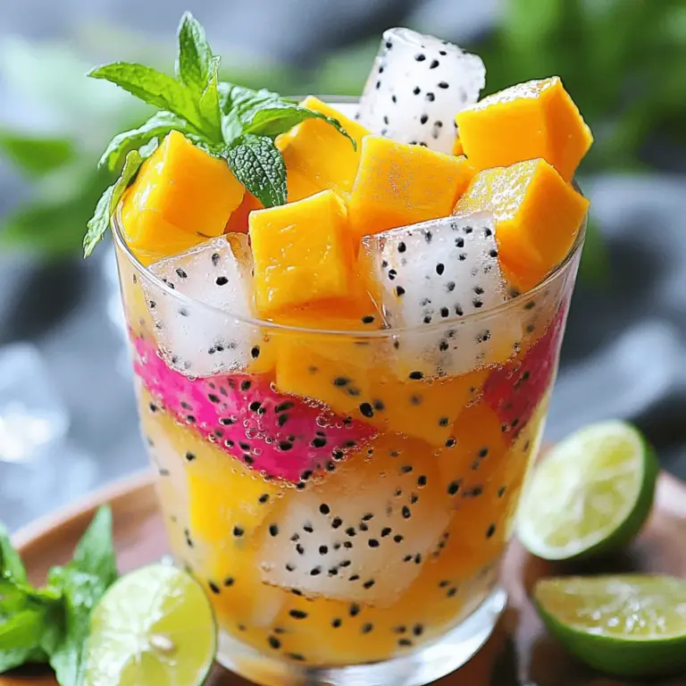 Was sind die Hauptbestandteile? Der Mango Dragonfruit Refresher hat einfache und frische Zutaten. Die Hauptbestandteile sind reife Mango und Dragonfruit. Diese beiden Früchte bringen viel Geschmack und Farbe in das Getränk. Außerdem brauchen wir Kokoswasser und frisch gepressten Limettensaft. Diese Zutaten sorgen für eine erfrischende Note.