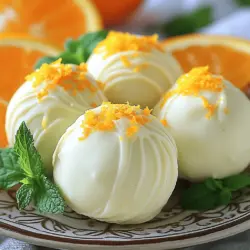 No bake orange creamsicle truffles sind ein fruchtiger Genuss. Diese kleinen Bällchen bringen den Geschmack von frisch gepresstem Orangensaft und cremigem Käse zusammen. Sie sind einfach und schnell zuzubereiten. Die Hauptbestandteile sind Vanillewafer-Krümel, Frischkäse, Puderzucker und frischer Orangensaft. Diese Zutaten machen die Trüffel besonders lecker und süß.