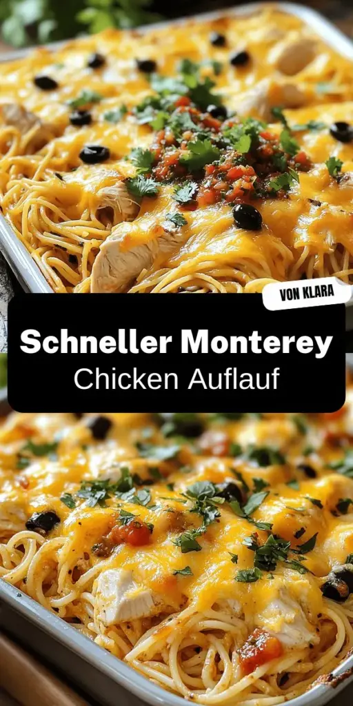 Du bist auf der Suche nach einem schnellen und köstlichen Abendessen? Probiere das Monterey Chicken Spaghetti Bake aus! Dieses einfache Rezept kombiniert saftiges Hähnchen, würzige Salsa und schmelzenden Käse für ein Gericht, das deine Familie lieben wird. Alles, was du brauchst, sind ein paar grundlegende Zutaten und 50 Minuten Zeit. Klicke hier, um die vollständige Anleitung und Tipps für Variationen und kreative Resteverwertung zu entdecken!