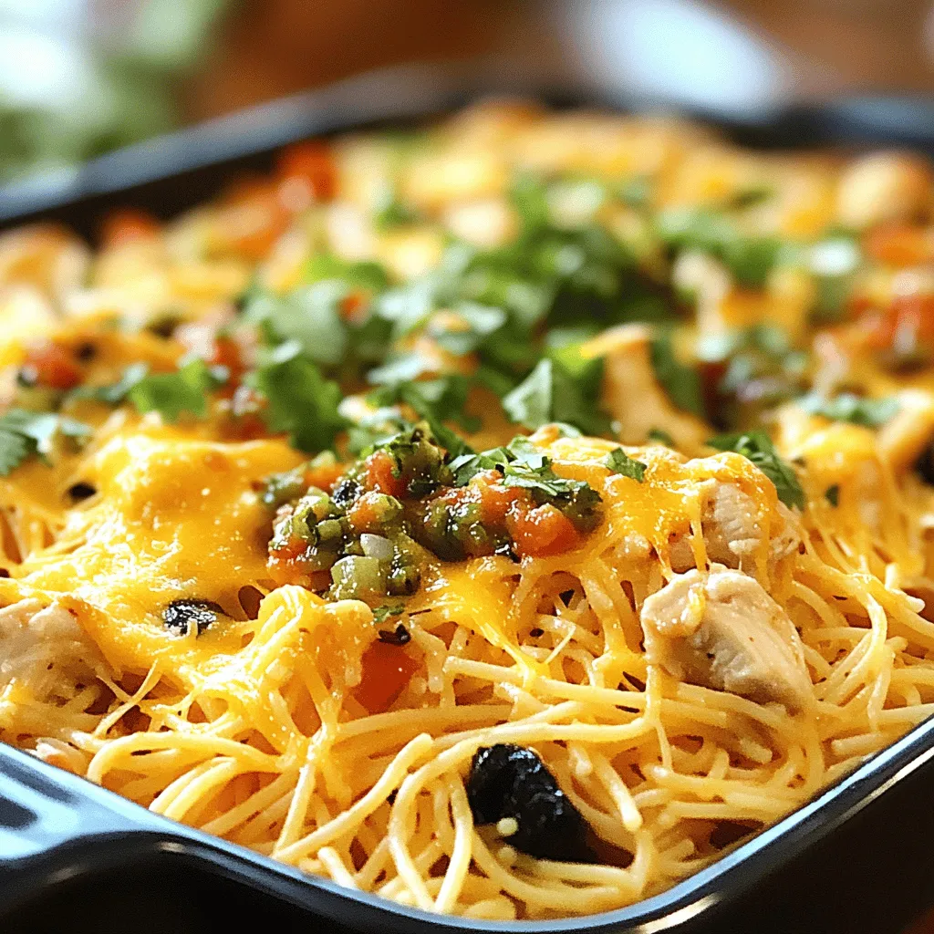 Die Hauptzutaten für Monterey Chicken Spaghetti Bake sind einfach und lecker. Du brauchst 300 g Spaghetti, die die Basis des Gerichts bilden. Dann kommen 500 g gewürfelte Hähnchenbrust hinzu, die dem Auflauf Proteine und Geschmack geben. Eine Dose schwarze Bohnen und eine Dose Mais sorgen für zusätzliche Textur und Nährstoffe. Dazu kommt ein Glas Salsa, das dem Gericht einen würzigen Kick verleiht.