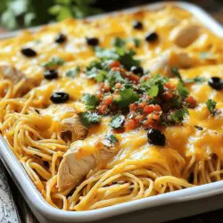Die Hauptzutaten für Monterey Chicken Spaghetti Bake sind einfach und lecker. Du brauchst 300 g Spaghetti, die die Basis des Gerichts bilden. Dann kommen 500 g gewürfelte Hähnchenbrust hinzu, die dem Auflauf Proteine und Geschmack geben. Eine Dose schwarze Bohnen und eine Dose Mais sorgen für zusätzliche Textur und Nährstoffe. Dazu kommt ein Glas Salsa, das dem Gericht einen würzigen Kick verleiht.