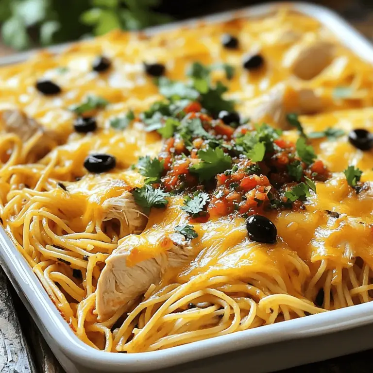 Die Hauptzutaten für Monterey Chicken Spaghetti Bake sind einfach und lecker. Du brauchst 300 g Spaghetti, die die Basis des Gerichts bilden. Dann kommen 500 g gewürfelte Hähnchenbrust hinzu, die dem Auflauf Proteine und Geschmack geben. Eine Dose schwarze Bohnen und eine Dose Mais sorgen für zusätzliche Textur und Nährstoffe. Dazu kommt ein Glas Salsa, das dem Gericht einen würzigen Kick verleiht.