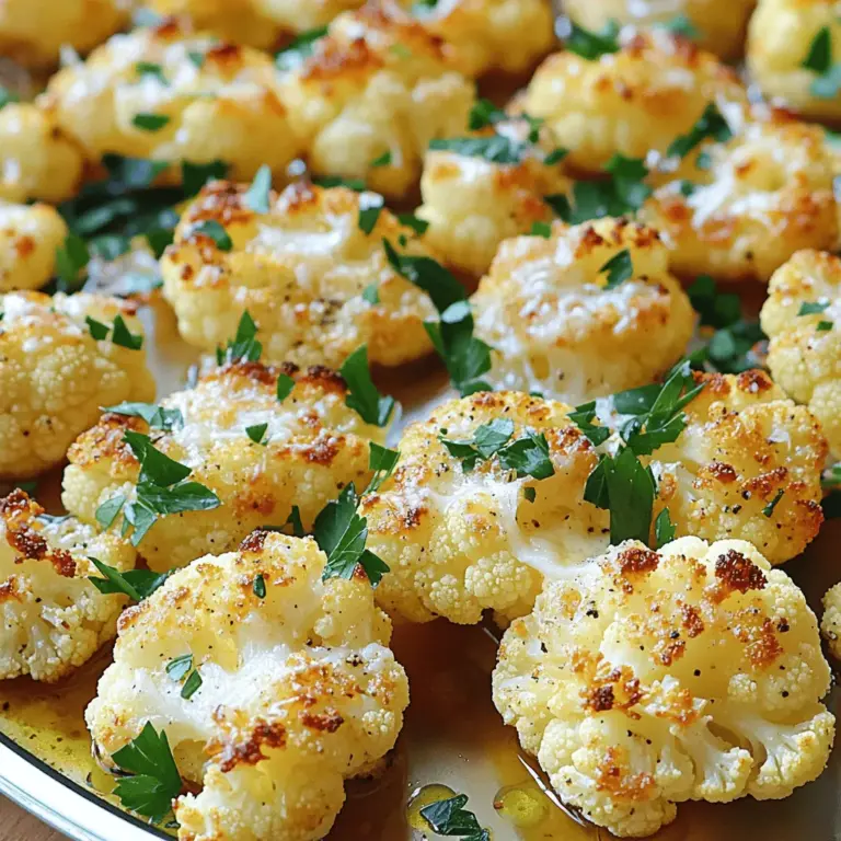 - 1 große Blumenkohlkopf, in Röschen zerteilt - 3 Esslöffel Olivenöl - 4 Knoblauchzehen, fein gehackt - 1 Teelöffel Salz - ½ Teelöffel schwarzer Pfeffer - ¾ Tasse frisch geriebener Parmesan - 1 Teelöffel italienische Kräuter - Frische Petersilie, gehackt (zum Garnieren) Die Zutaten für Knoblauch Parmesan Röstblumenkohl sind einfach und frisch. Der Blumenkohl ist der Hauptdarsteller in diesem Gericht. Wählen Sie einen festen Kopf ohne braune Stellen. Die Röschen geben eine tolle Textur beim Rösten. Olivenöl ist wichtig, da es hilft, die Röschen schön knusprig zu machen. Der Geschmack von frischem Knoblauch bringt ein tolles Aroma. Achten Sie darauf, ihn fein zu hacken, damit er gut verteilt wird. Für die Würze verwenden wir Salz und schwarzen Pfeffer. Diese bringen den Geschmack des Blumenkohls zur Geltung. Parmesan fügt eine köstliche, würzige Note hinzu. Ich empfehle, frisch geriebenen Parmesan zu verwenden. Er schmilzt besser als der vorgeriebene Käse. Italienische Kräuter verleihen dem Gericht eine besondere Tiefe. Petersilie als Garnitur bringt Farbe und einen frischen Geschmack. Alle Zutaten zusammen ergeben ein einfaches, aber sehr leckeres Gericht. Für das vollständige Rezept können Sie die Anleitung unter [Full Recipe] finden. Heize deinen Ofen auf 220°C (425°F) vor. Das gibt deinem Blumenkohl die perfekte Hitze zum Rösten. Lege ein Backblech mit Backpapier aus. Das macht die Reinigung später viel einfacher. Nimm die Blumenkohlröschen und lege sie in eine große Schüssel. Füge 3 Esslöffel Olivenöl, 4 fein gehackte Knoblauchzehen, 1 Teelöffel Salz und ½ Teelöffel schwarzen Pfeffer hinzu. Vermische alles gut. Achte darauf, dass jedes Röschen gleichmäßig mit der Mischung bedeckt ist. Verteile den gewürzten Blumenkohl gleichmäßig auf dem Backblech. Die Röschen sollten sich nicht überlappen. Röste den Blumenkohl für 20 Minuten. Rühre nach 10 Minuten um, damit er gleichmäßig bräunt. Nach 20 Minuten nimm das Blech aus dem Ofen. Streue ¾ Tasse frisch geriebenen Parmesan und 1 Teelöffel italienische Kräuter darüber. Mische vorsichtig. Gib das Blech zurück in den Ofen und röste weitere 5-7 Minuten. Der Käse sollte schmelzen und blubbern. Lass den Blumenkohl kurz abkühlen und garniere ihn mit frischer Petersilie. Für das ganze Rezept schau dir den [Full Recipe] an. Bei der Auswahl von frischem Blumenkohl sind einige Punkte wichtig. Achten Sie auf feste Köpfe, die keine braunen Flecken haben. Die Blätter sollten grün und knackig wirken. Die ideale Größe liegt zwischen einem halben und einem ganzen Kilo. Ein kleinerer Blumenkohl hat oft zarte Röschen. Die Farbe sollte hell und gleichmäßig sein. Die Temperatur ist entscheidend. Heizen Sie den Ofen auf 220°C vor. Rösten Sie den Blumenkohl etwa 20 Minuten. Rühren Sie die Röschen nach der Hälfte der Zeit um. So röstet er gleichmäßig und wird knusprig. Wenn der Blumenkohl goldbraun ist, ist er perfekt. Servieren Sie den Knoblauch-Parmesan-Röstblumenkohl mit verschiedenen Beilagen. Reis oder Quinoa passen gut dazu. Auch ein frischer Salat macht das Gericht lebendig. Für besondere Anlässe können Sie den Blumenkohl in einer schönen Auflaufform präsentieren. Garnieren Sie mit Parmesansplittern für einen besonderen Look. {{image_4}} Für die Käseliebhaber gibt es viele Möglichkeiten. Du kannst Veggie-Alternativen für Käse nutzen. Produkte auf Pflanzenbasis bieten einen tollen Geschmack. Zusätzlich kannst du mit anderen Käsesorten experimentieren. Probiere Gouda oder Cheddar für eine neue Note. Diese Abwandlungen bringen frischen Wind in dein Rezept. Das Hinzufügen von Gewürzen macht dein Gericht lebendig. Paprika gibt eine süße Note, während Kreuzkümmel einen warmen Geschmack bringt. Du kannst auch frische Kräuter wie Thymian oder Rosmarin verwenden. Diese Kräuter fügen einen tollen Duft und Geschmack hinzu. Experimentiere mit verschiedenen Kombinationen, um deine Lieblingsgeschmäcker zu finden. Wenn du eine vegane Version möchtest, gibt es einfache Tipps. Du kannst den Käse ganz weglassen oder Hefeflocken verwenden. Hefeflocken geben einen käsigen Geschmack ohne Milchprodukte. So bleibt dein Blumenkohl lecker und gesund. Diese Optionen machen das Rezept für alle zugänglich. Für das vollständige Rezept kannst du hier klicken: [Full Recipe]. Um Ihren Knoblauch Parmesan Röstblumenkohl frisch zu halten, bewahren Sie ihn in einem luftdichten Behälter auf. So bleibt der Geschmack und die Textur gut erhalten. Stellen Sie sicher, dass der Blumenkohl vollständig abgekühlt ist, bevor Sie ihn lagern. Die Reste sind im Kühlschrank bis zu drei Tage haltbar. Nach dieser Zeit kann der Geschmack nachlassen. Wenn Sie den Röstblumenkohl aufwärmen wollen, gibt es zwei gute Methoden. Die beste Methode ist der Ofen. Heizen Sie ihn auf 180°C (350°F) vor. Verteilen Sie den Blumenkohl auf einem Backblech und rösten Sie ihn etwa 10 bis 15 Minuten. So bleibt er knusprig. Die Mikrowelle ist schnell, aber der Blumenkohl kann weich werden. Wärmen Sie ihn in der Mikrowelle für 1 bis 2 Minuten auf. Wenn Sie Röstblumenkohl einfrieren möchten, lassen Sie ihn zuerst abkühlen. Legen Sie ihn in einen Gefrierbeutel oder einen luftdichten Behälter. So bleibt er bis zu drei Monate frisch. Zum Auftauen legen Sie ihn über Nacht in den Kühlschrank. Um ihn zuzubereiten, rösten Sie ihn einfach im Ofen, bis er heiß und knusprig ist. So bleibt der Geschmack fast wie frisch zubereitet. Blumenkohl ist sehr gesund. Er hat wenig Kalorien und viele Nährstoffe. Eine Tasse Blumenkohl hat etwa 25 Kalorien. Er ist reich an Vitamin C, K und Folsäure. Blumenkohl enthält auch Ballaststoffe, die gut für die Verdauung sind. Diese Nährstoffe können das Immunsystem stärken. Blumenkohl hat Antioxidantien, die helfen, Zellen zu schützen. Er kann auch das Risiko für einige Krankheiten senken. Er ist also eine großartige Wahl für eine gesunde Ernährung. Ja, du kannst viele andere Gemüsesorten rösten. Zum Beispiel sind Karotten, Brokkoli und Paprika tolle Optionen. Jedes Gemüse hat seinen eigenen Geschmack und seine eigene Textur. Du kannst auch Süßkartoffeln oder Zucchini verwenden. Achte darauf, die Garzeit anzupassen. Dickere Stücke brauchen länger als kleinere Stücke. Mische verschiedene Gemüsesorten für mehr Abwechslung. So bleibt dein Gericht spannend und bunt. Es gibt viele Möglichkeiten, das Rezept anzupassen. Du kannst die Gewürze ändern, um neuen Geschmack zu bekommen. Magst du es scharf? Füge etwas Paprika oder Cayennepfeffer hinzu. Für mehr Frische kannst du Zitrone oder Limette verwenden. Auch andere Käsesorten wie Cheddar sind möglich. Wenn du Kräuter liebst, probiere frischen Schnittlauch oder Basilikum. Sei kreativ und finde deinen eigenen Lieblingsgeschmack. Das vollständige Rezept für Knoblauch-Parmesan-Röstblumenkohl findest du [hier](Full Recipe). Blumenkohl bietet viele gesunde Möglichkeiten, einfach zuzubereiten. Wir haben die Hauptzutaten, die Zubereitung und viel mehr besprochen. Variationen und Lagerung sind leicht umzusetzen. Denke daran, kreativ zu sein und das Rezept nach deinem Geschmack anzupassen. Mit diesen Tipps wird dein Röstblumenkohl sicher zum Hit. Probiere es aus und genieße die Vorteile!