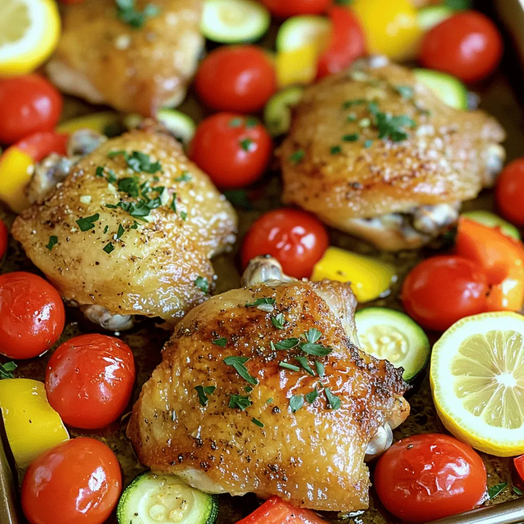 Für das Blechpfannen Hähnchen mit Zitrone und Knoblauch benötigen Sie folgende Zutaten: - 4 Hähnchenschenkel mit Haut und Knochen - 2 Esslöffel Olivenöl - 3 Knoblauchzehen, fein gehackt - 1 Zitrone (Schale und Saft) - 1 Teelöffel getrockneter Oregano - 1 Teelöffel getrockneter Thymian - 1 Teelöffel Paprika - Salz und Pfeffer nach Geschmack - 1 Tasse Cherry-Tomaten, halbiert - 1 rote Paprika, in Streifen geschnitten - 1 gelbe Zucchini, in Scheiben geschnitten - Frischer Petersilie, gehackt (zum Garnieren) Beim Kochen ist die Wahl der frischen Zutaten sehr wichtig. Suchen Sie nach Hähnchenschenkeln, die frisch aussehen und eine rosa Farbe haben. Die Haut sollte glänzend sein. Für das Gemüse wählen Sie lebendige Farben. Die Zucchini sollte fest und ohne Flecken sein. Cherry-Tomaten sollten prall und reif sein. Bei Kräutern achten Sie darauf, dass sie grün und duftend sind. Frische Kräuter machen den Unterschied. Verwenden Sie Petersilie oder Oregano frisch, wenn möglich. Das erhöht den Geschmack Ihres Gerichts. Für mehr Details und die vollständige Zubereitung schauen Sie sich das [Full Recipe](#) an. Heizen Sie Ihren Ofen auf 220 °C vor. Das ist wichtig, damit das Hähnchen schön knusprig wird. In einer großen Schüssel mischen Sie 2 Esslöffel Olivenöl, 3 fein gehackte Knoblauchzehen, den Saft und die Schale von 1 Zitrone, 1 Teelöffel Oregano, 1 Teelöffel Thymian, 1 Teelöffel Paprika, Salz und Pfeffer. Diese Marinade gibt dem Hähnchen einen tollen Geschmack. Legen Sie die Hähnchenschenkel in die Schüssel mit der Marinade. Mischen Sie gut, sodass das Hähnchen überall bedeckt ist. Lassen Sie es 15 bis 30 Minuten marinieren. Je länger das Hähnchen mariniert, desto mehr Geschmack nimmt es auf. Sie können auch eine Tüte verwenden. So verteilt sich die Marinade gleichmäßiger. Bereiten Sie das Gemüse vor. Schneiden Sie die rote Paprika in Streifen und die Zucchini in Scheiben. Teilen Sie 1 Tasse Cherry-Tomaten. Legen Sie das Gemüse auf ein großes Blech und träufeln Sie etwas Olivenöl darüber. Würzen Sie es mit Salz und Pfeffer. Mischen Sie alles gut durch. Nach der Marinierzeit legen Sie die Hähnchenschenkel mit der Haut nach oben auf das Gemüse. Jetzt ist alles bereit für den Ofen! Das Blech kommt für 30 bis 35 Minuten in den vorgeheizten Ofen. Achten Sie darauf, dass das Hähnchen eine Innentemperatur von 75 °C erreicht. Nach dem Rösten lassen Sie das Gericht 5 Minuten ruhen. Garnieren Sie es mit frischer Petersilie, um es noch ansprechender zu machen. Für das vollständige Rezept schauen Sie sich die vollständige Anleitung an. Um das Hähnchen perfekt zu garen, ist die Innentemperatur sehr wichtig. Nutzen Sie ein Fleischthermometer. Die ideale Temperatur liegt bei 75 °C (165 °F). So bleibt das Hähnchen saftig und zart. Achten Sie auch auf die Haut. Sie sollte knusprig und goldbraun sein. Ein guter Trick ist, die Haut vor dem Braten leicht mit Öl zu bestreichen. Dies hilft dabei, die Knusprigkeit zu fördern. Variieren Sie die Gewürze nach Ihrem Geschmack. Fügen Sie mehr Knoblauch hinzu, wenn Sie es mögen. Oder probieren Sie frische Kräuter wie Basilikum oder Rosmarin. Sie können auch mit verschiedenen Zitrusfrüchten experimentieren. Limetten oder Orangen verleihen neue Frische. Denken Sie daran: weniger ist manchmal mehr. Die Präsentation macht einen großen Unterschied. Servieren Sie das Hähnchen direkt auf dem Blech für einen rustikalen Look. Für mehr Eleganz richten Sie es auf einem großen Teller an. Garnieren Sie das Gericht mit frischen Zitronenscheiben. Das sieht nicht nur gut aus, sondern bringt auch frischen Geschmack. Wenn Sie möchten, fügen Sie frische Kräuter hinzu. Das gibt eine schöne Farbe und macht das Gericht noch einladender. Für die vollständige Zubereitung schauen Sie sich das [Full Recipe] an. {{image_4}} Wenn Sie eine vegetarische Variante wünschen, können Sie das Hähnchen durch Tofu ersetzen. Tofu hat eine schwammige Textur. Er nimmt die Aromen gut auf. Marinieren Sie den Tofu genauso wie das Hähnchen. Eine andere Option sind Kichererbsen. Sie bieten einen nussigen Geschmack und viel Protein. So wird das Gericht gesünder und bleibt dennoch schmackhaft. Saisonales Gemüse bringt frische Aromen. Fügen Sie Karotten oder grüne Bohnen hinzu. Sie passen gut zu Zitronen- und Knoblauchgeschmack. Auch Süßkartoffeln sind eine tolle Wahl. Sie bringen Süße und Farbe ins Gericht. Denken Sie an Zucchini oder Brokkoli. Sie sind leicht verfügbar und machen das Essen bunt und gesund. Um das Gericht spannend zu machen, probieren Sie verschiedene Gewürze. Fügen Sie italienische Kräuter wie Basilikum hinzu. Für eine asiatische Note verwenden Sie Sojasauce und Ingwer. Wenn Sie etwas Schärfe mögen, geben Sie Chili oder Paprika dazu. Diese Variationen bringen neue Geschmäcker. Experimentieren Sie mit verschiedenen Kräutern für ein einzigartiges Erlebnis. Finden Sie Ihre Lieblingskombination! Für das vollständige Rezept besuchen Sie [Full Recipe]. Lagern Sie Reste von Blechpfannen Hähnchen mit Zitrone und Knoblauch im Kühlschrank. Nutzen Sie einen luftdichten Behälter. So bleibt das Hähnchen frisch. Stellen Sie sicher, dass es gut abgekühlt ist, bevor Sie es einpacken. Es hält sich bis zu drei Tage. Die beste Methode, um das Gericht aufzuwärmen, ist im Ofen. Heizen Sie den Ofen auf 180 °C (350 °F) vor. Legen Sie das Hähnchen auf ein Backblech und decken Sie es mit Folie ab. So bleibt es saftig. Erwärmen Sie das Hähnchen etwa 15-20 Minuten. Prüfen Sie die Temperatur, sie sollte 75 °C (165 °F) erreichen. Um das Blechpfannen Hähnchen für längere Lagerung einzufrieren, lassen Sie es zuerst abkühlen. Teilen Sie es in Portionen auf und verwenden Sie gefriergeeignete Beutel. Entfernen Sie so viel Luft wie möglich. So bleibt der Geschmack erhalten. Das Hähnchen kann bis zu drei Monate eingefroren werden. Zum Auftauen lassen Sie es im Kühlschrank über Nacht. Ich empfehle, das Hähnchen 15 bis 30 Minuten marinieren zu lassen. Diese Zeit reicht aus, um den Geschmack zu intensivieren. Wenn Sie mehr Zeit haben, können Sie das Hähnchen auch länger marinieren. Einige Köche lassen es über Nacht im Kühlschrank. So wird das Fleisch noch zarter und geschmackvoller. Denken Sie daran, dass eine längere Marinierzeit den Geschmack verstärkt, aber nicht unbedingt besser ist. Ja, Sie können die Zutaten anpassen. Zum Beispiel können Sie das Hähnchen durch Putenbrust oder Tofu ersetzen, wenn Sie eine vegetarische Option wünschen. Auch die Gemüseauswahl lässt sich leicht ändern. Statt Zucchini können Sie Auberginen oder Brokkoli verwenden. Experimentieren Sie mit verschiedenen Kräutern wie Basilikum oder Rosmarin. So machen Sie Ihr Gericht einzigartig. Um sicherzustellen, dass das Hähnchen gar ist, verwenden Sie ein Fleischthermometer. Die Innentemperatur sollte 75 °C (165 °F) erreichen. Eine andere Methode ist, die Haut anzusehen. Sie sollte goldbraun und knusprig sein. Wenn der Saft klar ist und kein rosa Fleisch mehr zu sehen ist, ist das Hähnchen fertig. Lassen Sie es nach dem Garen kurz ruhen, damit die Säfte sich setzen. Das Rezept für Hähnchenschenkel bietet vielschichtige und spannende Optionen. Mit frischen Zutaten schaffen Sie leckere Aromen. Das Marinieren und Anrichten sind einfach und machen das Gericht besonders. Nutzen Sie die Tipps für perfekte Garzeiten und kreative Variationen. So gelingt jeder Wochentag zu einem besonderen Dinner. Experimentieren Sie mit Gewürzen und Gemüse, um Ihr eigenes Lieblingsgericht zu kreieren. Denken Sie daran, Reste richtig zu lagern, um den Genuss zu verlängern. Bereiten Sie sich vor, neue Geschmackserlebnisse zu entdecken!