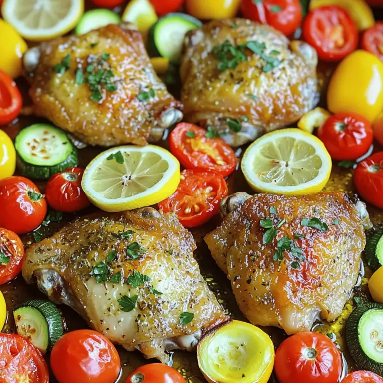 Für das Blechpfannen Hähnchen mit Zitrone und Knoblauch benötigen Sie folgende Zutaten: - 4 Hähnchenschenkel mit Haut und Knochen - 2 Esslöffel Olivenöl - 3 Knoblauchzehen, fein gehackt - 1 Zitrone (Schale und Saft) - 1 Teelöffel getrockneter Oregano - 1 Teelöffel getrockneter Thymian - 1 Teelöffel Paprika - Salz und Pfeffer nach Geschmack - 1 Tasse Cherry-Tomaten, halbiert - 1 rote Paprika, in Streifen geschnitten - 1 gelbe Zucchini, in Scheiben geschnitten - Frischer Petersilie, gehackt (zum Garnieren) Beim Kochen ist die Wahl der frischen Zutaten sehr wichtig. Suchen Sie nach Hähnchenschenkeln, die frisch aussehen und eine rosa Farbe haben. Die Haut sollte glänzend sein. Für das Gemüse wählen Sie lebendige Farben. Die Zucchini sollte fest und ohne Flecken sein. Cherry-Tomaten sollten prall und reif sein. Bei Kräutern achten Sie darauf, dass sie grün und duftend sind. Frische Kräuter machen den Unterschied. Verwenden Sie Petersilie oder Oregano frisch, wenn möglich. Das erhöht den Geschmack Ihres Gerichts. Für mehr Details und die vollständige Zubereitung schauen Sie sich das [Full Recipe](#) an. Heizen Sie Ihren Ofen auf 220 °C vor. Das ist wichtig, damit das Hähnchen schön knusprig wird. In einer großen Schüssel mischen Sie 2 Esslöffel Olivenöl, 3 fein gehackte Knoblauchzehen, den Saft und die Schale von 1 Zitrone, 1 Teelöffel Oregano, 1 Teelöffel Thymian, 1 Teelöffel Paprika, Salz und Pfeffer. Diese Marinade gibt dem Hähnchen einen tollen Geschmack. Legen Sie die Hähnchenschenkel in die Schüssel mit der Marinade. Mischen Sie gut, sodass das Hähnchen überall bedeckt ist. Lassen Sie es 15 bis 30 Minuten marinieren. Je länger das Hähnchen mariniert, desto mehr Geschmack nimmt es auf. Sie können auch eine Tüte verwenden. So verteilt sich die Marinade gleichmäßiger. Bereiten Sie das Gemüse vor. Schneiden Sie die rote Paprika in Streifen und die Zucchini in Scheiben. Teilen Sie 1 Tasse Cherry-Tomaten. Legen Sie das Gemüse auf ein großes Blech und träufeln Sie etwas Olivenöl darüber. Würzen Sie es mit Salz und Pfeffer. Mischen Sie alles gut durch. Nach der Marinierzeit legen Sie die Hähnchenschenkel mit der Haut nach oben auf das Gemüse. Jetzt ist alles bereit für den Ofen! Das Blech kommt für 30 bis 35 Minuten in den vorgeheizten Ofen. Achten Sie darauf, dass das Hähnchen eine Innentemperatur von 75 °C erreicht. Nach dem Rösten lassen Sie das Gericht 5 Minuten ruhen. Garnieren Sie es mit frischer Petersilie, um es noch ansprechender zu machen. Für das vollständige Rezept schauen Sie sich die vollständige Anleitung an. Um das Hähnchen perfekt zu garen, ist die Innentemperatur sehr wichtig. Nutzen Sie ein Fleischthermometer. Die ideale Temperatur liegt bei 75 °C (165 °F). So bleibt das Hähnchen saftig und zart. Achten Sie auch auf die Haut. Sie sollte knusprig und goldbraun sein. Ein guter Trick ist, die Haut vor dem Braten leicht mit Öl zu bestreichen. Dies hilft dabei, die Knusprigkeit zu fördern. Variieren Sie die Gewürze nach Ihrem Geschmack. Fügen Sie mehr Knoblauch hinzu, wenn Sie es mögen. Oder probieren Sie frische Kräuter wie Basilikum oder Rosmarin. Sie können auch mit verschiedenen Zitrusfrüchten experimentieren. Limetten oder Orangen verleihen neue Frische. Denken Sie daran: weniger ist manchmal mehr. Die Präsentation macht einen großen Unterschied. Servieren Sie das Hähnchen direkt auf dem Blech für einen rustikalen Look. Für mehr Eleganz richten Sie es auf einem großen Teller an. Garnieren Sie das Gericht mit frischen Zitronenscheiben. Das sieht nicht nur gut aus, sondern bringt auch frischen Geschmack. Wenn Sie möchten, fügen Sie frische Kräuter hinzu. Das gibt eine schöne Farbe und macht das Gericht noch einladender. Für die vollständige Zubereitung schauen Sie sich das [Full Recipe] an. {{image_4}} Wenn Sie eine vegetarische Variante wünschen, können Sie das Hähnchen durch Tofu ersetzen. Tofu hat eine schwammige Textur. Er nimmt die Aromen gut auf. Marinieren Sie den Tofu genauso wie das Hähnchen. Eine andere Option sind Kichererbsen. Sie bieten einen nussigen Geschmack und viel Protein. So wird das Gericht gesünder und bleibt dennoch schmackhaft. Saisonales Gemüse bringt frische Aromen. Fügen Sie Karotten oder grüne Bohnen hinzu. Sie passen gut zu Zitronen- und Knoblauchgeschmack. Auch Süßkartoffeln sind eine tolle Wahl. Sie bringen Süße und Farbe ins Gericht. Denken Sie an Zucchini oder Brokkoli. Sie sind leicht verfügbar und machen das Essen bunt und gesund. Um das Gericht spannend zu machen, probieren Sie verschiedene Gewürze. Fügen Sie italienische Kräuter wie Basilikum hinzu. Für eine asiatische Note verwenden Sie Sojasauce und Ingwer. Wenn Sie etwas Schärfe mögen, geben Sie Chili oder Paprika dazu. Diese Variationen bringen neue Geschmäcker. Experimentieren Sie mit verschiedenen Kräutern für ein einzigartiges Erlebnis. Finden Sie Ihre Lieblingskombination! Für das vollständige Rezept besuchen Sie [Full Recipe]. Lagern Sie Reste von Blechpfannen Hähnchen mit Zitrone und Knoblauch im Kühlschrank. Nutzen Sie einen luftdichten Behälter. So bleibt das Hähnchen frisch. Stellen Sie sicher, dass es gut abgekühlt ist, bevor Sie es einpacken. Es hält sich bis zu drei Tage. Die beste Methode, um das Gericht aufzuwärmen, ist im Ofen. Heizen Sie den Ofen auf 180 °C (350 °F) vor. Legen Sie das Hähnchen auf ein Backblech und decken Sie es mit Folie ab. So bleibt es saftig. Erwärmen Sie das Hähnchen etwa 15-20 Minuten. Prüfen Sie die Temperatur, sie sollte 75 °C (165 °F) erreichen. Um das Blechpfannen Hähnchen für längere Lagerung einzufrieren, lassen Sie es zuerst abkühlen. Teilen Sie es in Portionen auf und verwenden Sie gefriergeeignete Beutel. Entfernen Sie so viel Luft wie möglich. So bleibt der Geschmack erhalten. Das Hähnchen kann bis zu drei Monate eingefroren werden. Zum Auftauen lassen Sie es im Kühlschrank über Nacht. Ich empfehle, das Hähnchen 15 bis 30 Minuten marinieren zu lassen. Diese Zeit reicht aus, um den Geschmack zu intensivieren. Wenn Sie mehr Zeit haben, können Sie das Hähnchen auch länger marinieren. Einige Köche lassen es über Nacht im Kühlschrank. So wird das Fleisch noch zarter und geschmackvoller. Denken Sie daran, dass eine längere Marinierzeit den Geschmack verstärkt, aber nicht unbedingt besser ist. Ja, Sie können die Zutaten anpassen. Zum Beispiel können Sie das Hähnchen durch Putenbrust oder Tofu ersetzen, wenn Sie eine vegetarische Option wünschen. Auch die Gemüseauswahl lässt sich leicht ändern. Statt Zucchini können Sie Auberginen oder Brokkoli verwenden. Experimentieren Sie mit verschiedenen Kräutern wie Basilikum oder Rosmarin. So machen Sie Ihr Gericht einzigartig. Um sicherzustellen, dass das Hähnchen gar ist, verwenden Sie ein Fleischthermometer. Die Innentemperatur sollte 75 °C (165 °F) erreichen. Eine andere Methode ist, die Haut anzusehen. Sie sollte goldbraun und knusprig sein. Wenn der Saft klar ist und kein rosa Fleisch mehr zu sehen ist, ist das Hähnchen fertig. Lassen Sie es nach dem Garen kurz ruhen, damit die Säfte sich setzen. Das Rezept für Hähnchenschenkel bietet vielschichtige und spannende Optionen. Mit frischen Zutaten schaffen Sie leckere Aromen. Das Marinieren und Anrichten sind einfach und machen das Gericht besonders. Nutzen Sie die Tipps für perfekte Garzeiten und kreative Variationen. So gelingt jeder Wochentag zu einem besonderen Dinner. Experimentieren Sie mit Gewürzen und Gemüse, um Ihr eigenes Lieblingsgericht zu kreieren. Denken Sie daran, Reste richtig zu lagern, um den Genuss zu verlängern. Bereiten Sie sich vor, neue Geschmackserlebnisse zu entdecken!