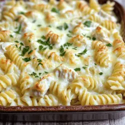 Für den cremigen Hähnchen Alfredo Auflauf benötigst du: - 2 Tassen gekochte Rotini-Pasta - 2 Tassen gekochte Hähnchenbrust, zerkleinert - 1 Tasse Sahne - 1 Tasse geriebener Parmesan-Käse - 1 Tasse geriebener Mozzarella-Käse - 2 Knoblauchzehen, fein gehackt - ½ Teelöffel getrocknete italienische Kräuter - ½ Teelöffel Salz - ¼ Teelöffel schwarzer Pfeffer - 1 Esslöffel Olivenöl - Frische Petersilie, gehackt (zum Garnieren) Um diesen Auflauf zu machen, brauchst du: - Eine große Pfanne - Eine große Schüssel - Eine gefettete Auflaufform (29x23 cm) - Einen Kochlöffel oder eine große Gabel - Ein scharfes Messer und ein Schneidebrett Frische Zutaten machen einen großen Unterschied. Hier sind einige Tipps: - Wähle frische Hähnchenbrust aus, die rosa und fest ist. - Achte darauf, dass die Sahne frisch ist, damit sie besser schmeckt. - Verwende frischen Knoblauch für mehr Geschmack. - Kaufe die Kräuter in kleinen Mengen, um ihre Frische zu gewährleisten. - Wenn möglich, wähle frisch geriebenen Käse. Der schmilzt besser und hat mehr Geschmack. Mit diesen Zutaten und Tipps kannst du sicher sein, dass dein Auflauf ein Hit wird. Für das vollständige Rezept, sieh dir die Anleitung an. Zuerst heize deinen Ofen auf 190 °C vor. Dies gibt deinem Auflauf die perfekte Hitze zum Backen. Du brauchst eine große Auflaufform, um die Mischung gut zu verteilen. Stelle alle Zutaten bereit, damit du schnell arbeiten kannst. Das macht das Kochen einfacher und macht mehr Spaß. Koche zuerst die Rotini-Pasta nach Packungsanweisung. Achte darauf, sie al dente zu kochen. Während die Pasta kocht, erhitze das Olivenöl in einer großen Pfanne. Füge den gehackten Knoblauch hinzu und brate ihn kurz an, bis er duftet. In einer großen Schüssel mische die gekochte Pasta, das zerkleinerte Hähnchen, die Sahne, den Parmesan-Käse, die italienischen Kräuter, das Salz und den Pfeffer. Rühre alles gut um, bis die Zutaten gleichmäßig verteilt sind. Füge die Knoblauchmischung hinzu und vermenge alles gut. Gib die gesamte Mischung in die gefettete Auflaufform. Verteile sie gleichmäßig, damit alles gut durchgebacken wird. Streue den geriebenen Mozzarella-Käse gleichmäßig über die Mischung. Backe den Auflauf 20-25 Minuten lang im Ofen. Der Käse sollte sprudeln und goldbraun sein. Lass den Auflauf nach dem Backen etwas abkühlen. Garniere ihn mit frischer Petersilie, bevor du servierst. Für die vollständige Anleitung schau dir das [Full Recipe] an. Ein paar Fehler können den Auflauf ruinieren. Hier sind einige Tipps, um sie zu vermeiden: - Pasta zu lange kochen: Koche die Rotini nur bis sie al dente sind. Sie garen im Ofen weiter und werden sonst matschig. - Zu wenig Käse: Der Käse macht den Auflauf cremig und lecker. Verwende genug Parmesan und Mozzarella. - Falsche Ofentemperatur: Stelle sicher, dass dein Ofen vorgeheizt ist. So wird der Käse schön goldbraun. Eine gute Käsekruste ist wichtig für den Geschmack. Hier sind einige Tipps: - Käse gleichmäßig verteilen: Streue den Mozzarella gleichmäßig über die Mischung. So schmilzt er gleichmäßig. - Zusätzlicher Käse: Für eine noch bessere Kruste kannst du mehr Mozzarella oder Parmesan oben drauf geben. - Grillfunktion nutzen: Wenn die Kruste nicht goldbraun ist, schalte die Grillfunktion für ein paar Minuten ein. Achte darauf, dass du dabei bleibst. Du kannst den Auflauf auf viele Arten servieren. Hier sind einige Ideen: - Frischer Salat: Ein einfacher grüner Salat passt gut dazu. Er bringt eine frische Note. - Knoblauchbrot: Serviere den Auflauf mit knusprigem Knoblauchbrot. Das ergänzt den cremigen Geschmack perfekt. - Gemüse: Gebratenes oder gedämpftes Gemüse ist eine tolle Beilage. Es macht das Essen bunter und gesünder. Die besten Tipps und Tricks helfen dir, deinen cremigen Hähnchen Alfredo Auflauf zum Hit zu machen! Wenn du mehr erfahren möchtest, schau dir das [Full Recipe] an. {{image_4}} Wenn du auf Fleisch verzichten möchtest, gibt es tolle Alternativen. Ersetze das Hähnchen durch gebratene Champignons oder Zucchini. Du kannst auch Spinat und Brokkoli hinzufügen. Diese Gemüse geben dem Auflauf Geschmack und Nährstoffe. Für mehr Protein, nutze Kichererbsen oder Linsen. So bleibt das Gericht sättigend und lecker. Es gibt viele Wege, das Rezept zu verbessern. Füge frische Kräuter wie Basilikum oder Thymian hinzu. Sie bringen Frische und Aroma. Experimentiere mit verschiedenen Käsesorten. Zum Beispiel kann Gouda oder Cheddar eine neue Geschmacksrichtung bieten. Du kannst auch einen Spritzer Zitronensaft für eine frische Note verwenden. Das macht den Auflauf noch interessanter. Für glutenfreie Esser, ersetze die Rotini-Pasta durch glutenfreie Pasta. Es gibt viele gute Alternativen im Handel. Wenn du laktosefrei bist, nutze laktosefreie Sahne und Käse. Diese Produkte schmecken fast gleich und helfen, Bauchschmerzen zu vermeiden. So kann jeder dein leckeres Gericht genießen. Nachdem du deinen cremigen Hähnchen Alfredo Auflauf genossen hast, bleiben oft Reste übrig. Du kannst den Auflauf einfach in einem luftdichten Behälter aufbewahren. Stelle sicher, dass der Auflauf vollständig abgekühlt ist, bevor du ihn lagerst. So bleibt seine Frische länger erhalten. Im Kühlschrank hält er sich etwa 3 bis 4 Tage. Wenn du den Auflauf länger aufbewahren möchtest, friere ihn ein. Teile den Auflauf in Portionsgrößen auf, damit du nur das auftauen kannst, was du brauchst. Wickele die Portionen gut in Frischhaltefolie ein und lege sie in einen gefrierfesten Behälter. Der Auflauf bleibt bis zu 3 Monate gefroren genießbar. Achte darauf, das Datum auf dem Behälter zu notieren. Um die Reste wieder aufzuwärmen, empfehle ich die Verwendung des Ofens. Heize ihn auf 180 °C (350 °F) vor. Lege den Auflauf in eine Auflaufform und decke ihn mit Aluminiumfolie ab. Das hält die Feuchtigkeit und verhindert, dass der Käse verbrennt. Erwärme den Auflauf für 20 bis 25 Minuten, bis er heiß ist. Du kannst auch die Mikrowelle benutzen, aber der Ofen sorgt für eine bessere Textur. Wenn du magst, streue etwas frischen Käse darüber, bevor du ihn in den Ofen gibst. So wird der Auflauf wieder schön cremig und lecker. Der Auflauf hält sich gut im Kühlschrank für etwa 3 bis 4 Tage. Bewahre ihn in einem luftdichten Behälter auf. So bleibt er frisch und lecker. Wenn du ihn aufbewahrst, lasse ihn zuerst abkühlen. So vermeidest du, dass Kondenswasser im Behälter entsteht. Ja, frische Kräuter bringen einen tollen Geschmack. Du kannst Basilikum, Oregano oder Petersilie verwenden. Die Menge kann höher sein, da frische Kräuter milder sind. Ein Esslöffel frische Kräuter ist oft genug, um Geschmack zu geben. Füge sie gerne beim Kochen hinzu, um einen frischen Kick zu erreichen. Um mehr Portionen zu machen, verdopple die Zutaten. Achte darauf, eine größere Auflaufform zu nutzen. Backe den Auflauf etwas länger, damit alles gut durchgegart ist. Überprüfe den Käse, um sicherzustellen, dass er goldbraun wird. Dies ist eine tolle Möglichkeit, um Gäste zu bewirten oder eine große Familie zu füttern. In diesem Artikel haben wir alle Zutaten und Geräte besprochen, die für das Rezept nötig sind. Ich habe eine Schritt-für-Schritt-Anleitung gegeben, um den Auflauf perfekt zuzubereiten. Zudem haben wir Tipps für frische Zutaten und häufige Fehler behandelt. Verschiedene Variationen und Lagerungshinweise bieten dir viele Optionen. Denke daran, kreativ zu sein und das Rezept nach deinem Geschmack anzupassen. Mit den richtigen Tipps wird dein Auflauf köstlich und einzigartig. Lass deiner Kochkunst freien Lauf und genieße die leckeren Ergebnisse!