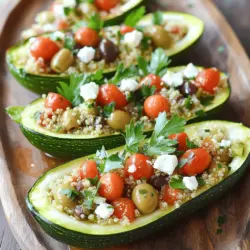 Um die perfekten gefüllten Zucchini-Boote zu machen, brauchen Sie: - 4 mittelgroße Zucchini - 1 Tasse gekochte Quinoa - 1 Tasse Kirschtomaten, halbiert - 1/2 Tasse Feta-Käse, zerbröselt - 1/2 Tasse Kalamata-Oliven, entsteint und gehackt - 1 kleine rote Zwiebel, fein gehackt - 2 Knoblauchzehen, gehackt - 1 Teelöffel getrockneter Oregano - 1 Teelöffel getrockneter Basilikum - Salz und Pfeffer nach Geschmack - 2 Esslöffel Olivenöl - Frische Petersilie, gehackt (zur Garnierung) Um die Zucchini-Boote noch besser zu machen, können einige besondere Zutaten helfen. Zum Beispiel: - Fügen Sie einige geröstete Pinienkerne hinzu. Sie bringen Crunch und Geschmack. - Ein Spritzer Zitronensaft sorgt für Frische und hebt die Aromen an. - Verwenden Sie verschiedene Käsesorten wie Mozzarella für eine cremige Textur. Wählen Sie die besten Zucchini für Ihre Boote. Achten Sie dabei auf: - Größe: Mittelgroße Zucchini sind ideal. Sie sind zart und einfach zu füllen. - Farbe: Suchen Sie nach glänzenden, tiefgrünen Zucchini. Vermeiden Sie matte oder fleckige Zucchini. - Festigkeit: Drücken Sie leicht auf die Zucchini. Sie sollte fest und knackig sein. Weiche Zucchini sind nicht frisch. Mit diesen Zutaten und Tipps gelingt Ihnen ein köstliches Gericht. Für die vollständige Anleitung schauen Sie sich das [Full Recipe] an. Zuerst heizen Sie den Ofen auf 190°C vor. Dann nehmen Sie die Zucchini und schneiden sie längs durch. Mit einem Löffel höhlen Sie das Innere aus. Bewahren Sie das Zucchini-Fleisch auf, denn das nutzen wir später. Legen Sie die ausgehöhlten Zucchini-Boote in eine Auflaufform. Diese Form hilft beim Backen und hält alles zusammen. Erhitzen Sie nun 2 Esslöffel Olivenöl in einer Pfanne bei mittlerer Hitze. Fügen Sie die gehackte rote Zwiebel und den gehackten Knoblauch hinzu. Sautieren Sie sie für 3-4 Minuten, bis sie weich sind. Jetzt kommt das aufbewahrte Zucchini-Fleisch in die Pfanne. Fügen Sie auch die halbierten Kirschtomaten, Kalamata-Oliven, Oregano, Basilikum, Salz und Pfeffer hinzu. Kochen Sie alles für weitere 5 Minuten und rühren Sie gut um. Wenn die Tomaten etwas Saft verlieren, ist es perfekt. Nehmen Sie die Pfanne vom Herd und fügen Sie 1 Tasse gekochte Quinoa und 1/2 Tasse zerbröselten Feta-Käse hinzu. Rühren Sie alles gut um. Jetzt ist es Zeit, die Zucchini-Boote zu füllen. Nehmen Sie die Quinoamischung und drücken Sie sie sanft in jedes Boot. Achten Sie darauf, dass sie gut gefüllt sind. Backen Sie die gefüllten Zucchini-Boote im Ofen für 25-30 Minuten. Sie sind fertig, wenn die Zucchini weich ist. Lassen Sie sie kurz abkühlen und garnieren Sie sie mit frisch gehackter Petersilie. Servieren Sie die gefüllten Zucchini-Boote heiß für ein wunderbares Gericht. Für das vollständige Rezept schauen Sie sich die Anleitung an. Um die beste Füllung zu erreichen, achten Sie auf die Mischung. Kombinieren Sie die Quinoa mit frischen Zutaten. Der Feta-Käse sorgt für Cremigkeit. Vermeiden Sie zu viel Flüssigkeit. Zu viel Saft macht die Füllung matschig. Backen Sie die Zucchini nicht zu lange. Ich empfehle eine Backzeit von 25 bis 30 Minuten. Überprüfen Sie die Zucchini nach 20 Minuten. Sie sollten weich sein, aber nicht zerfallen. Ein guter Test ist, mit einer Gabel leicht hinein zu stechen. Wenn sie zart sind, sind sie perfekt. Servieren Sie die gefüllten Zucchini-Boote heiß. Garnieren Sie sie mit frischer Petersilie. Ein Spritzer Olivenöl bringt zusätzlichen Geschmack. Diese Boote passen gut zu einem frischen Salat oder knusprigem Brot. Genießen Sie die Aromen und die Farben auf dem Teller! Diese Tipps helfen Ihnen, das Beste aus Ihren gefüllten Zucchini zu holen. Entdecken Sie auch den [Full Recipe] für mehr Details. {{image_4}} Wenn Sie eine vegetarische Option möchten, gibt es viele Möglichkeiten. Sie können die Quinoa durch braunen Reis ersetzen. Fügen Sie mehr Gemüse hinzu, wie Paprika oder Spinat. Diese Zutaten bringen Farbe und Nährstoffe. Auch Kichererbsen passen gut. Sie geben der Füllung einen tollen Biss. Für eine Low-Carb-Version können Sie die Quinoa weglassen. Stattdessen nutzen Sie Blumenkohlreis. Hacken Sie Blumenkohl in winzige Stücke und dämpfen Sie ihn. Er ist leicht und gesund. Fügen Sie mehr Käse hinzu, um den Geschmack zu verbessern. Auch Zucchini-Nudeln funktionieren gut in der Füllung. Diese Alternativen machen die Zucchini-Boote leicht und lecker. Hier können Sie Ihrer Fantasie freien Lauf lassen! Fügen Sie verschiedene Kräuter oder Gewürze hinzu, um den Geschmack zu variieren. Zum Beispiel können Sie frischen Schnittlauch oder Thymian verwenden. Auch verschiedene Käsesorten sind möglich, wie Gouda oder Parmesan. Diese Variationen bringen neue Aromen in die gefüllten Zucchini-Boote. Experimentieren Sie mit verschiedenen Nüssen oder Samen für einen knusprigen Effekt. Wenn Sie mehr über gefüllte Zucchini-Boote erfahren möchten, schauen Sie sich das [Full Recipe] an. Gefüllte Zucchini-Boote sind einfach zu lagern. Bewahren Sie die Reste in einem luftdichten Behälter auf. Sie bleiben frisch für bis zu drei Tage. Kühlen Sie sie sofort nach dem Abkühlen. So bleiben die Aromen erhalten und die Zucchini bleibt nicht matschig. Wenn Sie mehr Zeit sparen möchten, frieren Sie die gefüllten Zucchini-Boote ein. Wickeln Sie jedes Boot gut in Frischhaltefolie ein. Legen Sie sie dann in einen gefrierfesten Behälter. So bleiben sie bis zu drei Monate frisch. Denken Sie daran, sie vollständig abzukühlen, bevor Sie sie einfrieren. Um die Zucchini-Boote wieder aufzuwärmen, nutzen Sie den Ofen. Heizen Sie ihn auf 180°C vor. Legen Sie die Zucchini-Boote in eine Auflaufform und decken Sie diese mit Folie ab. So bleibt die Füllung saftig. Erwärmen Sie sie etwa 15-20 Minuten oder bis sie heiß sind. Genießen Sie die leckeren Aromen! Gefüllte Zucchini-Boote bleiben im Kühlschrank etwa 3 bis 5 Tage frisch. Packen Sie sie gut ein, um den Geschmack zu bewahren. Bei richtiger Lagerung bleiben sie lecker und saftig. Ja, Sie können die Zucchini-Boote im Voraus zubereiten. Füllen Sie sie einfach und stellen Sie sie in den Kühlschrank. Backen Sie sie dann, wenn Sie bereit sind zu essen. So sparen Sie Zeit, besonders an hektischen Tagen. Zu gefüllten Zucchini-Boote passen viele Beilagen. Ein frischer Salat ist ideal. Auch Quinoa oder Reis ergänzen das Gericht gut. Sie können auch etwas Brot dazu servieren, um die Aromen zu verstärken. Gefüllte Zucchini-Boote sind einfach und lecker. Wir haben die besten Zutaten, eine Schritt-für-Schritt-Anleitung und wertvolle Tipps durchgenommen. Variationen machen das Gericht spannend und die Aufbewahrung ist ebenfalls leicht. Egal, ob Sie Vegetarier sind oder einen gesunden Snack suchen, diese Zucchini-Boote passen zu jedem. Genießen Sie die Aromen und lassen Sie Ihrer Kreativität freien Lauf. Probieren Sie es aus und lassen Sie sich von den Möglichkeiten überraschen!
