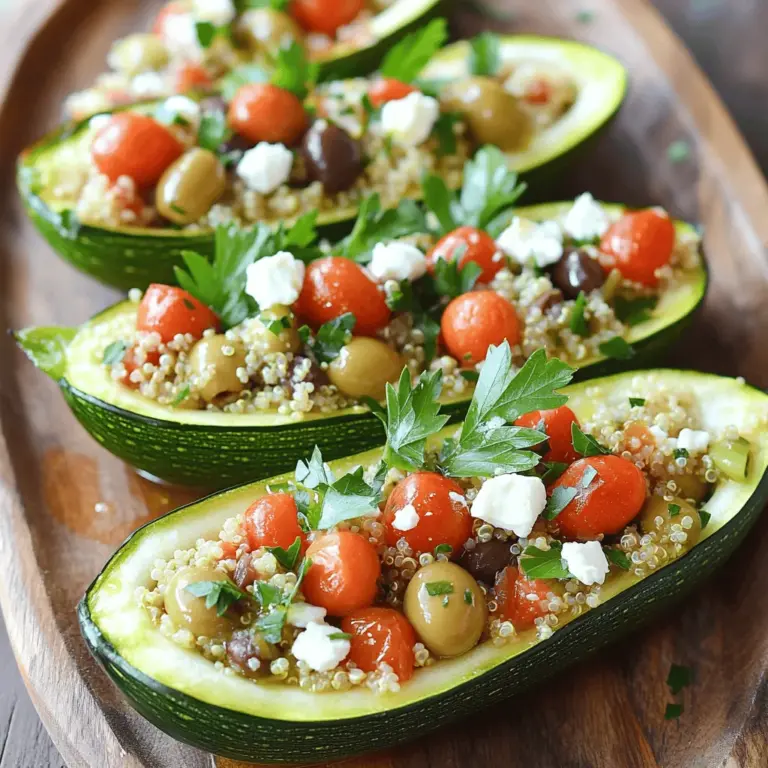 Um die perfekten gefüllten Zucchini-Boote zu machen, brauchen Sie: - 4 mittelgroße Zucchini - 1 Tasse gekochte Quinoa - 1 Tasse Kirschtomaten, halbiert - 1/2 Tasse Feta-Käse, zerbröselt - 1/2 Tasse Kalamata-Oliven, entsteint und gehackt - 1 kleine rote Zwiebel, fein gehackt - 2 Knoblauchzehen, gehackt - 1 Teelöffel getrockneter Oregano - 1 Teelöffel getrockneter Basilikum - Salz und Pfeffer nach Geschmack - 2 Esslöffel Olivenöl - Frische Petersilie, gehackt (zur Garnierung) Um die Zucchini-Boote noch besser zu machen, können einige besondere Zutaten helfen. Zum Beispiel: - Fügen Sie einige geröstete Pinienkerne hinzu. Sie bringen Crunch und Geschmack. - Ein Spritzer Zitronensaft sorgt für Frische und hebt die Aromen an. - Verwenden Sie verschiedene Käsesorten wie Mozzarella für eine cremige Textur. Wählen Sie die besten Zucchini für Ihre Boote. Achten Sie dabei auf: - Größe: Mittelgroße Zucchini sind ideal. Sie sind zart und einfach zu füllen. - Farbe: Suchen Sie nach glänzenden, tiefgrünen Zucchini. Vermeiden Sie matte oder fleckige Zucchini. - Festigkeit: Drücken Sie leicht auf die Zucchini. Sie sollte fest und knackig sein. Weiche Zucchini sind nicht frisch. Mit diesen Zutaten und Tipps gelingt Ihnen ein köstliches Gericht. Für die vollständige Anleitung schauen Sie sich das [Full Recipe] an. Zuerst heizen Sie den Ofen auf 190°C vor. Dann nehmen Sie die Zucchini und schneiden sie längs durch. Mit einem Löffel höhlen Sie das Innere aus. Bewahren Sie das Zucchini-Fleisch auf, denn das nutzen wir später. Legen Sie die ausgehöhlten Zucchini-Boote in eine Auflaufform. Diese Form hilft beim Backen und hält alles zusammen. Erhitzen Sie nun 2 Esslöffel Olivenöl in einer Pfanne bei mittlerer Hitze. Fügen Sie die gehackte rote Zwiebel und den gehackten Knoblauch hinzu. Sautieren Sie sie für 3-4 Minuten, bis sie weich sind. Jetzt kommt das aufbewahrte Zucchini-Fleisch in die Pfanne. Fügen Sie auch die halbierten Kirschtomaten, Kalamata-Oliven, Oregano, Basilikum, Salz und Pfeffer hinzu. Kochen Sie alles für weitere 5 Minuten und rühren Sie gut um. Wenn die Tomaten etwas Saft verlieren, ist es perfekt. Nehmen Sie die Pfanne vom Herd und fügen Sie 1 Tasse gekochte Quinoa und 1/2 Tasse zerbröselten Feta-Käse hinzu. Rühren Sie alles gut um. Jetzt ist es Zeit, die Zucchini-Boote zu füllen. Nehmen Sie die Quinoamischung und drücken Sie sie sanft in jedes Boot. Achten Sie darauf, dass sie gut gefüllt sind. Backen Sie die gefüllten Zucchini-Boote im Ofen für 25-30 Minuten. Sie sind fertig, wenn die Zucchini weich ist. Lassen Sie sie kurz abkühlen und garnieren Sie sie mit frisch gehackter Petersilie. Servieren Sie die gefüllten Zucchini-Boote heiß für ein wunderbares Gericht. Für das vollständige Rezept schauen Sie sich die Anleitung an. Um die beste Füllung zu erreichen, achten Sie auf die Mischung. Kombinieren Sie die Quinoa mit frischen Zutaten. Der Feta-Käse sorgt für Cremigkeit. Vermeiden Sie zu viel Flüssigkeit. Zu viel Saft macht die Füllung matschig. Backen Sie die Zucchini nicht zu lange. Ich empfehle eine Backzeit von 25 bis 30 Minuten. Überprüfen Sie die Zucchini nach 20 Minuten. Sie sollten weich sein, aber nicht zerfallen. Ein guter Test ist, mit einer Gabel leicht hinein zu stechen. Wenn sie zart sind, sind sie perfekt. Servieren Sie die gefüllten Zucchini-Boote heiß. Garnieren Sie sie mit frischer Petersilie. Ein Spritzer Olivenöl bringt zusätzlichen Geschmack. Diese Boote passen gut zu einem frischen Salat oder knusprigem Brot. Genießen Sie die Aromen und die Farben auf dem Teller! Diese Tipps helfen Ihnen, das Beste aus Ihren gefüllten Zucchini zu holen. Entdecken Sie auch den [Full Recipe] für mehr Details. {{image_4}} Wenn Sie eine vegetarische Option möchten, gibt es viele Möglichkeiten. Sie können die Quinoa durch braunen Reis ersetzen. Fügen Sie mehr Gemüse hinzu, wie Paprika oder Spinat. Diese Zutaten bringen Farbe und Nährstoffe. Auch Kichererbsen passen gut. Sie geben der Füllung einen tollen Biss. Für eine Low-Carb-Version können Sie die Quinoa weglassen. Stattdessen nutzen Sie Blumenkohlreis. Hacken Sie Blumenkohl in winzige Stücke und dämpfen Sie ihn. Er ist leicht und gesund. Fügen Sie mehr Käse hinzu, um den Geschmack zu verbessern. Auch Zucchini-Nudeln funktionieren gut in der Füllung. Diese Alternativen machen die Zucchini-Boote leicht und lecker. Hier können Sie Ihrer Fantasie freien Lauf lassen! Fügen Sie verschiedene Kräuter oder Gewürze hinzu, um den Geschmack zu variieren. Zum Beispiel können Sie frischen Schnittlauch oder Thymian verwenden. Auch verschiedene Käsesorten sind möglich, wie Gouda oder Parmesan. Diese Variationen bringen neue Aromen in die gefüllten Zucchini-Boote. Experimentieren Sie mit verschiedenen Nüssen oder Samen für einen knusprigen Effekt. Wenn Sie mehr über gefüllte Zucchini-Boote erfahren möchten, schauen Sie sich das [Full Recipe] an. Gefüllte Zucchini-Boote sind einfach zu lagern. Bewahren Sie die Reste in einem luftdichten Behälter auf. Sie bleiben frisch für bis zu drei Tage. Kühlen Sie sie sofort nach dem Abkühlen. So bleiben die Aromen erhalten und die Zucchini bleibt nicht matschig. Wenn Sie mehr Zeit sparen möchten, frieren Sie die gefüllten Zucchini-Boote ein. Wickeln Sie jedes Boot gut in Frischhaltefolie ein. Legen Sie sie dann in einen gefrierfesten Behälter. So bleiben sie bis zu drei Monate frisch. Denken Sie daran, sie vollständig abzukühlen, bevor Sie sie einfrieren. Um die Zucchini-Boote wieder aufzuwärmen, nutzen Sie den Ofen. Heizen Sie ihn auf 180°C vor. Legen Sie die Zucchini-Boote in eine Auflaufform und decken Sie diese mit Folie ab. So bleibt die Füllung saftig. Erwärmen Sie sie etwa 15-20 Minuten oder bis sie heiß sind. Genießen Sie die leckeren Aromen! Gefüllte Zucchini-Boote bleiben im Kühlschrank etwa 3 bis 5 Tage frisch. Packen Sie sie gut ein, um den Geschmack zu bewahren. Bei richtiger Lagerung bleiben sie lecker und saftig. Ja, Sie können die Zucchini-Boote im Voraus zubereiten. Füllen Sie sie einfach und stellen Sie sie in den Kühlschrank. Backen Sie sie dann, wenn Sie bereit sind zu essen. So sparen Sie Zeit, besonders an hektischen Tagen. Zu gefüllten Zucchini-Boote passen viele Beilagen. Ein frischer Salat ist ideal. Auch Quinoa oder Reis ergänzen das Gericht gut. Sie können auch etwas Brot dazu servieren, um die Aromen zu verstärken. Gefüllte Zucchini-Boote sind einfach und lecker. Wir haben die besten Zutaten, eine Schritt-für-Schritt-Anleitung und wertvolle Tipps durchgenommen. Variationen machen das Gericht spannend und die Aufbewahrung ist ebenfalls leicht. Egal, ob Sie Vegetarier sind oder einen gesunden Snack suchen, diese Zucchini-Boote passen zu jedem. Genießen Sie die Aromen und lassen Sie Ihrer Kreativität freien Lauf. Probieren Sie es aus und lassen Sie sich von den Möglichkeiten überraschen!