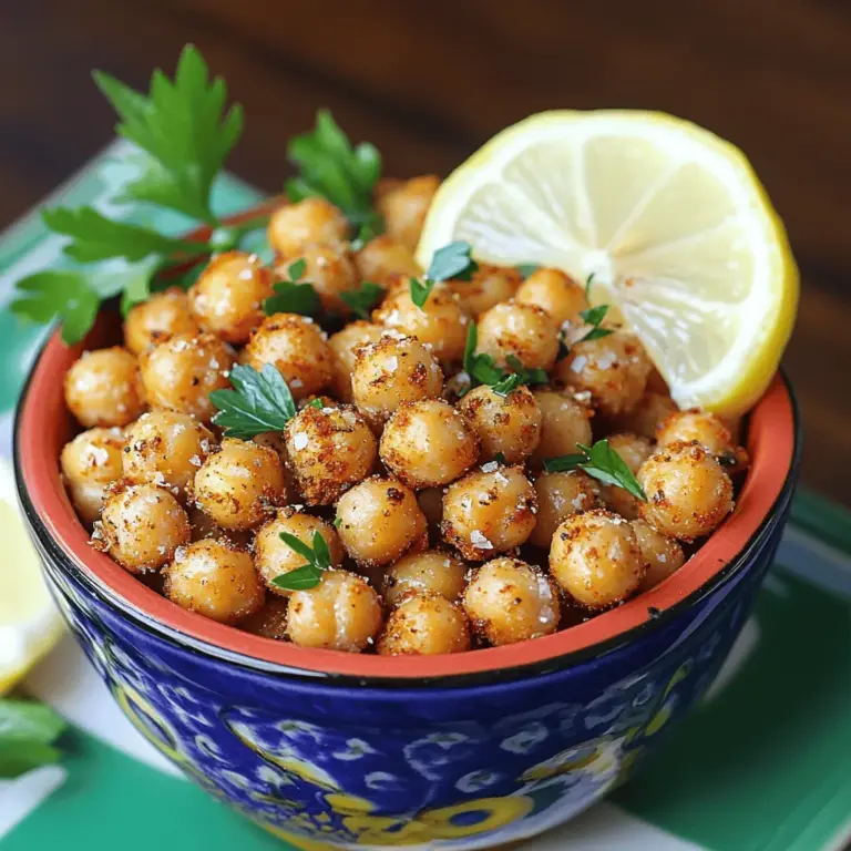 Um knusprige Röstkichererbsen zu machen, brauchst du einige einfache Zutaten. Diese sind die Basis für den tollen Snack. Du benötigst: - 1 Dose (425 g) Kichererbsen, abgetropft und abgespült - 2 Esslöffel Olivenöl Die richtige Mischung macht den Unterschied! Hier sind die Gewürze, die du hinzufügen solltest: - 1 Teelöffel geräuchertes Paprikapulver - 1/2 Teelöffel Knoblauchpulver - 1/2 Teelöffel gemahlener Kreuzkümmel - 1/4 Teelöffel Cayennepfeffer (nach Geschmack anpassen) - 1 Teelöffel Meersalz - Frisch gemahlener schwarzer Pfeffer, nach Geschmack - 1 Esslöffel Zitronensaft (optional für einen zusätzlichen Frischekick) Diese Gewürze geben den Kichererbsen einen tollen Kick. Geräuchertes Paprikapulver fügt Tiefe hinzu. Cayennepfeffer bringt die Schärfe. Falls du keine Kichererbsen hast, kannst du andere Bohnen verwenden. Schwarze Bohnen oder weiße Bohnen funktionieren gut. Für das Öl kannst du auch Avocadoöl benutzen. Es hat einen milden Geschmack und ist gesund. Wenn du keine Gewürze hast, probiere andere Aromen. Zwiebelpulver oder italienische Kräuter können auch gut schmecken. Dein Snack, deine Wahl! Für das vollständige Rezept, schau dir die [Full Recipe] an. Zuerst öffnen Sie die Dose mit Kichererbsen. Gießen Sie das Wasser ab und spülen Sie die Kichererbsen gut ab. Trocknen Sie sie dann gründlich mit einem sauberen Handtuch. Wassertropfen machen die Kichererbsen weich statt knusprig. Achten Sie darauf, dass sie vollkommen trocken sind. In einer großen Schüssel geben Sie die trockenen Kichererbsen. Fügen Sie 2 Esslöffel Olivenöl hinzu. Dann kommen die Gewürze: 1 Teelöffel geräuchertes Paprikapulver, 1/2 Teelöffel Knoblauchpulver, 1/2 Teelöffel Kreuzkümmel und 1/4 Teelöffel Cayennepfeffer. Nach Geschmack können Sie auch etwas Meersalz und schwarzen Pfeffer dazugeben. Mischen Sie alles gut, bis die Kichererbsen gleichmäßig bedeckt sind. Heizen Sie den Ofen auf 200 °C vor. Breiten Sie die Kichererbsen auf einem mit Backpapier belegten Blech aus. Achten Sie darauf, dass sie sich nicht überlappen. So werden sie gleichmäßig knusprig. Rösten Sie die Kichererbsen für 30-35 Minuten. Schütteln Sie das Blech in der Mitte der Zeit. Nach dem Röstprozess können Sie etwas Zitronensaft darüber träufeln. Lassen Sie sie kurz abkühlen, damit sie noch knuspriger werden. Genießen Sie die Röstkichererbsen als Snack oder als Salattopping. Für die vollständige Anleitung schauen Sie in das [Full Recipe]. Um die besten Röstkichererbsen zu machen, beginne mit guten Kichererbsen. Verwende frische oder gut abgetropfte Konserven. Trockne die Kichererbsen gründlich. Feuchtigkeit führt zu weniger Knusprigkeit. Das richtige Öl ist wichtig. Olivenöl sorgt für Geschmack und hilft beim Rösten. Die Gewürze sollten gleichmäßig verteilt sein. Mische sie gut mit den Kichererbsen, damit jede Bohne den vollen Geschmack hat. Ein häufiger Fehler ist das Überfüllen des Backblechs. Wenn die Kichererbsen zu eng liegen, garen sie nicht gleichmäßig. Das Ergebnis sind weiche statt knusprige Kichererbsen. Ein weiterer Fehler ist das Ignorieren der Ofentemperatur. Halte dich an 200 °C für die besten Ergebnisse. Wenn du die Kichererbsen nicht genug schüttelst, werden sie ungleichmäßig knusprig. Schüttle das Blech alle 15 Minuten für gleichmäßiges Rösten. Die ideale Temperatur für Röstkichererbsen ist 200 °C. Bei dieser Temperatur werden sie schön knusprig. Röste sie für 30 bis 35 Minuten. Überprüfe sie nach 15 Minuten. Schüttle das Blech, um sicherzustellen, dass sie gleichmäßig garen. Nach dem Rösten lasse sie einige Minuten abkühlen. Sie werden beim Abkühlen noch knuspriger. Für mehr Geschmack, träufle Zitronensaft direkt nach dem Rösten darüber. Für das vollständige Rezept, sieh dir die [Full Recipe] an. {{image_4}} Knusprige Röstkichererbsen sind sehr vielseitig. Du kannst sie süß oder herzhaft zubereiten. Für eine süße Version kannst du Zimt und Honig hinzufügen. Diese Mischung macht die Kichererbsen zu einem tollen Snack. Herzhafte Varianten sind ebenfalls einfach. Probiere italienische Kräuter oder Curry-Gewürze. Diese bringen aufregende Aromen. Röstkichererbsen sind natürlich vegan und glutenfrei. Das macht sie zu einer perfekten Snack-Option. Du kannst sie auch für spezielle Diäten anpassen. Verwende Kokosöl für einen anderen Geschmack. Füge Nüsse oder Samen hinzu, um die Nährstoffe zu erhöhen. Diese Snacks sind gut für alle. Um den Geschmack zu verbessern, kannst du viele kreative Ergänzungen verwenden. Füge geräucherte Paprika oder Chili-Flocken hinzu. Das gibt einen tollen Kick! Auch Nährhefe ist eine gute Wahl. Sie sorgt für einen käsigen Geschmack. Wenn du gerne experimentierst, versuche verschiedene Kombinationen. So findest du deine perfekte Mischung. Um Röstkichererbsen frisch zu halten, lege sie in einen luftdichten Behälter. Dies schützt sie vor Feuchtigkeit. Stelle den Behälter an einen kühlen, dunklen Ort. Vermeide direkte Sonneneinstrahlung und Hitzequellen. So bleibt die Knusprigkeit länger erhalten. Röstkichererbsen halten sich bis zu einer Woche. Achte darauf, keine Feuchtigkeit in den Behälter zu bringen. Wenn sie weich werden, kannst du sie im Ofen aufbacken. Stelle den Ofen auf 180 °C ein und röste sie für 5-10 Minuten. Das bringt die Knusprigkeit zurück. Falls du Kichererbsen übrig hast, nutze sie kreativ. Füge sie zu Salaten hinzu, um mehr Textur zu bekommen. Du kannst sie auch in Suppen geben oder pürieren für Hummus. Mixe sie mit Joghurt und Gewürzen für einen schnellen Dip. Die Möglichkeiten sind endlos! Selbstgemachte Röstkichererbsen halten in einem luftdichten Behälter etwa 3 bis 5 Tage. Sie werden mit der Zeit weniger knusprig, also am besten frisch genießen. Ich empfehle, sie bei Zimmertemperatur zu lagern. Wenn Sie sie länger aufbewahren möchten, können Sie sie einfrieren. Vor dem Servieren einfach im Ofen aufwärmen. Ja, Sie können Kichererbsen im Voraus zubereiten. Bereiten Sie sie einfach nach dem Rezept zu und lassen Sie sie abkühlen. Bewahren Sie sie in einem luftdichten Behälter auf. Sie können sie dann bei Bedarf aufwärmen. Achten Sie darauf, sie im Ofen kurz zu rösten, um die Knusprigkeit zurückzubringen. Röstkichererbsen schmecken toll mit verschiedenen Dips. Hier sind einige meiner Favoriten: - Hummus: Klassisch und cremig, ideal für einen herzhaften Snack. - Joghurtsoße: Frisch und kühl, perfekt für einen Sommerabend. - Guacamole: Cremig und lecker, bringt einen neuen Twist. - Salsa: Für einen würzigen Kick, besonders gut mit Tortilla-Chips. Probieren Sie verschiedene Kombinationen, um Ihren perfekten Snack zu finden! Röstkichererbsen sind knusprig, lecker und einfach zuzubereiten. In diesem Beitrag haben wir die Hauptzutaten und Gewürze besprochen, die Ihre Röstkichererbsen zum Hit machen. Die Schritte zur perfekten Zubereitung sind klar und einfach. Ich habe Ihnen auch nützliche Tipps gegeben, um häufige Fehler zu vermeiden. Variationen bieten viele Möglichkeiten, von süß bis herzhaft. Denken Sie auch an die richtige Lagerung und Dips, um den Genuss zu steigern. Probieren Sie es aus und genießen Sie Ihre eigenen Röstkichererbsen!