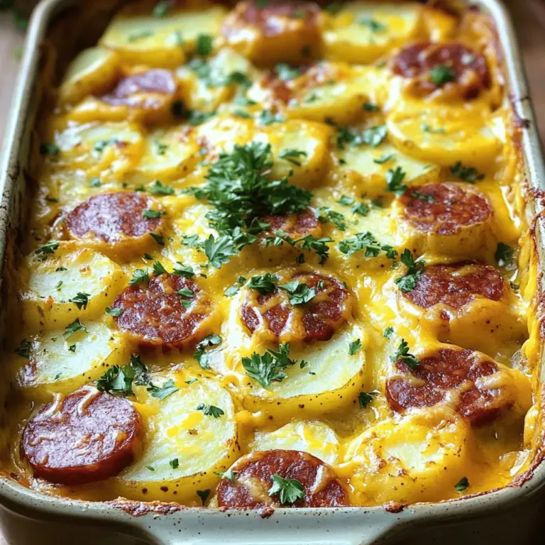 - 500 g geräucherte Kielbasa, in Scheiben geschnitten - 800 g festkochende Kartoffeln, geschält und gewürfelt - 200 g geriebener Käse (z. B. Cheddar und Gouda gemischt)