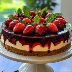 - 200 g Kekse (z. B. Butterkekse) - 100 g geschmolzene Butter - 400 g Frischkäse, zimmerwarm - 200 g Zucker - 2 große Eier - 200 ml Sahne - 150 g geschmolzene Zartbitterschokolade - 1 Teelöffel Vanilleextrakt - 250 g frische Erdbeeren, gewaschen und halbiert - 50 g Erdbeermarmelade