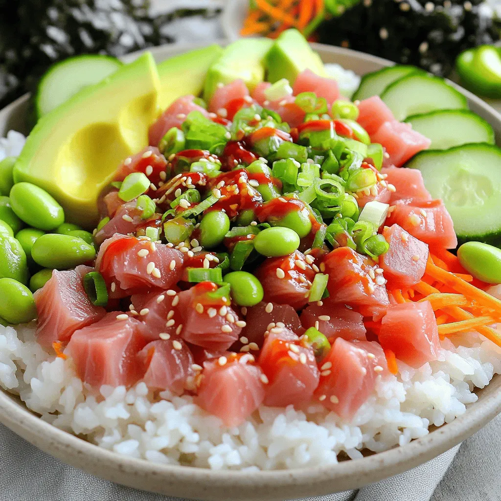 - Sushi-Reis: Er bildet die Basis der Bowl und sorgt für die nötige Textur. - Thunfisch in Sushi-Qualität: Wähle frischen, roten Thunfisch. Achte darauf, dass er für Sushi geeignet ist. - Gemüseauswahl: Verwende Avocado, Gurke und Edamame. Diese bringen Frische und Farbe in das Gericht. - Reisessig: Er gibt dem Reis einen milden, süßen Geschmack. - Sriracha-Sauce: Diese scharfe Soße bringt das Feuer in den Poke Bowl. - Sesamöl: Ein paar Tropfen sorgen für ein nussiges Aroma. - Mayonnaise (Kewpie): Diese japanische Mayonnaise macht die Thunfischmischung cremig und lecker. - Sesamkörner: Diese kleinen Körner fügen Crunch und Geschmack hinzu. - Frühlingszwiebeln: In Ringen geschnitten, bringen sie Frische und Farbe. - Wakame-Salat: Dieser Algensalat ist eine tolle Ergänzung. - Nori-Blätter: In Streifen geschnitten, kann man sie optional für zusätzlichen Crunch verwenden. Für das vollständige Rezept und die Zubereitung, schaue dir die [Full Recipe] an. Zuerst spüle den Sushi-Reis gründlich. Nutze kaltes Wasser, bis es klar ist. Das ist wichtig, um die Klebrigkeit zu reduzieren. Gib dann den gewaschenen Reis und 1 1/4 Tassen Wasser in einen Topf. Lasse es zum Kochen bringen. Reduziere die Hitze, decke den Topf ab und lasse den Reis 15 Minuten köcheln. Danach nimm den Topf vom Herd. Lasse den Reis für weitere 10 Minuten ruhen, damit er die restliche Feuchtigkeit aufnehmen kann. Um den Reis zu würzen, vermische in einer kleinen Schüssel 1 Esslöffel Reisessig, 1 Teelöffel Zucker und 1/2 Teelöffel Salz. Rühre, bis sich alles auflöst. Nimm dann den Deckel vom Reis ab und hebe die Würzmischung vorsichtig unter. Lasse den gewürzten Reis auf Raumtemperatur abkühlen. Für die Thunfischmischung nimm 225 Gramm gewürfelten Thunfisch. In einer separaten Schüssel kombiniere den Thunfisch mit 2 Esslöffeln Mayonnaise, 1 Esslöffel Sriracha und 1 Teelöffel Sesamöl. Mische alles vorsichtig, bis der Thunfisch gleichmäßig bedeckt ist. Du kannst die Sriracha nach deinem Schärfewunsch anpassen. Jetzt ist es Zeit, die Bowl zusammenzustellen. Verteile den abgekühlten Sushi-Reis gleichmäßig auf zwei Schalen. Belege den Reis mit der Thunfischmischung. Danach schichte die Avocado, Gurke, Edamame, geriebene Karotten und den eingelegten Ingwer kunstvoll rund um den Thunfisch. Streue zum Schluss Sesamkörner und geschnittene Frühlingszwiebeln über die Bowl. Füge einen kleinen Serviervorschlag Wakame-Salat hinzu. Wenn du magst, kannst du auch ein paar Nori-Streifen für den Crunch hinzufügen. So sieht deine Poke-Bowl nicht nur lecker aus, sondern schmeckt auch fantastisch. Für die gesamte Zubereitung kannst du das [Full Recipe] einsehen. Um einen großartigen Spicy Tuna Poke Bowl zu machen, wähle frischen Thunfisch. Der Thunfisch sollte leuchtend rot und fest sein. Achte darauf, dass er als Sushi-Qualität gekennzeichnet ist. Dies stellt sicher, dass der Fisch frisch und sicher zu essen ist. Du kannst ihn in gut sortierten Fischgeschäften oder online kaufen. Für das Gemüse sind frische Zutaten wichtig. Wähle eine reife Avocado, die leicht druckempfindlich ist. Gurken sollten knackig und ohne Druckstellen sein. Edamame sind gefroren erhältlich und einfach zuzubereiten. Geriebene Karotten fügen Farbe und Süße hinzu. Nutze saisonales Gemüse für den besten Geschmack. Du kannst deinen Poke Bowl nach Belieben anpassen. Für eine vegetarische Version ersetze den Thunfisch durch Tofu oder Tempeh. Diese Optionen sind proteinreich und lecker. Die Soßen sind ebenfalls variabel. Probiere verschiedene Sriracha-Sorten oder füge eine Erdnusssoße hinzu. Sojasauce oder Miso können auch einen tollen Geschmack bringen. Experimentiere mit den Mengen, um die perfekte Balance zu finden. Die Präsentation macht viel aus. Arrangiere die Zutaten kunstvoll in der Schüssel. Beginne mit dem Sushi-Reis als Basis. Lege dann den Thunfisch in der Mitte. Ordne das Gemüse rundherum an. Für Instagram-fähige Bilder achte auf Farben und Formen. Nutze verschiedene Schalen und Dekorationen. Streue die Sesamkörner gleichmäßig darüber. Ein paar frische Kräuter oder Nori-Streifen geben das letzte Finish. Eine einladende Präsentation macht das Essen noch schöner. Für das vollständige Rezept, schau dir die [Full Recipe] an. {{image_4}} Du kannst verschiedene Proteinquellen für deinen Spicy Tuna Poke Bowl nutzen. Lachs ist eine großartige Wahl, wenn du einen anderen Geschmack ausprobieren möchtest. Garnelen bringen eine süße Note und sind leicht zuzubereiten. Tofu ist eine tolle pflanzliche Option. Es ist perfekt für Veggies und kann die Aromen gut aufnehmen. Die Gemüsekombinationen sind endlos! Du kannst saisonales Gemüse verwenden, das du magst. Versuche, Radieschen oder Mangos hinzuzufügen. Sie bringen frische Farben und neue Geschmäcker. Auch Blumenkohl oder Zucchini sind tolle Ergänzungen. Spiele mit Texturen und Farben. Poke Bowls kommen aus Hawaii, aber du kannst sie anpassen. Japanische Versionen nutzen oft Wasabi und Nori. Eine Fusion-Version kann mexikanische Zutaten wie Avocado und Limette enthalten. Experimentiere mit verschiedenen Soßen, um neue Geschmäcker zu entdecken. Wenn du kreativ bist, wird jede Bowl einzigartig und lecker! Wenn du Reste von deinem Spicy Tuna Poke Bowl hast, lagere sie gut. Halte alle Zutaten separat, wenn möglich. Der Reis kann in einem luftdichten Behälter im Kühlschrank bleiben. Das Gemüse bleibt frisch, wenn du es in einem feuchten Tuch wickelst. Die Vorbereitungszeit für einen Poke Bowl beträgt etwa 20 Minuten. Wenn du den Bowl bereits fertig hast, kannst du ihn im Kühlschrank 1 bis 2 Tage aufbewahren. Poke Bowls sind am besten, wenn sie frisch sind. Wenn du sie aufwärmen musst, mache das vorsichtig. Erwärme den Reis in der Mikrowelle, bis er warm ist. Rühre den Reis alle 30 Sekunden um, um ein Anbrennen zu vermeiden. Die meisten Zutaten solltest du kalt lassen. Frischer Thunfisch schmeckt am besten unberührt. Achte auf die Frische von Thunfisch und Gemüse. Kaufe Sushi-Qualität Thunfisch, der einen frischen Geruch hat. Wenn der Thunfisch trüb oder schleimig aussieht, ist er nicht gut. Gemüse sollte knackig und lebendig in der Farbe sein. Verwende frische Zutaten, um den besten Geschmack zu erzielen. Wenn du Fragen hast, findest du die Antworten im [Full Recipe]. Es gibt viele Alternativen. Wenn du kein Fischfan bist, probiere Tofu. Tofu hat einen guten Biss und nimmt Aromen gut auf. Du kannst auch Lachs oder Garnelen verwenden. Für Vegetarier sind gebratene Champignons oder Kichererbsen tolle Optionen. Diese Zutaten bringen viel Geschmack in deine Bowl. Die Schärfe hängt von der Sriracha ab. Du kannst die Menge anpassen, um die Schärfe zu kontrollieren. Wenn du es milder magst, verwende weniger Sriracha. Für mehr Kick, füge mehr hinzu. Experimentiere mit anderen Saucen wie Chilisauce oder sogar frischen Chilis. Sushi-Qualität Thunfisch findest du in gut sortierten Supermärkten oder Fischmärkten. Achte auf die Frische und Farbe des Fisches. Der Thunfisch sollte glänzend und hellrot sein. Fragen Sie den Fischhändler nach der Herkunft und ob er für Sushi geeignet ist. Ja, der Spicy Tuna Poke Bowl ist gesund. Er enthält frische Zutaten wie Gemüse und gesunden Fisch. Sushi-Reis liefert Kohlenhydrate, während Thunfisch viel Eiweiß hat. Avocado bringt gesunde Fette mit. Achte jedoch auf die Portionsgröße, besonders bei der Sauce. Das Rezept ergibt zwei Portionen. Du kannst die Menge einfach verdoppeln, wenn du mehr Gäste hast. Teile die Zutaten gleichmäßig auf die Schalen auf, um die perfekte Balance zu schaffen. So bleibt jeder glücklich! Du findest das vollständige Rezept im Artikel. Ein Spicy Tuna Poke Bowl ist ein schmackhaftes und gesundes Gericht. In diesem Blogbeitrag haben wir die Hauptzutaten, die richtige Zubereitung und tolle Tipps für Variationen besprochen. Achte darauf, frische Zutaten zu wählen und experimentiere mit Soßen für einzigartigen Geschmack. Dem Anrichten kommt eine große Bedeutung zu, um deinen Bowl einladend zu gestalten. Probiere es aus und genieße dein selbstgemachtes Gericht!