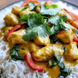 - 450 g Hähnchenbrust, in mundgerechte Stücke geschnitten - 1 Dose (400 ml) Kokosmilch - 2 Esslöffel Currypulver - 1 Teelöffel Kurkumapulver Die Hähnchenbrust bildet die Basis des Gerichts. Sie ist zart und nimmt die Aromen gut auf. Die Kokosmilch sorgt für eine cremige Textur und einen tropischen Geschmack. Currypulver und Kurkumapulver bringen eine schöne Farbe und Würze ins Spiel. - 1 mittelgroße Zwiebel, fein gehackt - 2 Knoblauchzehen, fein gehackt - 1 Esslöffel frischer Ingwer, gerieben - 1 rote Paprika, in Streifen geschnitten - 1 Tasse frische Spinatblätter Zwiebel, Knoblauch und Ingwer sind die aromatischen Basics. Sie bringen Tiefe und Geschmack. Rote Paprika fügt eine süße Note hinzu. Spinat bringt eine gesunde grüne Farbe und Frische ins Gericht. - 1 Esslöffel Olivenöl - Salz und schwarzer Pfeffer nach Geschmack - Gekochter Jasminreis oder Quinoa, zum Servieren Olivenöl dient zum Anbraten und verstärkt die Aromen. Salz und Pfeffer sind wichtig, um das Curry abzurunden. Jasminreis oder Quinoa sind perfekte Beilagen, die den köstlichen Sauce aufnehmen. Für das vollständige Rezept, schau dir das Tropisches Kokos-Curry-Hühnchen an. - Zuerst schneide die Hähnchenbrust in mundgerechte Stücke. - Dann hacke die Zwiebel und den Knoblauch fein. - Reibe den frischen Ingwer und schneide die rote Paprika in Streifen. - Bereite auch den Spinat vor, indem du die Blätter gründlich wäschst. - Erhitze das Olivenöl in einer großen Pfanne bei mittlerer Hitze. - Füge die gehackte Zwiebel hinzu und brate sie für 3-4 Minuten an. Sie sollte weich und durchsichtig sein. - Jetzt kommt der gehackte Knoblauch und der geriebene Ingwer in die Pfanne. Brate sie eine weitere Minute mit. - Danach gib das Currypulver und das Kurkumapulver dazu. Röste die Gewürze für etwa 30 Sekunden, um ihre Aromen zu verstärken. - Jetzt sind die Hähnchenstücke an der Reihe. Gib sie in die Pfanne und wende sie gut im Gewürzmix. Brate sie 5-7 Minuten, bis sie leicht gebräunt sind. - Gieße dann die Kokosmilch hinein und vermische alles gut. Lass die Mischung bei sanfter Hitze köcheln. - Setze den Deckel auf die Pfanne und lasse das Curry 15-20 Minuten köcheln. - Füge zum Schluss die geschnittene Paprika und die frischen Spinatblätter hinzu. Rühre alles gut um, bis der Spinat verwelkt ist. - Schmecke das Curry mit Salz und Pfeffer ab. Das Gericht ist einfach und schnell zubereitet. Du kannst es mit Reis oder Quinoa servieren. Für das vollständige Rezept schau dir das "Tropisches Kokos-Curry-Hühnchen" Rezept an. - Die richtige Hitze einstellen: Beginne mit mittlerer Hitze. So brät das Hähnchen gleichmäßig. Zu hohe Hitze kann das Fleisch austrocknen. Achte darauf, die Temperatur anzupassen, wenn du die Kokosmilch hinzufügst. Eine sanfte Hitze hilft, die Aromen zu vereinen. - Kochzeit für das Hähnchen: Koche das Hähnchen etwa 15 bis 20 Minuten. Es sollte ganz durchgegart sein. Um sicherzustellen, dass es perfekt ist, schneide ein Stück auf. Es sollte nicht mehr rosa sein. - Gewürze rösten: Röste die Gewürze kurz an, bevor du die Flüssigkeit hinzufügst. Dies hebt die Aromen hervor. Röste sie für etwa 30 Sekunden in der Pfanne. Du wirst den Unterschied schmecken. - Frische Kräuter hinzufügen: Frische Kräuter wie Koriander sind wichtig. Sie bringen Frische ins Gericht. Füge sie kurz vor dem Servieren hinzu, um den besten Geschmack zu erzielen. - Serviervorschläge optimieren: Serviere das Curry in tiefen Schalen. So kommt die Farbe des Gerichts gut zur Geltung. Verwende Jasminreis oder Quinoa als Basis. Das sieht gut aus und schmeckt auch lecker. - Dekoratives Garnieren: Garnier dein Gericht mit frischem Koriander. Eine Limettenscheibe sorgt für einen frischen Akzent. Das macht dein Gericht nicht nur lecker, sondern auch schön. {{image_4}} Wenn du eine vegane Version von Kokos-Curry-Hühnchen machen willst, gibt es tolle Möglichkeiten. - Ersatz für Hähnchen: Probiere Tofu oder Kichererbsen. Tofu nimmt die Aromen gut auf. - Verwendung von pflanzlicher Sahne: Statt Kokosmilch kannst du auch Hafer- oder Sojasahne nutzen. Das gibt einen ähnlichen Geschmack. Für alle, die glutenfrei essen, gibt es einfache Anpassungen. - Glutenfreie Zutaten auswählen: Achte darauf, dass die Kokosmilch und die Brühe glutenfrei sind. Das ist wichtig, um Probleme zu vermeiden. - Sicherstellen, dass Gewürze glutenfrei sind: Einige Gewürze können Gluten enthalten. Lies die Etiketten genau. Kokos-Curry-Hühnchen hat viele Gesichter! - Abwandlungen aus verschiedenen Ländern: In Thailand fügen viele frisches Gemüse und Kaffir-Limettenblätter hinzu. In Indien kannst du mehr Gewürze wie Garam Masala verwenden. - Authentische Zutaten verwenden: Suche nach speziellen Zutaten aus diesen Ländern. Das bringt den echten Geschmack in dein Gericht. Für die Lagerung im Kühlschrank benutze ich einen luftdichten Behälter. So bleibt das Kokos-Curry-Hühnchen frisch. Es hält sich dort bis zu drei Tage. Wichtig ist, das Gericht gut abzukühlen, bevor du es verpackst. So vermeidest du Kondenswasser, das die Textur ändern kann. Um Kokos-Curry-Hühnchen einzufrieren, teile es in Portionen auf. Lasse es zuerst auf Raumtemperatur abkühlen. Fülle die Portionen in gefriergeeignete Behälter oder Beutel. Achte darauf, die Luft so gut wie möglich herauszudrücken. So vermeidest du Gefrierbrand. Das Gericht kann bis zu drei Monate im Gefrierfach bleiben. Zum Auftauen lege es über Nacht in den Kühlschrank. Wenn du es aufwärmst, nutze den Herd oder die Mikrowelle. Bei niedriger Hitze erhitzen, damit es gleichmäßig warm wird. Resten vom Kokos-Curry-Hühnchen kannst du kreativ nutzen. Mische sie in einen Wrap mit frischem Gemüse. Das ergibt einen leckeren Snack. Du kannst auch eine Curry-Suppe machen. Einfach mit Brühe und etwas mehr Gemüse ergänzen. Bei Beilagen wie Reis oder Quinoa ist es gut, sie separat zu lagern. So bleiben sie frisch und schmackhaft. Halte die Beilagen in einem eigenen Behälter, um die Qualität zu bewahren. Die Zubereitungszeit für Kokos-Curry-Hühnchen beträgt etwa 15 Minuten. Das Kochen dauert etwa 25 Minuten. Insgesamt sind es also rund 40 Minuten. Diese Zeit ist perfekt für ein schnelles Abendessen. Die Schritte sind einfach und leicht nachzuvollziehen. Jeder kann es schaffen, auch wenn du wenig Zeit hast. Ja, du kannst das Rezept im Voraus zubereiten. Koche das Curry bis zum Schritt, wo du das Hähnchen und die Kokosmilch hinzufügst. Lass es dann abkühlen und lagere es in einem luftdichten Behälter. Im Kühlschrank hält es sich bis zu drei Tage. Wenn du bereit bist, es zu essen, erwärme es in einer Pfanne. Füge frischen Spinat und Paprika kurz vor dem Servieren hinzu. So bleibt alles frisch und knackig. Zu Kokos-Curry-Hühnchen passen viele Beilagen gut. Hier sind einige Ideen: - Gekochter Jasminreis - Quinoa - Naan-Brot - Ein frischer Gurkensalat - Gedämpftes Gemüse Diese Beilagen ergänzen den Geschmack des Currys. Sie bieten auch eine schöne Textur. Du kannst auch verschiedene Kombinationen ausprobieren, um deinen Lieblingsgeschmack zu finden. Das vollständige Rezept für das Tropisches Kokos-Curry-Hühnchen findest du in der Rezeptübersicht. Dort sind alle Zutaten und Schritte aufgeführt. So kannst du es einfach nachkochen. Zusammenfassend haben wir die Hauptzutaten für Kokos-Curry-Hühnchen behandelt. Einfache Schritte zeigen, wie man das Gericht zubereitet. Wichtige Tipps helfen, den Geschmack zu intensivieren und die Präsentation zu verbessern. Wir haben Variationen für vegane und glutenfreie Optionen vorgestellt. Schließlich hast du gelernt, wie man die Reste sinnvoll nutzt. Experimentiere mit deinen eigenen Ideen und genieße jedes Mal ein neues Geschmackserlebnis. Kokos-Curry-Hühnchen ist vielseitig und einfach, und es wartet darauf, von dir entdeckt zu werden!