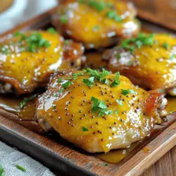 - 4 Hühnchenkeulen mit Knochen und Haut - 60 ml Dijon-Senf - 60 ml Honig - 30 ml Olivenöl - 2 Knoblauchzehen, fein gehackt - 1 Teelöffel geräuchertes Paprika-Pulver - 1/2 Teelöffel Salz - 1/2 Teelöffel schwarzer Pfeffer - 1 Esslöffel frische Thymianblätter (oder 1 Teelöffel getrockneter Thymian) - 15 ml Apfelessig - Optional: frische Petersilie Um das beste Ergebnis zu erzielen, ist es wichtig, frische und hochwertige Zutaten zu verwenden. Die Hühnchenkeulen sind saftig und zart. Der Dijon-Senf und der Honig geben dem Gericht eine perfekte Balance aus süß und würzig. Olivenöl sorgt für eine schöne Bräunung. Die Gewürze und Kräuter bringen den Geschmack zum Leben. Frische Petersilie ist ein schöner Farbklecks. Es macht das Gericht einladender. Für das vollständige Rezept kannst du die "Süß-säuerliche Honig-Senf-Hühnchenkeulen" anschauen. Dieses Rezept ist einfach und macht Spaß. Es ist perfekt für Familienessen oder besondere Anlässe. - Zubereitung der Marinade: Beginne mit einer großen Schüssel. Vermische den Dijon-Senf, Honig, Olivenöl, gehackten Knoblauch, geräuchertes Paprika-Pulver, Salz, Pfeffer, Thymian und Apfelessig gut. Du willst eine glatte Marinade. Diese Mischung verleiht dem Hühnchen Geschmack. - Hühnchenkeulen zum Marinieren über Nacht einlegen: Nimm die Hühnchenkeulen und lege sie in die Marinade. Achte darauf, dass jedes Stück gut bedeckt ist. Decke die Schüssel mit Frischhaltefolie ab. Lasse das Hühnchen mindestens 30 Minuten marinieren, besser aber über Nacht. So wird das Fleisch zart und voll im Geschmack. - Vorheizen des Ofens auf 200°C: Heize den Ofen auf 200 Grad Celsius vor. Das sorgt dafür, dass das Hühnchen gleichmäßig gart. Ein gut vorgeheizter Ofen ist wichtig für die perfekte Kruste. - Zubereitung der Backform: Nimm eine Auflaufform und fette sie leicht ein. So klebt das Hühnchen nicht fest. Es ist wichtig, dass du die Form vorbereitest, bevor du das Hühnchen hineinlegst. - Anordnung der Hühnchenkeulen: Nimm die marinierten Hühnchenkeulen aus der Marinade. Lege sie mit der Hautseite nach oben in die Backform. Halte etwas Abstand zwischen den Keulen. Das sorgt für eine gleichmäßige Hitzeverteilung. - Backzeit und Temperaturkontrolle: Backe die Hühnchenkeulen für 35 bis 40 Minuten. Überprüfe die Innentemperatur. Sie sollte 74 Grad Celsius erreichen. Die Haut wird goldbraun und knusprig sein. - Glasieren mit der reservierten Marinade: In den letzten 10 Minuten der Backzeit bestreiche die Hühnchenkeulen mit der restlichen Marinade. Das gibt einen tollen Glanz und extra Geschmack. So wird dein Gericht noch leckerer. Verwende das vollständige Rezept, um alle Schritte nachzuvollziehen und dein Gericht perfekt zuzubereiten. Wie lange sollte man das Hühnchen marinieren? Ich empfehle, das Hühnchen mindestens 30 Minuten zu marinieren. So kann die Marinade richtig in das Fleisch einziehen. Für das beste Ergebnis marinieren Sie es jedoch bis zu 2 Stunden im Kühlschrank. Je länger das Hühnchen mariniert, desto mehr Geschmack nimmt es auf. Was ist die Innentemperatur für perfekt gegartes Hühnchen? Die ideale Innentemperatur für Hühnchen liegt bei 74 °C. Diese Temperatur sorgt dafür, dass das Hühnchen durchgegart ist und sicher verzehrt werden kann. Nutzen Sie ein Fleischthermometer, um sicherzugehen, dass Ihr Hühnchen perfekt gegart ist. So bleibt das Fleisch saftig und lecker. Welche Beilagen passen gut zu Honig-Senf-Hühnchen? Ich empfehle, das Hühnchen mit geröstetem Gemüse oder einem frischen Salat zu servieren. Auch Reis oder Kartoffeln passen wunderbar dazu. Diese Beilagen ergänzen die süßen und herzhaften Aromen des Hühnchens und machen das Gericht noch schmackhafter. {{image_4}} Möchten Sie den Geschmack anpassen? Fügen Sie mehr Honig für eine süßere Note hinzu. Wenn Sie es würziger mögen, verwenden Sie mehr Dijon-Senf. Diese kleinen Änderungen machen einen großen Unterschied. Experimentieren Sie ruhig! Jedes Gericht kann so ganz neu schmecken. Sie können auch andere Kräuter und Gewürze hinzufügen. Basilikum oder Rosmarin passen gut zu diesem Gericht. Oder versuchen Sie etwas Chili für einen scharfen Kick. Diese Zutaten verleihen dem Gericht mehr Tiefe. Lassen Sie Ihrer Kreativität freien Lauf und finden Sie Ihre Lieblingskombination! Die Zubereitung auf dem Grill ist eine tolle Option. Sie erhalten einen rauchigen Geschmack, der das Hühnchen bereichert. Marinieren Sie das Hühnchen wie im Rezept. Grillen Sie es bei mittlerer Hitze für 25 bis 30 Minuten. Wenden Sie das Hühnchen während des Grillens für eine gleichmäßige Garung. So genießen Sie die Honig-Senf-Hühnchenkeulen auf eine neue Art! Besuchen Sie auch das [Full Recipe], um alle Schritte und Zutaten zu sehen. Um die Hühnchenkeulen sicher aufzubewahren, lege die Reste in einen luftdichten Behälter. Stelle sicher, dass die Hühnchenkeulen vollständig abgekühlt sind, bevor du sie einpackst. So bleibt der Geschmack frisch. Du kannst sie bis zu drei Tage im Kühlschrank aufbewahren. Achte darauf, die Marinade nicht wegzuschütten. Sie kann später für zusätzlichen Geschmack genutzt werden. Wenn du die Hühnchenkeulen länger aufbewahren willst, friere sie ein. Lege die abgekühlten Hühnchenkeulen in einen gefrierfesten Beutel. Drücke die Luft heraus, bevor du den Beutel zuschließt. So verhinderst du Gefrierbrand. Du kannst die Hühnchenkeulen bis zu drei Monate einfrieren. Zum Wiederaufwärmen, lasse sie über Nacht im Kühlschrank auftauen. Danach erwärmst du sie im Ofen bei 180°C, bis sie heiß sind. Die Reste sind im Kühlschrank bis zu drei Tage haltbar. Achte darauf, sie gut zu lagern. Wenn du die Hühnchenkeulen einfrierst, bleiben sie bis zu drei Monate genießbar. Überprüfe immer den Geruch und das Aussehen, bevor du sie isst. Es ist wichtig, auf die Frische zu achten. Du kannst die Honig-Senf-Sauce leicht ändern. Wenn du es süßer magst, füge mehr Honig hinzu. Für mehr Schärfe, nimm extra Dijon-Senf. Du kannst auch etwas Chili oder Paprika für einen Kick hinzufügen. Experimentiere mit Kräutern wie Rosmarin oder Oregano. Das gibt der Sauce einen neuen Geschmack. Ja, du kannst Hähnchenbrust benutzen. Die Garzeit ändert sich jedoch. Hähnchenbrust braucht weniger Zeit als Keulen. Backe sie für etwa 25 bis 30 Minuten. Achte darauf, die Innentemperatur von 74°C zu erreichen. So bleibt das Fleisch saftig und zart. Das Rezept funktioniert gut im Air Fryer. Stelle die Temperatur auf 180°C ein. Backe die Hühnchenkeulen für etwa 25 bis 30 Minuten. Wende sie einmal, damit sie gleichmäßig garen. So bekommst du eine knusprige Haut und saftiges Fleisch. Das vollständige Rezept findest du unter "Süß-säuerliche Honig-Senf-Hühnchenkeulen". Dort sind alle Schritte und Zutaten aufgelistet. So kannst du das Gericht einfach nachkochen. Du hast nun alle Schritte, um köstliche Honig-Senf-Hühnchenkeulen zuzubereiten. Wir haben die wichtigsten Zutaten und die Zubereitung im Detail durchgenommen. Denk daran, das Hühnchen gut zu marinieren und die Temperatur zu überwachen. Du kannst das Rezept nach deinem Geschmack anpassen oder neue Varianten ausprobieren. Egal, ob im Ofen oder auf dem Grill, diese Hühnchenkeulen sind immer ein Hit. Nutze die Tipps zur Lagerung, damit du die Reste länger genießen kannst. Viel Spaß beim Kochen!