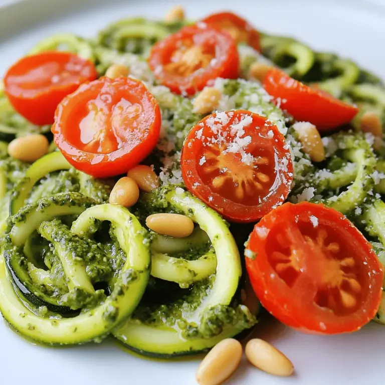 Die Basis für unsere Zucchini-Nudeln ist einfach und frisch. Hier sind die Hauptzutaten: - 4 mittelgroße Zucchini, spiralförmig geschnitten Diese Zucchini geben deinem Gericht Textur und Geschmack. Ich empfehle, die Zucchini kurz vor der Zubereitung zu schneiden. So bleiben sie frisch und knackig. Das Pesto bringt viel Geschmack. Die Zutaten sind: - 1 Tasse frische Basilikumblätter - 1/2 Tasse Pinienkerne (geröstet) - 1/2 Tasse geriebener Parmesan (oder Nährhefe für eine vegane Option) - 2 Knoblauchzehen, fein gehackt - 1/4 Tasse natives Olivenöl extra - Saft von 1 Zitrone - Salz und Pfeffer nach Geschmack Jede Zutat hat ihren eigenen Platz im Pesto. Die Pinienkerne geben einen nussigen Geschmack. Der Parmesan bringt eine salzige Note. Der Knoblauch sorgt für Tiefe und der Zitronensaft für Frische. Um die Zucchini-Nudeln zu toppen, kannst du Kirschtomaten und frische Basilikumblätter verwenden. Hier sind die Optionen: - Kirschtomaten, halbiert (zum Garnieren) - Frische Basilikumblätter (zum Garnieren) Diese Toppings fügen Farbe und zusätzliche Aromen hinzu. Du kannst auch andere Zutaten wie Oliven oder geröstete Paprika ausprobieren. So wird dein Gericht noch interessanter. Wenn du die vollständige Anleitung sehen möchtest, schau dir das Rezept Zesty Zucchini Noodle Delight an. Zuerst waschen Sie die Zucchini gut. Trocknen Sie sie dann ab. Nutzen Sie einen Spiralschneider, um die Zucchini in dünne Nudeln zu schneiden. Wenn Sie keinen Spiralschneider haben, können Sie auch einen Gemüseschäler benutzen. Schneiden Sie die Zucchini in lange Streifen. Achten Sie darauf, dass die Nudeln gleichmäßig aussehen. Legen Sie die Nudeln auf ein Küchentuch, um die Feuchtigkeit zu entfernen. So werden sie später nicht matschig. Für das Pesto geben Sie die frischen Basilikumblätter in eine Küchenmaschine. Fügen Sie die gerösteten Pinienkerne und den geriebenen Parmesan hinzu. Geben Sie die gehackten Knoblauchzehen sowie den Zitronensaft dazu. Streuen Sie eine Prise Salz und Pfeffer über die Mischung. Pulsieren Sie alles, bis es gut zerkleinert ist. Während die Maschine läuft, gießen Sie langsam das Olivenöl hinein. Mixen Sie weiter, bis das Pesto eine glatte Konsistenz hat. Schmecken Sie das Pesto ab und passen Sie die Gewürze nach Ihrem Geschmack an. Erhitzen Sie eine große Pfanne bei mittlerer Hitze. Geben Sie einen kleinen Schuss Olivenöl in die Pfanne. Warten Sie, bis das Öl heiß ist. Dann fügen Sie die Zucchini-Nudeln hinzu. Braten Sie sie für etwa 2-3 Minuten an. Die Nudeln sollten weich sein, aber dennoch einen leichten Biss haben. Nehmen Sie die Pfanne vom Herd und geben Sie das Pesto zu den Zucchini-Nudeln. Mischen Sie alles gut, damit die Nudeln gleichmäßig mit Pesto überzogen sind. Servieren Sie die Nudeln sofort, garniert mit halbierten Kirschtomaten und frischen Basilikumblättern. Um das beste Pesto zu machen, achte darauf, frische Zutaten zu verwenden. Die Basilikumblätter sollten grün und lebendig sein. Röste die Pinienkerne leicht, um den Geschmack zu intensivieren. Mixe die Zutaten in der Küchenmaschine. Gieße das Olivenöl langsam hinein. So wird das Pesto schön cremig. Probiere es und passe das Salz und den Pfeffer nach deinem Geschmack an. Die Zucchini-Nudeln sollten knackig bleiben. Erhitze die Pfanne bei mittlerer Hitze und füge das Olivenöl hinzu. Sobald das Öl heiß ist, gib die Nudeln hinein. Brate sie nur 2-3 Minuten lang. So bleiben sie bissfest und verlieren nicht ihre Form. Wenn du sie zu lange brätst, werden sie matschig. Das willst du vermeiden. Ein häufiger Fehler ist, die Zucchini-Nudeln zu überkochen. Achte darauf, sie nicht zu lange zu braten. Ein anderer Fehler ist, zu viel Pesto hinzuzufügen. Beginne mit einer kleinen Menge und füge mehr hinzu, wenn nötig. Wenn das Pesto zu dick ist, kannst du einen kleinen Spritzer Wasser hinzufügen. So bleibt alles frisch und lecker. Für das komplette Rezept, schau dir den [Full Recipe] an. {{image_4}} Wenn Sie eine vegane Option möchten, nutzen Sie Nährhefe. Diese gibt Ihrem Pesto den typischen käsigen Geschmack. Einfach den Parmesan durch 1/2 Tasse Nährhefe ersetzen. Das Pesto bleibt lecker und cremig. Diese Wahl macht Ihr Gericht gesünder und vielseitiger. Kirschtomaten bringen Farbe und Frische. Sie sind süß und passen gut zu Zucchini-Nudeln mit Pesto. Halten Sie die Tomaten einfach halbiert bereit und streuen Sie sie über das fertige Gericht. Das fügt einen schönen Crunch und mehr Geschmack hinzu. Die richtige Gewürzmischung kann Wunder wirken. Fügen Sie Chili-Flocken für etwas Schärfe hinzu oder verwenden Sie frischen Pfeffer für mehr Aroma. Auch etwas Zitronenschale kann den Geschmack erhellen. Experimentieren Sie, um Ihre perfekte Mischung zu finden. Pesto ist ein echter Genuss! Um die frische Qualität zu bewahren, bewahre es in einem luftdichten Behälter auf. Du kannst es bis zu einer Woche im Kühlschrank lagern. Du kannst auch etwas Olivenöl oben auf das Pesto gießen. Das schützt es vor der Luft und hilft, die grüne Farbe zu erhalten. Hast du Zucchini-Nudeln übrig? Kein Problem! Lege sie in einen luftdichten Behälter und stelle sie in den Kühlschrank. Sie bleiben bis zu drei Tage frisch. Erwärme sie vorsichtig in einer Pfanne oder Mikrowelle, wenn du sie wieder essen möchtest. So bleiben sie schmackhaft und erhalten ihre Form. Wenn du Zucchini-Nudeln für später aufbewahren möchtest, kannst du sie einfrieren. Lege sie auf ein Backblech und friere sie für 1-2 Stunden ein. Nach dem Einfrieren kannst du sie in einen Gefrierbeutel geben. So kannst du sie bis zu drei Monate lang lagern. Wenn du sie zubereiten möchtest, tau sie einfach im Kühlschrank auf und brate sie leicht an. Für das vollständige Rezept schau dir das Rezept "Zesty Zucchini Noodle Delight" an. Um Zucchini-Nudeln zu machen, benötigst du frische Zucchini. Ich empfehle, sie mit einem Spiralschneider in lange, dünne Streifen zu schneiden. Diese Zoodles sind eine tolle, gesunde Alternative zu normalen Nudeln. Du kannst auch einen Gemüseschäler verwenden, um breite Bänder zu erstellen. Stelle sicher, dass die Zucchini frisch ist, damit sie gut schmeckt. Du kannst die Zoodles leicht anbraten oder roh in Salaten verwenden. Wenn du sie anbrätst, garen sie schnell in einer heißen Pfanne mit etwas Olivenöl. So bleiben sie knackig. Zucchini-Nudeln halten sich im Kühlschrank etwa 3 bis 5 Tage. Bewahre sie in einem luftdichten Behälter auf, damit sie frisch bleiben. Um die Haltbarkeit zu verlängern, kannst du die Zoodles vor der Lagerung leicht salzen. Das entzieht etwas Wasser und hilft, die Konsistenz zu bewahren. Achte darauf, die Zucchini nicht zu lange zu lagern, da sie schnell weich werden. Ja, du kannst Pesto im Voraus zubereiten! Das Pesto bleibt im Kühlschrank etwa eine Woche frisch. Ich empfehle, es in einem Glasbehälter aufzubewahren und eine Schicht Olivenöl obenauf zu geben. Das schützt das Pesto vor Luft und verhindert, dass es dunkel wird. Du kannst das Pesto auch einfrieren. Fülle es dafür in Eiswürfelformen. So hast du immer Pesto zur Hand, wann immer du Zucchini-Nudeln zubereiten möchtest. Probiere die Zubereitung des Pestos aus dem [Full Recipe]. Zucchini-Nudeln sind frisch, gesund und einfach zu machen. Du hast gelernt, welche Zutaten du brauchst und wie du die Nudeln und das Pesto zubereitest. Die Tipps helfen dir, häufige Fehler zu vermeiden und die perfekte Konsistenz zu erreichen. Variiere mit verschiedenen Toppings und lagere Reste richtig. Mit diesen Kenntnissen kannst du leckere Zucchini-Nudeln genießen. Setze dein neues Wissen ein und lade Freunde ein, um gemeinsam zu kochen!