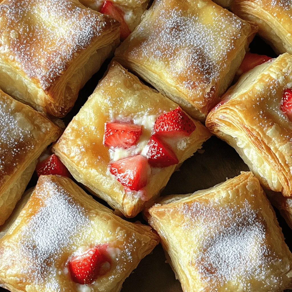- 1 Päckchen Blätterteig (375g) - 200g Frischkäse, weich - 100g Zucker - 200g frische Erdbeeren, gehackt