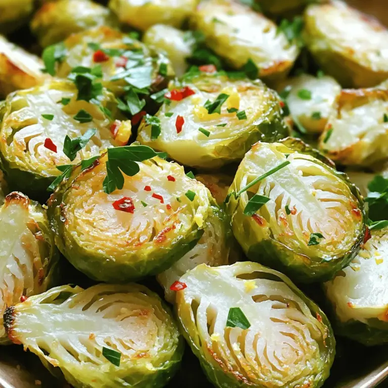 Für dieses Rezept benötige ich einige frische Zutaten. Hier sind die Hauptzutaten: - 450 g Rosenkohl, getrimmt und halbiert - 4 Knoblauchzehen, fein gehackt - 3 Esslöffel Olivenöl - 1 Zitrone, abgerieben und ausgepresst - 1 Teelöffel Honig oder Ahornsirup - Salz und Pfeffer, nach Geschmack - 1/4 Teelöffel rote Pfefferflocken (optional) - Frische Petersilie, gehackt (zum Garnieren) Diese Zutaten geben dem Rosenkohl einen starken, frischen Geschmack. Der Rosenkohl wird zart und knusprig. Zusätzlich zu den Hauptzutaten verwende ich Gewürze und Aromen. Diese machen das Gericht noch leckerer. - Salz und Pfeffer sind wichtig für den Grundgeschmack. - Rote Pfefferflocken fügen eine leichte Schärfe hinzu. - Der Zitronensaft bringt Frische und einen tollen Geschmack. Diese Aromen arbeiten gut zusammen. Sie machen die Röst-Übrigen Rosenkohl besonders schmackhaft. Dieses Rezept ist perfekt für Vegetarier und Veganer. - Ich nutze Olivenöl, das vegan ist. - Anstelle von Honig kann ich Ahornsirup verwenden. Das macht das Gericht vegan. Diese Anpassungen machen es einfach, das Rezept für alle Essgewohnheiten geeignet zu machen. Damit kann jeder den leckeren Geschmack genießen. Wenn du mehr über die Zubereitung erfahren möchtest, schau dir das [Full Recipe] an. Zuerst wähle frische Rosenkohl. Du brauchst etwa 450 g, die du gründlich wäscht. Entferne die äußeren Blätter und schneide die Enden ab. Halbiere die Rosenkohlköpfe, damit sie gleichmäßig garen. In einer großen Schüssel vermischst du die halbierten Rosenkohlhälften mit 4 fein gehackten Knoblauchzehen. Füge 3 Esslöffel Olivenöl, den Saft einer Zitrone und 1 Teelöffel Honig hinzu. Das macht die Mischung schön aromatisch. Vergiss nicht, mit Salz und Pfeffer zu würzen. Heize deinen Ofen auf 220°C vor. Verteile die gewürzten Rosenkohlhälften gleichmäßig auf einem Backblech. Achte darauf, dass sie nicht überfüllt sind. So werden sie knusprig. Röste die Rosenkohlhälften 20 bis 25 Minuten. Schüttle das Blech nach der Hälfte der Zeit. So garen sie gleichmäßig. Die Röschen sollten goldbraun und knusprig sein. Die ideale Garzeit hängt von der Größe der Röschen ab. Kleinere Stücke rösten schneller. Überprüfe sie gegen Ende der Garzeit. Ein knuspriges Äußeres ist der Schlüssel. Wenn du magst, kannst du 1/4 Teelöffel rote Pfefferflocken hinzufügen. Sie geben extra Geschmack. Lass die Röschen nach dem Rösten kurz abkühlen. Dann mit frischer Petersilie bestreuen. So sieht das Gericht besonders schön aus. Für das vollständige Rezept schau dir [Full Recipe] an. Um perfekte, knusprige Rosenkohlhälften zu bekommen, achte auf die richtige Temperatur. Heize den Ofen auf 220°C vor. So wird die Außenseite schön gebräunt. Benutze genug Olivenöl, aber nicht zu viel. Etwa 3 Esslöffel reichen aus. Verteile die Rosenkohlhälften gleichmäßig auf dem Backblech. Überfülle das Blech nicht. Wenn die Rosenkohlhälften sich berühren, werden sie weich, nicht knusprig. Wende die Röschen während des Röstens einmal. So garen sie gleichmäßig und werden goldbraun. Wenn du keinen Knoblauch magst, probiere Zwiebeln oder Schalotten. Sie geben auch viel Geschmack. Statt Zitrone kannst du Limette verwenden. Das bringt eine andere Frische. Für eine süßere Note setze auf Balsamico-Essig oder Apfelessig. Diese Alternativen geben dem Gericht eine neue Wendung und sind lecker. Du kannst das Rezept leicht ändern, um es persönlicher zu machen. Füge deine Lieblingsgewürze hinzu, wie Kreuzkümmel oder Paprika. Wenn du es schärfer magst, nimm mehr rote Pfefferflocken. Du kannst auch andere Gemüse hinzufügen, wie Karotten oder Süßkartoffeln. Diese passen gut zu den Röschen und machen das Gericht bunter. Für den letzten Schliff kannst du frische Kräuter wie Thymian oder Rosmarin verwenden. Das bringt mehr Aroma und ist sehr frisch. Für das vollständige Rezept besuche die Seite [Full Recipe]. {{image_4}} Um den Rosenkohl noch knuspriger zu machen, füge Nüsse oder Kerne hinzu. Ich empfehle Walnüsse oder Mandeln. Diese geben einen tollen Crunch. Verwende etwa 50 g, grob gehackt. Mische sie einfach mit dem Rosenkohl vor dem Rösten. Die Nüsse rösten sich im Ofen und verleihen dem Gericht mehr Geschmack und Textur. Du kannst auch andere Gemüsesorten hinzufügen. Möhren, Süßkartoffeln oder Paprika passen gut. Diese Gemüsesorten bringen Farbe und Süße ins Gericht. Schneide sie in gleich große Stücke, damit alles gleichmäßig gart. Mische sie zusammen mit dem Rosenkohl und achte darauf, dass sie alle gut gewürzt sind. Je nach Jahreszeit kannst du das Rezept anpassen. Im Herbst füge Kürbis oder Pilze hinzu. Im Frühling sind frische Erbsen oder Spargel eine gute Wahl. Diese Optionen bringen frische Aromen. Experimentiere mit Gewürzen, um verschiedene Geschmäcker zu entdecken. Das Rezept bleibt einfach und lecker, egal welche Zutaten du wählst. Für die vollständige Anleitung, schau dir die [Full Recipe] an. Zitronen-Knoblauch-Röst-Übrige Rosenkohl bleiben im Kühlschrank frisch. Lagern Sie die Reste in einem luftdichten Behälter. So halten sie sich bis zu drei Tage. Achten Sie darauf, den Rosenkohl abkühlen zu lassen, bevor Sie ihn im Kühlschrank aufbewahren. Dies verhindert, dass sich Feuchtigkeit bildet. Wenn Sie den Rosenkohl länger aufbewahren möchten, frieren Sie ihn ein. So bleibt er bis zu drei Monate haltbar. Um den Rosenkohl wieder aufzuwärmen, nutzen Sie den Ofen oder die Pfanne. Heizen Sie den Ofen auf 190°C vor. Legen Sie die Reste auf ein Backblech und rösten Sie sie für etwa 10 Minuten. Dadurch werden sie wieder knusprig. Wenn Sie die Pfanne nutzen, geben Sie etwas Öl hinzu und braten Sie den Rosenkohl bei mittlerer Hitze. So bleibt der Geschmack frisch und lecker. Für eine einfache Meal Prep können Sie den Rosenkohl vor dem Kochen vorbereiten. Trimmen und halbieren Sie die Röschen, und lagern Sie sie in einem Behälter. Mischen Sie die Gewürze separat. So können Sie alles schnell und einfach rösten, wenn Sie bereit sind. Diese Methode spart Zeit und macht das Kochen stressfreier. Wenn Sie mehr Abwechslung möchten, probieren Sie, verschiedene Gewürze hinzuzufügen oder andere Gemüsesorten zu kombinieren. Zitronen-Knoblauch-Röst-Übrige Rosenkohl passt gut zu vielen Gerichten. Du kannst ihn zu gebratenem Hähnchen oder Lachs servieren. Auch mit Quinoa oder Reis harmoniert er gut. Ich mag es, ihn mit einer frischen Salatbeilage zu kombinieren. Das gibt dem Essen mehr Farbe und Geschmack. Ja, frische Kräuter sind eine tolle Ergänzung. Ich empfehle, Petersilie oder Thymian zu verwenden. Diese Kräuter verleihen den Röst-Übrigen Rosenkohl ein frisches Aroma. Du kannst sie vor dem Servieren über die fertigen Rosenkohl streuen. So wird dein Gericht noch geschmackvoller. Die Zubereitung dieser Beilage dauert etwa 10 Minuten. Das Rösten im Ofen benötigt 20 bis 25 Minuten. In total, kannst du in nur 35 Minuten eine leckere Beilage zubereiten. Das ist perfekt, wenn du wenig Zeit hast. Du wirst sehen, die Mühe lohnt sich! Weitere Details findest du im [Full Recipe]. Zitronen-Knoblauch-Röst-Übriger Rosenkohl ist einfach und lecker. Wir haben die Hauptzutaten, Gewürze und Optionen für jeden Geschmack behandelt. Die Schritt-für-Schritt-Anleitung hilft bei der Zubereitung und dem Röstprozess. Tipps sorgen für perfekt knusprigen Rosenkohl. Variationen mit Nüssen und anderen Gemüsen verleihen dem Gericht neuen Schwung. Außerdem wissen Sie jetzt, wie Sie Reste richtig aufbewahren. Experimentieren Sie mit den Vorschlägen und genießen Sie Ihr Ergebnis. Viel Spaß beim Kochen!