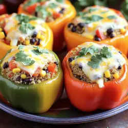 - Große Paprika (verschiedene Farben) - Gekochte Quinoa - Schwarze Bohnen Die Wahl der Paprika ist wichtig. Ich nehme oft rote, gelbe und grüne Paprika. So sieht das Gericht bunt und einladend aus. Diese Paprika sind nicht nur schön, sondern auch knackig. Gekochte Quinoa ist eine tolle Basis. Sie bringt die nötige Fülle. Zudem ist sie gesund und voller Nährstoffe. Schwarze Bohnen ergänzen die Füllung perfekt. Sie sind reich an Proteinen und Ballaststoffen. - Kreuzkümmel und Paprikapulver - Käse und frischer Koriander - Olivenöl und weiteres nach Geschmack Kreuzkümmel und Paprikapulver geben viel Geschmack. Diese Gewürze machen das Gericht besonders lecker. Käse ist die Krönung der gefüllten Paprika. Ich bevorzuge Cheddar oder Pepper Jack. Frischer Koriander bringt eine frische Note. Wenn du keinen Koriander magst, lass ihn weg. Olivenöl sorgt für einen tollen Glanz und Geschmack. Du kannst auch andere Gewürze nach deinem Geschmack hinzufügen. Zuerst schneide ich die Oberseite der Paprika ab. Achte darauf, einen kleinen Deckel zu lassen. Dann entferne ich die Kerne und das Häutchen. So wird die Paprika bereit für die Füllung. Ich stelle sie aufrecht in eine Auflaufform. In einer großen Schüssel kombiniere ich die gekochte Quinoa, die schwarzen Bohnen, den Mais und die gewürfelten Tomaten. Dann füge ich Kreuzkümmel, geräuchertes Paprikapulver, Knoblauchpulver und Zwiebelpulver hinzu. Salz und Pfeffer kommen auch dazu. Ich mische alles gut durch, bis die Zutaten gleichmäßig verteilt sind. Wenn ich mag, gebe ich frischen Koriander dazu. Das macht die Füllung frisch und lecker. Jetzt fülle ich jede Paprika großzügig mit der Quinoa-Mischung. Ich drücke die Füllung sanft nach unten, damit sie gut sitzt. Dann beträufele ich die gefüllten Paprika mit etwas Olivenöl. Ich decke die Auflaufform mit Alufolie ab und stelle sie in den vorgeheizten Ofen bei 190°C. Die Paprika backe ich für 25 bis 30 Minuten, bis sie zart sind. Danach entferne ich die Folie und streue den geriebenen Käse gleichmäßig auf die Paprika. Ich backe sie für weitere 10 bis 15 Minuten, bis der Käse schmilzt und blubbert. Es sieht so gut aus! Um die gefüllten Paprika perfekt zu garen, backen Sie sie 25 bis 30 Minuten. Prüfen Sie die Zartheit, indem Sie mit einer Gabel leicht in die Paprika stechen. Sie sollten weich, aber nicht zerfallen sein. Wenn Sie die Paprika länger backen, wird die Füllung heißer, aber die Paprika könnte matschig werden. Für den perfekten Käse-Schmelz, fügen Sie den Käse in den letzten 10 bis 15 Minuten hinzu. So bleibt der Käse schön geschmolzen und blubbert an der Oberfläche. Wenn Sie einen knusprigen Käse mögen, können Sie die Folie in den letzten Minuten entfernen. Die Präsentation ist wichtig! Arrangieren Sie die gefüllten Paprika auf einem bunten Servierteller. Garnieren Sie sie mit frischem Koriander oder einem Limettenstück. Diese Farben machen das Gericht einladend. Für ein vollständiges Gericht empfehle ich, Salsa oder Guacamole als Beilage zu servieren. Diese geben nicht nur zusätzlichen Geschmack, sondern machen das Essen auch aufregender. Ein grüner Salat passt ebenfalls gut dazu und bringt frischen Crunch! {{image_4}} Wenn Sie eine vegane Option möchten, ersetzen Sie den Käse. Stattdessen können Sie Hefeflocken nutzen. Sie geben einen tollen, käsigen Geschmack. Für die Bohnen können Sie Kichererbsen oder Linsen verwenden. Diese sind ebenfalls proteinreich und schmackhaft. Für glutenfreie Alternativen können Sie Quinoa oder Reis verwenden. Beide sind leicht und nahrhaft. Wenn Sie Reis wählen, verwenden Sie vorgekochten Reis. So sparen Sie Zeit und bringen dennoch Geschmack in Ihr Gericht. Die Aromen sind wichtig. Sie können verschiedene Gewürze ausprobieren. Fügen Sie zum Beispiel italienische Kräuter wie Oregano hinzu. Oder probieren Sie einen Hauch von Curry für eine exotische Note. Haben Sie Lust auf Schärfe? Fügen Sie frische Jalapeños oder Chili-Pulver hinzu. Mögen Sie es mild? Dann lassen Sie die scharfen Zutaten weg. Sie können auch andere Gemüsesorten verwenden. Zucchini oder Spinat passen gut und bringen Farbe und Nährstoffe. Diese Variationen machen das Rezept spannend. Jeder kann seine eigenen Lieblingsgeschmäcker einbringen. Um die gefüllten Paprika frisch zu halten, lagere sie im Kühlschrank. Verwende einen luftdichten Behälter. So bleiben sie kühl und sicher. Du kannst die Paprika bis zu drei Tage aufbewahren. Achte darauf, sie vor dem Lagern abkühlen zu lassen. Das schützt den Geschmack und die Textur. Wenn du die gefüllten Paprika wieder aufwärmen möchtest, gibt es zwei gute Optionen: die Mikrowelle oder den Ofen. - Mikrowelle: Lege die Paprika auf einen mikrowellengeeignetem Teller. Decke sie leicht mit einem feuchten Papiertuch ab. Erhitze sie in 1-2 Minuten, bis sie heiß sind. - Ofen: Heize den Ofen auf 180°C vor. Lege die Paprika in eine Auflaufform und decke sie mit Folie ab. Erwärme sie für etwa 15-20 Minuten. So bleiben sie saftig und lecker. Um die beste Qualität zu sichern, achte darauf, die Paprika nicht zu lange zu erhitzen. Das kann die Füllung trocken machen. Die Zubereitung von gefüllten Paprika dauert insgesamt etwa 50 Minuten. Die Vorbereitungszeit beträgt etwa 15 Minuten. Das Kochen im Ofen dauert 25 bis 30 Minuten. Die Paprika werden goldbraun, wenn der Käse schmilzt. Ja, du kannst gefüllte Paprika im Voraus zubereiten. Fülle die Paprika und stelle sie in den Kühlschrank. Du kannst sie bis zu zwei Tage im Voraus zubereiten. Wenn du sie backen möchtest, heize den Ofen einfach vor und backe sie wie gewohnt. Beliebte Beilagen sind frischer Salat oder Reis. Salsa und Guacamole passen auch gut dazu. Du kannst auch etwas Brot oder Nachos servieren. Diese Beilagen ergänzen den Geschmack der gefüllten Paprika perfekt. Für das vollständige Rezept, schau dir die Anleitung oben an. Die Kombination aus Quinoa, Bohnen und Gewürzen macht dieses Gericht nahrhaft und lecker. Gefüllte Paprika sind einfach und lecker. Wir haben die Hauptzutaten, die Zubereitung und Tipps behandelt. Du lernst, wie du sie perfekt backst und anrichtest. Viele Variationen bieten dir neue Geschmackserlebnisse. Auch die Lagerung und das Aufwärmen sind wichtig, um Reste zu genießen. Experimentiere mit Gewürzen und anderen Füllungen, um alles nach deinem Geschmack zu gestalten. Es gibt viele Möglichkeiten, die dir helfen, ein tolles Gericht zu kreieren. Mach die gefüllten Paprika zu deinem neuen Favoriten!