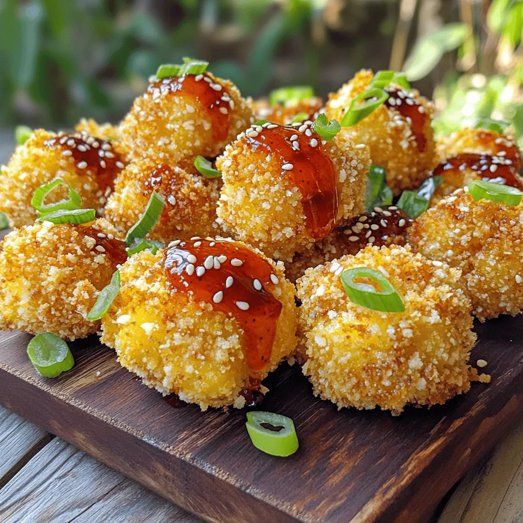 - 1 mittelgroßer Blumenkohl, in Röschen zerteilt - 1/2 Tasse Weizenmehl - 1/2 Tasse Semmelbrösel (Panko empfohlen) - Gewürze: Knoblauchpulver, Zwiebelpulver, Paprika, Salz, schwarzer Pfeffer - 1/2 Tasse Wasser - 1/4 Tasse Sriracha-Sauce - 2 Esslöffel Honig - 1 Esslöffel Sojasauce - 1 Esslöffel Sesamöl (optional) Die Zutaten sind einfach und leicht zu finden. Der Blumenkohl ist die Hauptzutat. Er gibt den Bissen die Form und Textur. Weizenmehl und Semmelbrösel helfen, die Bites knusprig zu machen. Panko ist besonders gut. Es ist lockerer und macht die Bites noch knuspriger. Die Gewürze bringen Geschmack. Knoblauchpulver ist stark und aromatisch. Zwiebelpulver fügt Süße hinzu. Paprika gibt eine schöne Farbe. Salz und schwarzer Pfeffer sorgen für den richtigen Geschmack. Die flüssigen Zutaten sind wichtig für die Sauce. Wasser gibt der Mischung die richtige Konsistenz. Sriracha-Sauce bringt die Schärfe. Honig fügt Süße hinzu, die die Schärfe ausgleicht. Sojasauce sorgt für einen umami Geschmack. Sesamöl ist optional, aber es fügt einen nussigen Geschmack hinzu. Für das vollständige Rezept schauen Sie in die Sektion [Full Recipe]. - Zuerst schneide ich den Blumenkohl in kleine Röschen. - Dann lege ich ein Backblech mit Backpapier aus, um die Bites nicht festkleben zu lassen. - Ich vermenge in einer großen Schüssel Weizenmehl, Knoblauchpulver, Zwiebelpulver, Paprika, Salz und Pfeffer. - Jetzt füge ich das Wasser hinzu und rühre alles gut um. - Ich tauche jedes Blumenkohlröschen in den Teig. - Danach wende ich die Röschen in den Semmelbröseln, bis sie gut bedeckt sind. - Ich lege die panierten Blumenkohl-Bites auf das Backblech und backe sie für 20-25 Minuten bei 220°C. - Während die Bites backen, mische ich in einer kleinen Schüssel Sriracha, Honig, Sojasauce und optional Sesamöl. - Wenn die Bites fertig sind, nehme ich sie aus dem Ofen und träufle die Sriracha-Honig-Sauce darüber. - Ich vermenge alles vorsichtig, damit die Sauce die Bites gut umhüllt. - Für 5-7 Minuten backe ich sie erneut, bis die Sauce karamellisiert. Jetzt sind die Sriracha Honey Cauliflower Bites bereit! Wenn du die vollständigen Schritte sehen möchtest, schau dir das [Full Recipe] an. Um die perfekte Textur für die Blumenkohl-Bites zu bekommen, benutze ich Panko. Panko ist ein japanisches Semmelbröselprodukt, das extra knusprig ist. Dieses macht einen großen Unterschied. Es sorgt dafür, dass die Bites außen goldbraun und knusprig sind. Wenn du Panko verwendest, achte darauf, dass du die Röschen gut darin wälzt. Richtiges Backen ist ebenfalls wichtig. Stelle sicher, dass der Ofen vorgeheizt ist. Das Backblech sollte mit Backpapier ausgelegt sein. Dies verhindert, dass die Bites anhaften und nass werden. Backe sie in einer einzigen Schicht, damit die Luft zirkulieren kann. So werden sie gleichmäßig knusprig. Wenn du die Blumenkohl-Bites anrichtest, präsentiere sie auf einer schönen Platte. Serviere sie heiß, damit sie ihren ganzen Geschmack entfalten. Garniere die Bites mit gehackten Frühlingszwiebeln und Sesam für mehr Farbe und Knusprigkeit. Dips sind eine großartige Ergänzung. Probiere einen cremigen Joghurt-Dip oder einen klassischen Ranch-Dip. Diese passen perfekt zu den scharfen Bites. Du kannst auch eine süß-saure Sauce anbieten, um die Aromen auszugleichen. Frühlingszwiebeln und Sesam sind tolle Garnierungen. Sie geben den Bites einen frischen Look und zusätzlichen Geschmack. Streue sie einfach vor dem Servieren über die Bites. Wenn du Lust auf Variationen hast, probiere verschiedene Saucen. Du kannst die Sriracha-Sauce mit einer anderen scharfen Sauce ersetzen. Auch die Zugabe von frischen Kräutern kann die Aromen verstärken. Denke daran, dass du kreativ sein kannst. Es gibt viele Möglichkeiten, um die Sriracha Honey Cauliflower Bites spannend zu gestalten. {{image_4}} Eine einfache Möglichkeit, das Rezept vegan zu machen, ist, den Honig durch Agavendicksaft zu ersetzen. Agavendicksaft hat eine ähnliche Süße und Konsistenz. Außerdem können Sie pflanzliche Sojasauce verwenden, um den Umami-Geschmack zu halten. Diese kleinen Änderungen machen die Bites für jeden geeignet. Wenn Sie Abwechslung wünschen, können Sie die Sriracha-Sauce durch andere scharfe Saucen ersetzen. Versuchen Sie zum Beispiel Sambal Oelek oder Habanero-Sauce für mehr Hitze. Sie können auch zusätzliche Kräuter oder Gewürze hinzufügen. Paprika, Kreuzkümmel oder geräucherte Paprika bieten interessante Geschmacksrichtungen. Um mehr Farben und Texturen hinzuzufügen, können Sie anderes Gemüse integrieren. Karotten oder Brokkoli passen gut zu Blumenkohl und sorgen für mehr Vielfalt. Für die Käseliebhaber gibt es auch Optionen. Fügen Sie etwas geriebenen Käse in die Panade hinzu oder streuen Sie ihn über die Bites, bevor Sie sie backen. So erhalten Sie eine köstliche, cremige Note. Bewahre die Sriracha Honey Cauliflower Bites in einem luftdichten Behälter auf. Sie bleiben so optimal für 3-4 Tage frisch. Achte darauf, die Bites vollständig abkühlen zu lassen, bevor du sie lagerst. Dadurch bleibt die Knusprigkeit besser erhalten. Wenn du die Bites für später genießen möchtest, kannst du sie einfrieren. Lege die abgekühlten Bites auf ein Backblech und friere sie für etwa 1-2 Stunden ein. Danach kannst du sie in einen gefrierfesten Beutel umfüllen. So bleibt der Geschmack und die Textur erhalten. Du kannst sie bis zu 3 Monate lang einfrieren. Um die Blumenkohl-Bites wieder knusprig zu machen, heize deinen Ofen auf 200°C vor. Lege die gefrorenen oder gekühlten Bites auf ein Backblech. Backe sie für etwa 10-15 Minuten, bis sie heiß und knusprig sind. Diese Methode gibt ihnen die beste Textur zurück. Die Gesamtzeit für Sriracha Honey Cauliflower Bites beträgt etwa 35-40 Minuten. Davon sind 15 Minuten für die Vorbereitung nötig. Die restlichen 20-25 Minuten sind für das Backen eingeplant. Das macht es einfach, diese leckeren Häppchen schnell zu genießen. Ja, Sie können die Blumenkohl-Bites frittieren! Erhitzen Sie Öl in einer tiefen Pfanne auf 180°C. Frittieren Sie die Bites in kleinen Portionen für etwa 3-4 Minuten. Achten Sie darauf, sie regelmäßig zu wenden. So werden sie schön goldbraun und knusprig. Lassen Sie sie auf Küchenpapier abtropfen. Die Sriracha Honey Cauliflower Bites können scharf sein, je nach Sriracha-Sauce. Wenn Sie es milder mögen, reduzieren Sie die Menge an Sriracha. Alternativ können Sie Honig mit etwas Ketchup mischen. Das bringt Süße und mildert die Schärfe. Diese Blumenkohl-Bites passen toll zu vielen Beilagen. Servieren Sie sie mit einem frischen Salat oder Reis. Eine cremige Dip-Sauce wie Joghurt-Dip oder Ranch-Dressing ergänzt den Geschmack perfekt. Diese Kombination macht das Essen noch schmackhafter. Für das vollständige Rezept besuchen Sie bitte den Abschnitt [Full Recipe]. Die Zubereitung der Sriracha-Honig-Blumenkohl-Bites ist einfach und macht Spaß. Sie bestehen aus gesunden Zutaten und sind perfekt knusprig. Verwenden Sie Panko für die beste Textur und probieren Sie verschiedene Saucen aus. Diese Bites können leicht variieren, um Ihren Geschmack anzupassen. Lagern Sie sie gut und genießen Sie sie später. Insgesamt sind sie eine großartige Snack-Option für jedes Treffen oder einfach zum selber genießen. Trauen Sie sich, kreativ zu sein und diese köstlichen Bissen auszuprobieren!