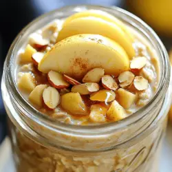 Hier sind die Zutaten, die du für deine köstlichen Apple Cinnamon Overnight Oats benötigst: - 1 Tasse Haferflocken - 1 ½ Tassen Mandeldrink (oder andere Milch) - 1 mittelgroßer Apfel, gewürfelt - 1 Teelöffel Zimt - 2 Esslöffel Ahornsirup (oder Honig) - 1 Esslöffel Chiasamen - ½ Tasse griechischer Joghurt (optional) - ¼ Teelöffel Vanilleextrakt - Eine Prise Salz - Toppings: geschnittene Mandeln, zusätzlich gewürfelter Apfel, Zimt, Ahornsirup Jede Zutat spielt eine wichtige Rolle. Die Haferflocken sind die Basis. Sie geben dir die nötige Energie für den Tag. Der Apfel bringt Süße und Frische. Zimt sorgt für den warmen, würzigen Geschmack. Ahornsirup oder Honig fügt eine natürliche Süße hinzu. Chiasamen liefern Ballaststoffe und Omega-3-Fettsäuren. Der griechische Joghurt macht die Mischung cremig und lecker. Vanilleextrakt rundet alles ab und bringt noch mehr Geschmack. Denke daran, deine Zutaten frisch und hochwertig zu wählen. Das macht den Unterschied. Du kannst auch die Milch nach deinem Geschmack anpassen. Mandeldrink ist toll, aber auch Kuhmilch oder Hafermilch sind Optionen. Für die Toppings kannst du kreativ sein. Geschnittene Mandeln bringen einen tollen Crunch. Ein zusätzlicher Apfel macht das Ganze bunter. Zimt und Ahornsirup als Topping geben einen zusätzlichen Kick. Das ist der Schlüssel zu einem tollen Frühstück. Für das vollständige Rezept, schau dir die Anleitung an. Zuerst nehme ich eine mittelgroße Schüssel. Dort vermenge ich die Haferflocken mit 1 ½ Tassen Mandeldrink. Ich füge auch eine Prise Salz und 1 Esslöffel Chiasamen hinzu. Dann rühre ich gut um, bis die Haferflocken mit Flüssigkeit bedeckt sind. Jetzt kommt der Spaß! Ich schneide einen mittelgroßen Apfel in kleine Würfel. Ich gebe die gewürfelten Äpfel in die Schüssel. Dazu füge ich 1 Teelöffel Zimt und 2 Esslöffel Ahornsirup hinzu. Wenn ich mehr Cremigkeit möchte, kann ich ½ Tasse griechischen Joghurt dazugeben. Dann mische ich alles gut, bis die Zutaten gleichmäßig verteilt sind. Ich fülle die Mischung in Einmachgläser oder luftdichte Behälter. Ich achte darauf, dass die Behälter gut verschlossen sind. Jetzt stelle ich sie über Nacht in den Kühlschrank. So können die Haferflocken schön weich werden. Am Morgen kann ich sie direkt aus den Gläsern genießen. Das ist einfach und lecker! Für das vollständige Rezept, siehe Full Recipe. Um deine Apple Cinnamon Overnight Oats perfekt zu machen, achte auf das richtige Verhältnis von Hafer zu Flüssigkeit. Verwende eine Tasse Haferflocken und 1,5 Tassen Mandeldrink. So bleibt die Mischung gut feucht, aber nicht zu flüssig. Die optimale Einweichzeit beträgt mindestens 4 bis 6 Stunden. So saugen die Haferflocken die Flüssigkeit gut auf. Über Nacht stehen lassen, macht sie besonders cremig und lecker. Um deine Overnight Oats aufregender zu gestalten, probiere verschiedene Toppings. Geschnittene Mandeln bringen einen tollen Crunch. Würfel noch einen Apfel und streue eine Prise Zimt darüber. Denke auch an saisonale Früchte. Im Herbst sind Birnen oder Cranberries eine tolle Wahl. Diese bringen frische Aromen und Farben in dein Frühstück. Wenn du Zeit sparen möchtest, bereite mehrere Portionen gleichzeitig vor. Du kannst die Mischung in Gläser füllen und im Kühlschrank lagern. So hast du für mehrere Tage ein schnelles Frühstück bereit. Optimiere deine Vorbereitungszeit, indem du alles am Abend vorher machst. Das spart am Morgen wertvolle Minuten und du kannst deine leckeren Apple Cinnamon Overnight Oats gleich genießen. Für das vollständige Rezept, schau dir den Abschnitt über die Zutaten und die Schritt-für-Schritt-Anleitung an. {{image_4}} Du kannst viele Geschmäcker in deine Apple Cinnamon Overnight Oats bringen. Eine tolle Idee ist die Schokoladen-Version. Füge einfach einen Esslöffel Kakaopulver hinzu. Das gibt dir einen schokoladigen Kick. Eine andere Option ist die Nussbutter-Version. Ein Löffel Erdnuss- oder Mandelbutter macht das Frühstück reichhaltiger. Du kannst auch verschiedene Früchte verwenden. Probiere Birnen oder Beeren für einen fruchtigen Twist. Wenn du Zucker vermeiden möchtest, gibt es gute Alternativen. Ahornsirup kannst du durch Kokosblütenzucker ersetzen. Dies ist eine natürliche Süße. Eine weitere Idee ist, Bananen oder Datteln zu nutzen. Diese Früchte sind süß und gesund. Sie geben deinen Haferflocken eine tolle Konsistenz. Um deine Overnight Oats proteinreicher zu machen, füge Proteinpulver hinzu. Ein bis zwei Esslöffel reichen oft aus. Du kannst auch Nüsse oder Samen hinzufügen. Mandeln oder Chiasamen sind gute Optionen. Sie bringen zusätzliche Nährstoffe und Crunch. Für das vollständige Rezept kannst du [Full Recipe] anschauen. Um die Frische Ihrer Apple Cinnamon Overnight Oats zu bewahren, nutzen Sie luftdichte Behälter. Diese verhindern, dass Luft und Feuchtigkeit eindringen, was die Qualität der Haferflocken mindern könnte. Lagern Sie die Behälter kühl und trocken, idealerweise im Kühlschrank. So bleiben die Aromen frisch und die Zutaten knusprig. Normalerweise halten die Haferflocken drei bis fünf Tage im Kühlschrank. Achten Sie darauf, ob sich ein unangenehmer Geruch entwickelt oder die Textur sich verändert. Diese Hinweise zeigen an, dass die Mischung verderben könnte. Halten Sie sich an diese Lagerzeiten, um das beste Geschmackserlebnis zu gewährleisten. Wenn Sie für eine Woche planen, portionieren Sie die Haferflocken in einzelne Behälter. So haben Sie jederzeit eine schnelle und gesunde Mahlzeit zur Hand. Möchten Sie Reste einfrieren? Das ist ebenfalls möglich! Geben Sie die Mischung in gefriergeeignete Behälter. So können Sie sie bis zu einem Monat aufbewahren. Denken Sie daran, die Haferflocken über Nacht im Kühlschrank aufzutauen, bevor Sie sie genießen. Übernacht-Haferflocken halten sich gut im Kühlschrank. Normalerweise bleiben sie frisch für 3 bis 5 Tage. Achte darauf, sie in einem luftdichten Behälter zu lagern. So bleibt der Geschmack erhalten. Wenn du sie länger aufbewahren willst, prüfe immer das Aussehen und den Geruch. Ja, du kannst die Haferflocken einfrieren! Fülle sie in einen geeigneten Behälter. Achte darauf, etwas Platz zu lassen, da sie sich beim Einfrieren ausdehnen. Um sie aufzutauen, lasse sie einfach im Kühlschrank über Nacht stehen. Du kannst sie auch in der Mikrowelle aufwärmen. Es gibt viele Möglichkeiten, dein Rezept anzupassen. Du kannst andere Obstsorten wie Banane oder Beeren verwenden. Auch Nüsse oder Samen geben einen tollen Crunch. Experimentiere mit verschiedenen Gewürzen wie Muskatnuss oder Vanille. So bleibst du kreativ! Für die Haferflocken kannst du jede Milchart nehmen. Mandeldrink ist eine gute Wahl, aber auch Hafer- oder Sojamilch funktionieren gut. Diese Optionen sind vegan und allergenfreundlich. Wenn du Laktose nicht verträgst, sind pflanzliche Milchsorten ideal. Das Rezept ist einfach vegan zu machen. Verwende einfach pflanzliche Milch und lasse den Joghurt weg oder ersetze ihn durch pflanzlichen Joghurt. Du kannst auch Ahornsirup oder Agavendicksaft als Süßungsmittel verwenden. Es gibt viele leckere vegane Alternativen. Um die Konsistenz deiner Haferflocken zu ändern, kannst du mehr oder weniger Flüssigkeit hinzufügen. Für cremigere Haferflocken verwende mehr Joghurt oder Milch. Wenn du dickere Haferflocken magst, nimm weniger Flüssigkeit. Probiere es einfach aus und finde deine perfekte Mischung. Für das vollständige Rezept, schau dir die Details an. Die Übernacht-Haferflocken sind einfach zuzubereiten und vielseitig. Wir haben die Zutaten, die Schritte und viele Tipps besprochen. Variationen mit verschiedenen Geschmäckern machen jedes Frühstück spannend. Du kannst sie ganz nach deinem Wunsch anpassen und deine Lieblingszutaten hinzufügen. Denke daran, sie optimal zu lagern, damit sie frisch bleiben. Nutze die bereitgestellten Ideen, um Zeit zu sparen und neue Kreationen auszuprobieren. Mit diesen Haferflocken startest du gesund in den Tag!