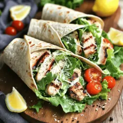 Für die gegrillten Chicken Caesar Wraps benötigst du diese frischen und leckeren Zutaten: - 2 Hähnchenbrustfilets, ohne Haut und Knochen - 2 Esslöffel Olivenöl - 1 Teelöffel Knoblauchpulver - 1 Teelöffel Zwiebelpulver - 1 Teelöffel getrockneter Oregano - Salz und Pfeffer nach Geschmack - 4 große Vollkorn-Tortillas - 2 Tassen Römersalat, grob gehackt - ½ Tasse Caesar-Dressing (im Laden gekauft oder selbstgemacht) - ¼ Tasse geriebener Parmesan - 1 Tasse Kirschtomaten, halbiert - Frisch gemahlener schwarzer Pfeffer und Zitronenschnitze zum Servieren Wenn du frische Zutaten auswählst, achte auf Qualität. Wähle Hähnchenbrustfilets, die frisch und rosa sind. Sie sollten keinen unangenehmen Geruch haben. Für den Römersalat wähle knackige Blätter, die keine braunen Stellen aufweisen. Frische Kirschtomaten sollten prall und rot sein. Achte darauf, dass dein Parmesan frisch gerieben ist, um den besten Geschmack zu erzielen. Für Menschen mit speziellen Diäten gibt es tolle Alternativen. Du kannst das Hähnchen durch gegrillte Tofuwürfel ersetzen, um eine vegetarische Option zu schaffen. Wenn du glutenfrei lebst, wähle glutenfreie Tortillas. Du kannst auch ein anderes Dressing verwenden, wie ein hausgemachtes Joghurtdressing, um Kalorien zu sparen. Diese Alternativen machen die Wraps für jeden geeignet. Zuerst müssen Sie das Hähnchen marinieren. Nehmen Sie eine kleine Schüssel. Geben Sie dort Olivenöl, Knoblauchpulver, Zwiebelpulver, Oregano, Salz und Pfeffer hinein. Mischen Sie alles gut. Reiben Sie die Marinade großzügig auf die Hähnchenbrustfilets. Achten Sie darauf, dass sie gleichmäßig beschichtet sind. Lassen Sie das Hähnchen mindestens 30 Minuten im Kühlschrank ruhen. Wenn Sie mehr Zeit haben, marinieren Sie es bis zu zwei Stunden. So zieht der Geschmack besser ein. Heizen Sie Ihren Grill oder eine Grillpfanne auf mittlere Hitze vor. Legen Sie die marinierten Hähnchenbrustfilets vorsichtig auf den Grill. Grillen Sie die Filets etwa 6 bis 7 Minuten pro Seite. Die Innentemperatur sollte 75 °C erreichen. Nach dem Grillen nehmen Sie die Hähnchen vom Grill und lassen sie 5 Minuten ruhen. Danach können Sie sie in dünne Scheiben schneiden. Bereiten Sie die Füllung für die Wraps vor. Nehmen Sie eine große Schüssel und geben Sie den gehackten Römersalat hinein. Fügen Sie das Caesar-Dressing und den geriebenen Parmesan hinzu. Mischen Sie alles vorsichtig, damit der Salat gut mit dem Dressing bedeckt ist. Legen Sie eine Tortilla flach auf die Arbeitsfläche. Platzieren Sie eine Portion der gegrillten Hähnchenscheiben auf einer Seite der Tortilla. Fügen Sie die Dressing-Mischung des Römersalats und die halbierten Kirschtomaten hinzu. Klappen Sie die Seiten der Tortilla nach innen und rollen Sie sie straff von unten auf. Wiederholen Sie diesen Schritt mit den restlichen Tortillas und Zutaten. Beim Grillen von Hähnchen gibt es einige häufige Fehler. Zuerst, die Hitze ist wichtig. Zu hohe Hitze kann das Hähnchen außen verbrennen und innen roh lassen. Achte darauf, den Grill auf mittlere Hitze einzustellen. Zweitens, das Hähnchen nicht zu oft wenden. Wenn du es ständig drehst, wird es nicht schön gebräunt. Lass es in Ruhe grillen. Drittens, nicht marinieren ist ein großer Fehler. Marinaden geben Geschmack und helfen, das Hähnchen saftig zu halten. Also, nutze die Marinade aus dem Rezept. Die Wraps schmecken am besten, wenn du sie frisch machst. Serviere sie sofort nach dem Zusammenstellen. Wenn du sie zu lange stehen lässt, werden die Tortillas weich. Wenn du Gäste hast, bereite die Füllung vor und stelle die Wraps dann schnell zusammen. Das hält alles frisch und knusprig. Wenn du vorhast, sie später zu servieren, lagere die Füllung separat. So bleibt die Textur erhalten. Die Präsentation ist wichtig, um dein Gericht ansprechend zu servieren. Du kannst die Wraps diagonal halbieren und auf einem schönen Teller anrichten. Lege einige Kirschtomaten daneben für Farbe. Ein wenig frisch gemahlener schwarzer Pfeffer obenauf sieht toll aus. Füge Zitronenschnitze hinzu, damit die Gäste ihre Wraps nach Belieben verfeinern können. Das macht das Gericht nicht nur lecker, sondern auch hübsch anzusehen. Wenn du mehr über die Zubereitung erfahren möchtest, sieh dir das Full Recipe an. {{image_4}} Wenn du eine vegetarische Option suchst, probiere gegrillte Zucchini oder Auberginen. Du kannst auch Kichererbsen verwenden. Diese sorgen für einen tollen Biss und ergänzen den Geschmack. Achte darauf, die Gemüse gut zu würzen, damit sie aromatisch sind. Das macht die Wraps ebenso lecker. Das Caesar-Dressing lässt sich leicht anpassen. Du kannst griechischen Joghurt statt Mayonnaise verwenden. Das macht das Dressing leichter. Für mehr Geschmack fügst du frischen Knoblauch oder Zitrone hinzu. Auch andere Salate, wie Rucola oder Spinat, passen gut. Experimentiere mit verschiedenen Käsesorten wie Feta oder Gouda. Um deine Mahlzeit zu vervollständigen, serviere die Wraps mit einer frischen Beilage. Ein einfacher grüner Salat mit Tomaten und Gurken passt gut. Auch eine Suppe ist eine tolle Idee. Du könntest eine leichte Tomatensuppe oder eine Kürbissuppe machen. Diese Beilagen runden dein Essen perfekt ab. Um die Wraps frisch zu halten, lege sie in einen luftdichten Behälter. Du kannst sie bis zu drei Tage im Kühlschrank aufbewahren. Wickele sie in Frischhaltefolie, wenn du sie transportieren möchtest. So bleiben sie feucht und lecker. Falls du Dressing übrig hast, stelle es in einen luftdichten Behälter. Es bleibt so bis zu einer Woche frisch. Bewahre es im Kühlschrank auf. Vor dem Gebrauch schüttle den Behälter gut. So vermischt sich alles wieder. Wenn du die Wraps wieder aufwärmen möchtest, lege sie in eine Pfanne bei mittlerer Hitze. Wende sie nach ein paar Minuten, bis sie warm sind. Du kannst auch einen Ofen nutzen. Lege die Wraps auf ein Backblech und erhitze sie bei 180 Grad Celsius für etwa 10 Minuten. Achte darauf, dass sie nicht zu trocken werden. Sie können die Wraps auch in einer Pfanne zubereiten. Erhitzen Sie etwas Öl in einer großen Pfanne bei mittlerer Hitze. Legen Sie die marinierten Hähnchenbrustfilets in die Pfanne. Braten Sie sie für etwa 6-7 Minuten pro Seite, bis sie gar sind. Die Pfanne gibt Ihnen eine schöne Bräunung, genau wie der Grill. So bleiben die Wraps saftig und lecker. Ja, das ist eine tolle Idee! Sie können das Hähnchen bis zu zwei Tage im Voraus marinieren. Lagern Sie es einfach in einem luftdichten Behälter im Kühlschrank. Auch das Dressing können Sie vorbereitet aufbewahren. Der Salat sollte aber frisch zubereitet werden, um knusprig zu bleiben. So sparen Sie Zeit, wenn es zum Essen kommt. Die Nährwerte können je nach Zutaten variieren. Im Allgemeinen enthält eine Portion etwa: - Kalorien: 400-500 - Protein: 30-35 g - Kohlenhydrate: 40-50 g - Fett: 15-20 g Diese Wraps bieten Ihnen eine ausgewogene Mahlzeit mit viel Geschmack. Für mehr Details, schauen Sie sich das Full Recipe an. Diese Anleitung zu Gegrillten Chicken Caesar Wraps deckt alle wichtigen Punkte ab. Wir haben die besten Zutaten besprochen, wie man das Hähnchen perfekt zubereitet und Tipps gegeben, um häufige Fehler zu vermeiden. Variationen und Lagerung sind ebenfalls wichtig, damit du deine Wraps genießen kannst. Denke daran, dass frische Zutaten und kreative Ideen einen großen Unterschied machen. Probier es aus und finde deinen eigenen Lieblingsstil. Deine Wraps werden sicher eine leckere Bereicherung für jede Mahlzeit sein!
