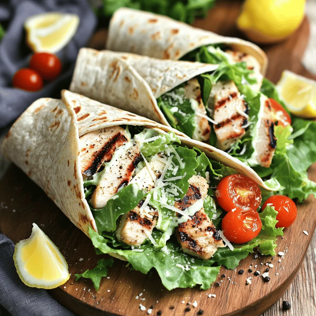 Für die gegrillten Chicken Caesar Wraps benötigst du diese frischen und leckeren Zutaten: - 2 Hähnchenbrustfilets, ohne Haut und Knochen - 2 Esslöffel Olivenöl - 1 Teelöffel Knoblauchpulver - 1 Teelöffel Zwiebelpulver - 1 Teelöffel getrockneter Oregano - Salz und Pfeffer nach Geschmack - 4 große Vollkorn-Tortillas - 2 Tassen Römersalat, grob gehackt - ½ Tasse Caesar-Dressing (im Laden gekauft oder selbstgemacht) - ¼ Tasse geriebener Parmesan - 1 Tasse Kirschtomaten, halbiert - Frisch gemahlener schwarzer Pfeffer und Zitronenschnitze zum Servieren Wenn du frische Zutaten auswählst, achte auf Qualität. Wähle Hähnchenbrustfilets, die frisch und rosa sind. Sie sollten keinen unangenehmen Geruch haben. Für den Römersalat wähle knackige Blätter, die keine braunen Stellen aufweisen. Frische Kirschtomaten sollten prall und rot sein. Achte darauf, dass dein Parmesan frisch gerieben ist, um den besten Geschmack zu erzielen. Für Menschen mit speziellen Diäten gibt es tolle Alternativen. Du kannst das Hähnchen durch gegrillte Tofuwürfel ersetzen, um eine vegetarische Option zu schaffen. Wenn du glutenfrei lebst, wähle glutenfreie Tortillas. Du kannst auch ein anderes Dressing verwenden, wie ein hausgemachtes Joghurtdressing, um Kalorien zu sparen. Diese Alternativen machen die Wraps für jeden geeignet. Zuerst müssen Sie das Hähnchen marinieren. Nehmen Sie eine kleine Schüssel. Geben Sie dort Olivenöl, Knoblauchpulver, Zwiebelpulver, Oregano, Salz und Pfeffer hinein. Mischen Sie alles gut. Reiben Sie die Marinade großzügig auf die Hähnchenbrustfilets. Achten Sie darauf, dass sie gleichmäßig beschichtet sind. Lassen Sie das Hähnchen mindestens 30 Minuten im Kühlschrank ruhen. Wenn Sie mehr Zeit haben, marinieren Sie es bis zu zwei Stunden. So zieht der Geschmack besser ein. Heizen Sie Ihren Grill oder eine Grillpfanne auf mittlere Hitze vor. Legen Sie die marinierten Hähnchenbrustfilets vorsichtig auf den Grill. Grillen Sie die Filets etwa 6 bis 7 Minuten pro Seite. Die Innentemperatur sollte 75 °C erreichen. Nach dem Grillen nehmen Sie die Hähnchen vom Grill und lassen sie 5 Minuten ruhen. Danach können Sie sie in dünne Scheiben schneiden. Bereiten Sie die Füllung für die Wraps vor. Nehmen Sie eine große Schüssel und geben Sie den gehackten Römersalat hinein. Fügen Sie das Caesar-Dressing und den geriebenen Parmesan hinzu. Mischen Sie alles vorsichtig, damit der Salat gut mit dem Dressing bedeckt ist. Legen Sie eine Tortilla flach auf die Arbeitsfläche. Platzieren Sie eine Portion der gegrillten Hähnchenscheiben auf einer Seite der Tortilla. Fügen Sie die Dressing-Mischung des Römersalats und die halbierten Kirschtomaten hinzu. Klappen Sie die Seiten der Tortilla nach innen und rollen Sie sie straff von unten auf. Wiederholen Sie diesen Schritt mit den restlichen Tortillas und Zutaten. Beim Grillen von Hähnchen gibt es einige häufige Fehler. Zuerst, die Hitze ist wichtig. Zu hohe Hitze kann das Hähnchen außen verbrennen und innen roh lassen. Achte darauf, den Grill auf mittlere Hitze einzustellen. Zweitens, das Hähnchen nicht zu oft wenden. Wenn du es ständig drehst, wird es nicht schön gebräunt. Lass es in Ruhe grillen. Drittens, nicht marinieren ist ein großer Fehler. Marinaden geben Geschmack und helfen, das Hähnchen saftig zu halten. Also, nutze die Marinade aus dem Rezept. Die Wraps schmecken am besten, wenn du sie frisch machst. Serviere sie sofort nach dem Zusammenstellen. Wenn du sie zu lange stehen lässt, werden die Tortillas weich. Wenn du Gäste hast, bereite die Füllung vor und stelle die Wraps dann schnell zusammen. Das hält alles frisch und knusprig. Wenn du vorhast, sie später zu servieren, lagere die Füllung separat. So bleibt die Textur erhalten. Die Präsentation ist wichtig, um dein Gericht ansprechend zu servieren. Du kannst die Wraps diagonal halbieren und auf einem schönen Teller anrichten. Lege einige Kirschtomaten daneben für Farbe. Ein wenig frisch gemahlener schwarzer Pfeffer obenauf sieht toll aus. Füge Zitronenschnitze hinzu, damit die Gäste ihre Wraps nach Belieben verfeinern können. Das macht das Gericht nicht nur lecker, sondern auch hübsch anzusehen. Wenn du mehr über die Zubereitung erfahren möchtest, sieh dir das Full Recipe an. {{image_4}} Wenn du eine vegetarische Option suchst, probiere gegrillte Zucchini oder Auberginen. Du kannst auch Kichererbsen verwenden. Diese sorgen für einen tollen Biss und ergänzen den Geschmack. Achte darauf, die Gemüse gut zu würzen, damit sie aromatisch sind. Das macht die Wraps ebenso lecker. Das Caesar-Dressing lässt sich leicht anpassen. Du kannst griechischen Joghurt statt Mayonnaise verwenden. Das macht das Dressing leichter. Für mehr Geschmack fügst du frischen Knoblauch oder Zitrone hinzu. Auch andere Salate, wie Rucola oder Spinat, passen gut. Experimentiere mit verschiedenen Käsesorten wie Feta oder Gouda. Um deine Mahlzeit zu vervollständigen, serviere die Wraps mit einer frischen Beilage. Ein einfacher grüner Salat mit Tomaten und Gurken passt gut. Auch eine Suppe ist eine tolle Idee. Du könntest eine leichte Tomatensuppe oder eine Kürbissuppe machen. Diese Beilagen runden dein Essen perfekt ab. Um die Wraps frisch zu halten, lege sie in einen luftdichten Behälter. Du kannst sie bis zu drei Tage im Kühlschrank aufbewahren. Wickele sie in Frischhaltefolie, wenn du sie transportieren möchtest. So bleiben sie feucht und lecker. Falls du Dressing übrig hast, stelle es in einen luftdichten Behälter. Es bleibt so bis zu einer Woche frisch. Bewahre es im Kühlschrank auf. Vor dem Gebrauch schüttle den Behälter gut. So vermischt sich alles wieder. Wenn du die Wraps wieder aufwärmen möchtest, lege sie in eine Pfanne bei mittlerer Hitze. Wende sie nach ein paar Minuten, bis sie warm sind. Du kannst auch einen Ofen nutzen. Lege die Wraps auf ein Backblech und erhitze sie bei 180 Grad Celsius für etwa 10 Minuten. Achte darauf, dass sie nicht zu trocken werden. Sie können die Wraps auch in einer Pfanne zubereiten. Erhitzen Sie etwas Öl in einer großen Pfanne bei mittlerer Hitze. Legen Sie die marinierten Hähnchenbrustfilets in die Pfanne. Braten Sie sie für etwa 6-7 Minuten pro Seite, bis sie gar sind. Die Pfanne gibt Ihnen eine schöne Bräunung, genau wie der Grill. So bleiben die Wraps saftig und lecker. Ja, das ist eine tolle Idee! Sie können das Hähnchen bis zu zwei Tage im Voraus marinieren. Lagern Sie es einfach in einem luftdichten Behälter im Kühlschrank. Auch das Dressing können Sie vorbereitet aufbewahren. Der Salat sollte aber frisch zubereitet werden, um knusprig zu bleiben. So sparen Sie Zeit, wenn es zum Essen kommt. Die Nährwerte können je nach Zutaten variieren. Im Allgemeinen enthält eine Portion etwa: - Kalorien: 400-500 - Protein: 30-35 g - Kohlenhydrate: 40-50 g - Fett: 15-20 g Diese Wraps bieten Ihnen eine ausgewogene Mahlzeit mit viel Geschmack. Für mehr Details, schauen Sie sich das Full Recipe an. Diese Anleitung zu Gegrillten Chicken Caesar Wraps deckt alle wichtigen Punkte ab. Wir haben die besten Zutaten besprochen, wie man das Hähnchen perfekt zubereitet und Tipps gegeben, um häufige Fehler zu vermeiden. Variationen und Lagerung sind ebenfalls wichtig, damit du deine Wraps genießen kannst. Denke daran, dass frische Zutaten und kreative Ideen einen großen Unterschied machen. Probier es aus und finde deinen eigenen Lieblingsstil. Deine Wraps werden sicher eine leckere Bereicherung für jede Mahlzeit sein!