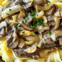 Für ein köstliches Gericht benötigst du folgende Zutaten: - 450 g Rinderfilet, in dünne Streifen geschnitten - 2 Esslöffel Mehl - 2 Esslöffel Olivenöl - 1 mittelgroße Zwiebel, fein gewürfelt - 3 Knoblauchzehen, fein gehackt - 230 g Champignons, in Scheiben geschnitten - 1 Teelöffel Dijon-Senf - 240 ml Rinderbrühe - 240 ml saure Sahne - 1 Esslöffel Worcestershire-Sauce - Salz und Pfeffer nach Geschmack - Frische Petersilie, gehackt (zum Garnieren) - Gekochte Eiernudeln, zum Servieren Jede dieser Zutaten spielt eine wichtige Rolle in diesem Rezept. Das Rinderfilet gibt dem Gericht seinen herzhaften Geschmack. Die saure Sahne sorgt für die cremige Textur. Die Champignons bringen ein feines Aroma und die Zwiebeln und der Knoblauch fügen Tiefe hinzu. Wenn du spezielle diätetische Bedürfnisse hast, gibt es viele Alternativen. Du kannst das Rinderfilet durch Hähnchen oder Tofu ersetzen. Für eine glutenfreie Option benutze glutenfreies Mehl. Wenn du auf Milchprodukte verzichtest, probiere pflanzliche Sahne. Diese Anpassungen machen das Rezept für jeden zugänglich. Frische Zutaten sind der Schlüssel zu gutem Essen. Achte darauf, dass das Rinderfilet eine rote Farbe hat und nicht schleimig ist. Die Zwiebeln sollten fest und glänzend sein. Wähle Champignons, die fest und trocken sind. Diese frischen Zutaten machen deinen Stroganoff besonders lecker und aromatisch. Für das vollständige Rezept, schau dir das vollständige Rezept an. Beginne mit dem Rindfleisch. Schneide es in dünne Streifen. Das sorgt für eine zarte Textur. Mische das Fleisch in einer Schüssel mit Mehl, Salz und Pfeffer. Achte darauf, dass alle Stücke gut bedeckt sind. Das Mehl hilft, die Soße später zu binden. Jetzt ist es Zeit für das Gemüse. Würfle die Zwiebel fein und hacke den Knoblauch. Schneide die Champignons in Scheiben. Bereite alles vor, damit du schnell arbeiten kannst. Erhitze Olivenöl in einer großen Pfanne. Die Hitze sollte mittel bis hoch sein. Füge das Rindfleisch hinzu und brate es 2-3 Minuten lang an. Das Fleisch sollte schön braun werden. Nimm es dann aus der Pfanne und lege es beiseite. Im gleichen Öl brate die Zwiebel für 3-4 Minuten. Sie sollte glasig werden. Danach kommen der Knoblauch und die Champignons dazu. Brate alles, bis die Pilze goldbraun sind. Das dauert etwa 5 Minuten. Rühre den Dijon-Senf ein und koche eine weitere Minute. Gieße dann die Rinderbrühe langsam hinein und rühre gut um. Lass die Mischung zum Simmern kommen. Jetzt kommt das gebräunte Rindfleisch zurück in die Pfanne. Füge die Worcestershire-Sauce hinzu und lasse alles 5-7 Minuten köcheln. Die Aromen sollten sich gut vermischen. Reduziere die Hitze auf niedrig. Rühre die saure Sahne gleichmäßig ein. So entsteht eine cremige Soße. Schmecke nach Belieben mit Salz und Pfeffer ab. Serviere das Gericht auf gekochten Eiernudeln. Garniere es mit frisch gehackter Petersilie. So wird dein Beef Stroganoff nicht nur lecker, sondern auch schön anzusehen. Für das vollständige Rezept schau dir [Full Recipe] an. Wählen Sie immer frisches Rindfleisch. Achten Sie auf eine tiefrote Farbe. Das Fleisch sollte fest sein und gut riechen. Rinderfilet ist die beste Wahl für Stroganoff. Es bleibt zart und saftig. Sie können auch Rinderhüfte verwenden. Sie ist etwas günstiger, aber ebenfalls lecker. Fragen Sie beim Metzger nach dem besten Stück. Ein guter Metzger gibt Ihnen gern Tipps. Um Ihren Stroganoff besonders cremig zu machen, verwenden Sie saure Sahne von hoher Qualität. Sie bringt den besten Geschmack. Fügen Sie die saure Sahne am Ende hinzu, wenn die Hitze niedrig ist. So bleibt sie glatt und verleiht dem Gericht eine tolle Konsistenz. Sie können auch etwas Frischkäse einrühren, um die Cremigkeit zu erhöhen. Denken Sie daran, die Sauce gut zu rühren, damit alles gut vermischt ist. Einer der häufigsten Fehler ist, das Fleisch zu lange zu garen. Es sollte nur kurz angebraten werden, damit es zart bleibt. Ein anderer Fehler ist, die saure Sahne zu früh hinzuzufügen. Dadurch kann sie gerinnen. Achten Sie darauf, dass die Zwiebeln und Pilze nicht zu lange braten. Sie sollten noch etwas Biss haben, wenn Sie sie servieren. Überprüfen Sie die Gewürze am Ende des Kochens. So stellen Sie sicher, dass alles perfekt schmeckt. Für das vollständige Rezept schauen Sie sich den [Full Recipe] an. {{image_4}} Rinder-Stroganoff lässt sich leicht in eine vegetarische Version umwandeln. Statt Rindfleisch nutzen Sie einfach Pilze. Champignons oder Portobello sind perfekte Alternativen. Diese Pilze haben eine fleischige Textur und einen tollen Geschmack. Sie können auch Tofu verwenden, um das Gericht proteinreich zu gestalten. Marinieren Sie den Tofu vorher, damit er mehr Geschmack aufnimmt. Die Gewürze machen den Unterschied. Fügen Sie Paprika oder Thymian hinzu, um mehr Tiefe zu schaffen. Ein Hauch von Kreuzkümmel kann das Gericht auch interessanter machen. Experimentieren Sie mit Kräutern wie Oregano oder Rosmarin. Diese geben dem Stroganoff ein neues Aroma. Ein paar Spritzer Zitronensaft am Ende bringen Frische ins Gericht. Traditionell wird Stroganoff mit Eiernudeln serviert. Aber es gibt viele Alternativen. Probieren Sie Quinoa oder Reis für eine gesündere Option. Gebratene Kartoffeln oder Polenta passen ebenfalls gut. Wenn Sie Gemüse mögen, servieren Sie den Stroganoff auf einem Bett aus Spinat oder Zucchini-Nudeln. Diese Variationen machen das Gericht aufregend und abwechslungsreich. Für das vollständige Rezept und die Zubereitung besuchen Sie die [Full Recipe]. Um den Rinder-Stroganoff frisch zu halten, lagere ihn in einem luftdichten Behälter. Stelle sicher, dass die Speise abgekühlt ist, bevor du sie einpackst. Bei Raumtemperatur sollte der Stroganoff nicht länger als zwei Stunden stehen. Im Kühlschrank hält sich der Stroganoff bis zu drei Tage. Achte darauf, dass der Behälter gut verschlossen ist, um Feuchtigkeit zu vermeiden. Du kannst Rinder-Stroganoff auch einfrieren. Teile ihn in Portionen auf und fülle ihn in gefriergeeignete Behälter. Beschrifte die Behälter mit dem Datum. So behältst du den Überblick. Der gefrorene Stroganoff bleibt bis zu drei Monate haltbar. Zum Auftauen lege den Behälter über Nacht in den Kühlschrank. Das sorgt für eine schonende Auftauung. Um den Stroganoff wieder aufzuwärmen, erwärme ihn in einem Topf bei niedriger Hitze. Füge einen Schuss Rinderbrühe oder etwas Sauerrahm hinzu, um die Cremigkeit zu erhalten. Rühre regelmäßig um, damit nichts anbrennt. Du kannst auch die Mikrowelle verwenden, aber achte darauf, den Stroganoff in kurzen Intervallen zu erhitzen. Dies hilft, die Wärme gleichmäßig zu verteilen. So bleibt der Geschmack frisch und lecker. Die Zubereitung von Rinder-Stroganoff dauert insgesamt etwa 30 Minuten. Die Vorbereitungszeit ist etwa 15 Minuten, während das Kochen etwa 15 Minuten dauert. Du kannst in dieser Zeit alle Zutaten bereitstellen und die einzelnen Schritte zügig durchführen. So bleibt das Gericht frisch und lecker. Ja, du kannst das Rezept im Voraus zubereiten. Du kannst den Stroganoff einen Tag vorher machen und im Kühlschrank aufbewahren. Wenn du bereit bist, ihn zu servieren, erhitzt du ihn einfach auf dem Herd. Achte darauf, die saure Sahne erst kurz vor dem Servieren hinzuzufügen. So bleibt die Creme frisch und geschmeidig. Rinder-Stroganoff schmeckt hervorragend mit gekochten Eiernudeln. Du kannst auch Reis oder Kartoffelpüree verwenden. Beilagen aus frischem Gemüse sind ebenfalls eine gute Wahl. Grüner Salat mit leichtem Dressing ergänzt das Gericht gut. So hast du eine ausgewogene Mahlzeit, die allen schmeckt. In diesem Blogbeitrag haben wir die besten Zutaten für Sahniger Pilz-Rinder-Stroganoff und tolle Alternativen behandelt. Ich habe Schritt für Schritt erklärt, wie Sie das Gericht zubereiten. Außerdem gab es Tipps, um häufige Fehler zu vermeiden und um den Stroganoff cremig zu machen. Sie haben auch Ideen für Variationen und Lagerungshinweise erhalten. Kochen macht Freude, besonders mit einem leckeren Gericht wie diesem. Probieren Sie es aus und lassen Sie Ihrer Kreativität freien Lauf!