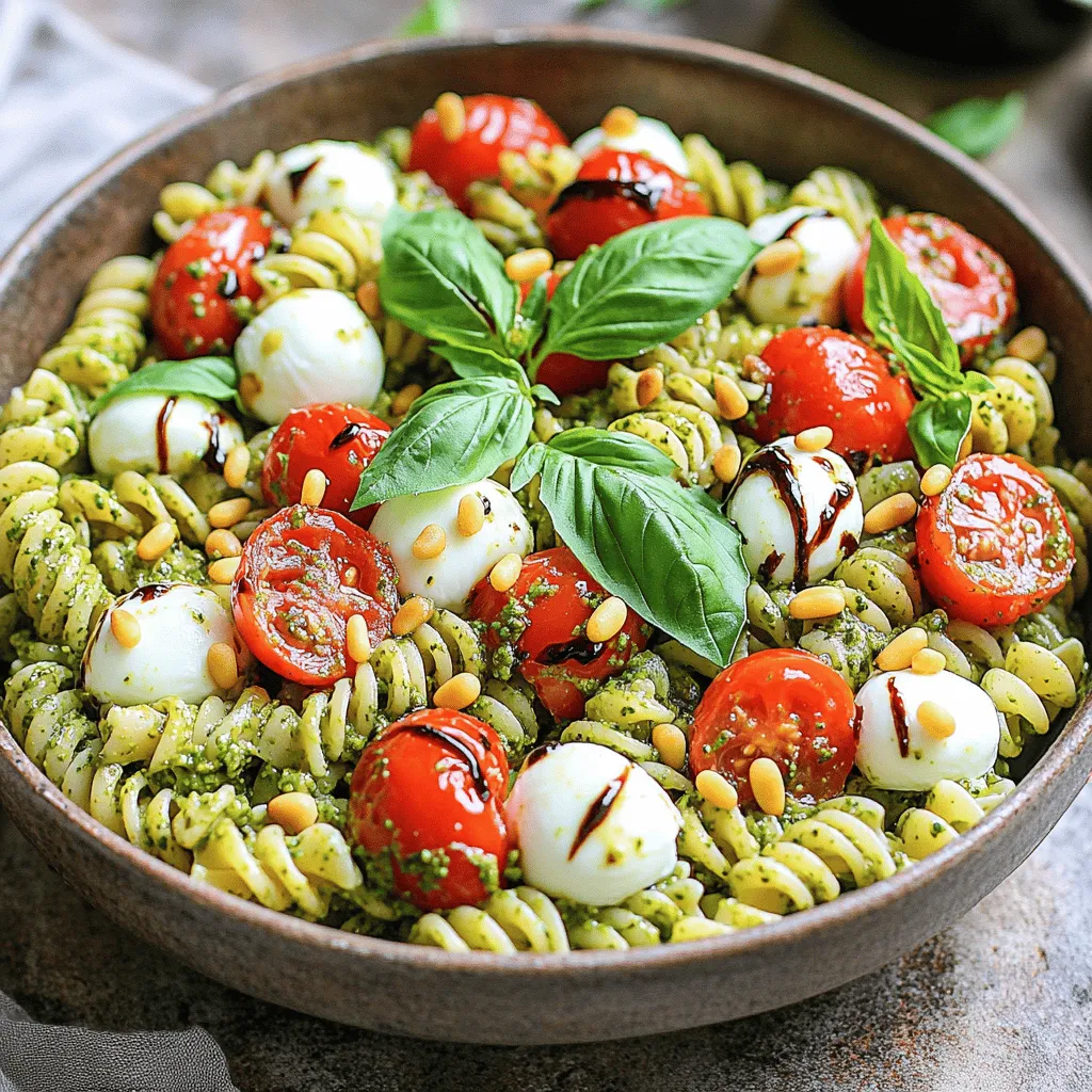- 2 Tassen Fusilli-Nudeln - 1 Tasse Kirschtomaten, halbiert - 1 Tasse frische Mozzarellabällchen, halbiert - 1 Tasse frische Basilikumblätter, grob gehackt - 1 Tasse hausgemachtes oder gekauftes Pesto Die Auswahl frischer Zutaten ist wichtig. Frische Kirschtomaten geben dem Salat süßen Geschmack. Mozzarella sorgt für Cremigkeit. Basilikum bringt frische Aromen. Du kannst hausgemachtes Pesto verwenden, um mehr Geschmack zu bekommen. Gekauftes Pesto ist schnell und bequem. Achte darauf, dass es aus frischen Zutaten besteht. Füge optionales Gemüse hinzu, wie Paprika oder Zucchini. Du kannst auch Proteine wie gegrilltes Hähnchen oder Kichererbsen verwenden. Diese sorgen für mehr Nährstoffe. So wird der Salat noch sättigender und abwechslungsreicher. Experimentiere mit verschiedenen Zutaten, um deinen perfekten Pesto Caprese Pasta Salad zu kreieren. Um die perfekte Pasta zu machen, beginne mit einem großen Topf. Fülle ihn mit Wasser und füge viel Salz hinzu. Das Salzwasser hilft, den Geschmack der Pasta zu verbessern. Bringe das Wasser zum Kochen. Gib dann die Fusilli-Nudeln hinein. Koche sie gemäß der Packungsanweisung, bis sie al dente sind. Das bedeutet, sie sind weich, aber noch bissfest. Wenn die Pasta fertig ist, gieße sie ab. Spüle sie mit kaltem Wasser, damit das Kochen stoppt und sie abkühlt. Nimm eine große Schüssel und füge die abgekühlten Nudeln hinzu. Jetzt ist es Zeit für die anderen Zutaten. Füge die halbierten Kirschtomaten hinzu. Die süße Frische der Tomaten passt perfekt. Dann kommen die halbierten Mozzarellabällchen. Diese sind cremig und lecker. Füge auch die grob gehackten Basilikumblätter hinzu. Sie bringen einen frischen Geschmack. Mische alles gut, bis die Zutaten gleichmäßig verteilt sind. In einer kleinen Schüssel mische das Pesto mit einem Esslöffel Olivenöl. Dies macht das Pesto flüssiger und einfacher zu verteilen. Gieße die Mischung über den Salat. Mische alles vorsichtig, bis die Pasta gut mit Pesto bedeckt ist. Jetzt ist es Zeit zu würzen. Füge Salz und Pfeffer nach Geschmack hinzu. Denke daran, das Pesto kann schon salzig sein. Daher ist es klug, zuerst zu kosten. Wenn du magst, kannst du geröstete Pinienkerne unter den Salat heben. Sie geben einen schönen Crunch. Für den besten Geschmack decke den Salat ab und stelle ihn für mindestens 30 Minuten in den Kühlschrank. So können die Aromen verschmelzen. Du kannst den Salat kalt oder bei Zimmertemperatur servieren. Ein Spritzer Balsamico-Glasur macht das Gericht noch köstlicher. Für das vollständige Rezept, schaue dir die [Full Recipe] an. Um die Vorbereitungszeit zu kürzen, nutze frische Zutaten. Kaufe geschnittene Kirschtomaten und Mozzarella. Das spart Zeit. Du kannst auch die Pasta am Vortag kochen. Lagere sie im Kühlschrank. Achte darauf, die Pasta gut abzuspülen, um das Kleben zu verhindern. Bereite das Pesto vor oder kaufe es fertig. So sparst du weitere Minuten. Um den Pesto-Geschmack zu intensivieren, füge frische Basilikumblätter hinzu. Du kannst auch etwas Zitronensaft einmischen. Dies bringt Frische und Tiefe. Ein Schuss Olivenöl kann das Aroma verstärken. Wenn du mehr Crunch möchtest, röste die Pinienkerne leicht an. Das gibt dem Salat mehr Textur und Geschmack. Für die ideale Präsentation serviere den Salat in einer großen Schüssel. Garniere ihn mit frischen Basilikumblättern. Ein Spritzer Balsamico-Glasur um den Rand der Schüssel sieht toll aus. Serviere dazu knuspriges Brot oder Bruschetta. Das passt perfekt zu diesem Gericht. Für einen zusätzlichen Wow-Effekt, kannst du auch einige geröstete Pinienkerne darüber streuen. Für die vollständige Anleitung, siehe die [Full Recipe]. {{image_4}} Wenn du auf Käse verzichten möchtest, ist das kein Problem. Du kannst den Mozzarella durch Avocado ersetzen. Avocado gibt dem Salat eine cremige Textur. Du kannst auch geröstetes Gemüse wie Paprika oder Zucchini hinzugeben. Diese bringen viel Geschmack. Wenn du frische Kräuter magst, probiere Schnittlauch oder Petersilie. Diese Kräuter passen gut zum Pesto und geben dem Salat einen frischen Kick. Für mehr Protein füge Hähnchenbrust oder Garnelen hinzu. Diese Proteine machen den Salat sättigender. Wenn du pflanzliche Optionen bevorzugst, sind Kichererbsen oder schwarze Bohnen eine gute Wahl. Sie bringen nicht nur Protein, sondern auch Ballaststoffe. Du kannst sie einfach unter den Salat mischen. Dies macht die Mahlzeit nahrhafter und leckerer. Nutze saisonales Gemüse für mehr Frische. Im Frühling sind Spargel und Erbsen ideal. Im Sommer kannst du Zucchini und Paprika nehmen. Im Herbst schmecken geröstete Kürbiswürfel fantastisch. Frische Kräuter wie Rucola oder Minze bringen neue Aromen. Diese Anpassungen sorgen für Abwechslung und machen den Salat spannend. Um deinen Pesto Caprese Nudelsalat frisch zu halten, lagere ihn im Kühlschrank. Verwende einen luftdichten Behälter, um das Aroma zu bewahren. Stelle sicher, dass der Salat gut abgedeckt ist. So vermeidest du, dass er austrocknet oder Gerüche von anderen Lebensmitteln aufnimmt. Der Salat bleibt frisch für etwa 3 Tage im Kühlschrank. Achte darauf, die Zutaten frisch zu halten. Kirschtomaten und Mozzarella können schnell verderben. Wenn du den Salat länger aufbewahren möchtest, lasse die Pinienkerne weg, bis du servierst. So bleibt der Crunch erhalten. Aufwärmen des Pesto Caprese Nudelsalats ist nicht empfehlenswert. Die Aromen verändern sich und die Textur wird weniger ansprechend. Am besten servierst du den Salat kalt oder bei Zimmertemperatur. So schmeckt er am besten und bleibt frisch. Die Zutaten ergeben vier Portionen. Wenn du mehr Gäste hast, kannst du die Mengen einfach verdoppeln. Das Rezept ist flexibel und einfach anpassbar. So kannst du sicherstellen, dass jeder genug bekommt und der Salat schnell fertig ist. Ja, du kannst den Salat einen Tag im Voraus zubereiten. Achte darauf, ihn gut abzudecken und im Kühlschrank zu lagern. So bleiben die Aromen frisch. Vor dem Servieren solltest du den Salat kurz umrühren. Wenn er zu trocken ist, kannst du etwas Olivenöl oder Pesto hinzufügen. Es gibt tolle Alternativen zum klassischen Pesto. Du kannst zum Beispiel eine Avocado-Creme oder eine Olivenpaste verwenden. Diese Optionen bieten neue Geschmäcker. Auch ein leichtes Joghurtdressing passt gut dazu. Experimentiere ruhig mit verschiedenen Saucen! Die Zutaten für unseren Nudelsalat sind einfach und frisch. Wir haben Pasta, Kirschtomaten, Mozzarella und Basilikum verwendet. Ein gutes Pesto macht den Geschmack großartig. Du kannst auch Gemüse oder Proteine hinzufügen, um Abwechslung zu schaffen. Die Schritt-für-Schritt-Anleitung hilft, den Salat perfekt zuzubereiten. Tipps zur Lagerung geben dir Sicherheit für die Frische. Variationen lassen sich leicht anpassen, um jeden Geschmack zu treffen. Nutze diese Tipps für deinen eigenen Nudelsalat. Er wird lecker und gesund sein!