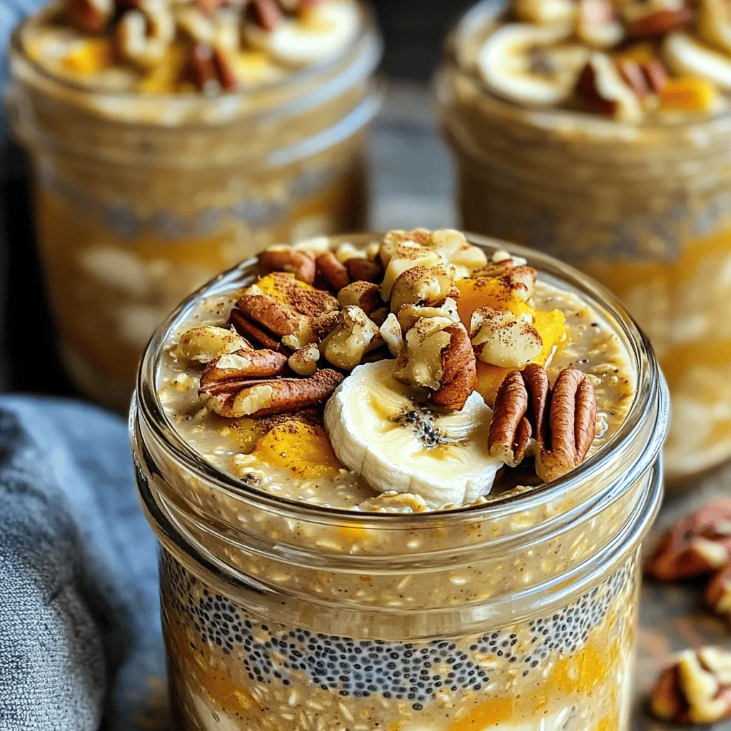 Für die Kürbisgewürz Overnight Oats brauchst du: - 1 Tasse Haferflocken (großflockig) - 1 Tasse Mandeldrink (oder Milch nach Wahl) - 1/2 Tasse Kürbispüree aus der Dose - 1 Esslöffel Ahornsirup (nach Geschmack anpassen) - 1/2 Teelöffel Kürbiskürbisgewürz (plus extra zum Garnieren) - 1 Esslöffel Chiasamen - 1/2 Teelöffel Vanilleextrakt - Eine Prise Salz - Optionale Toppings: gehackte Pekannüsse, Walnüsse, Bananenscheiben oder ein Klecks Joghurt Du kannst einige Zutaten ersetzen, um den Geschmack zu variieren: - Anstelle von Mandeldrink kannst du auch Hafermilch oder Kuhmilch verwenden. - Verwende frisches Kürbispüree, wenn du es selbst machen möchtest. - Agavendicksaft kann den Ahornsirup ersetzen. - Du kannst andere Gewürze wie Zimt oder Muskatnuss hinzufügen. Frische Zutaten machen einen großen Unterschied. Hier sind einige Tipps: - Achte darauf, dass das Kürbispüree keine Zusatzstoffe hat. - Wähle Haferflocken ohne Zuckerzusatz. - Wenn du Nüsse kaufst, suche nach ungesalzenen Optionen. - Frische Bananen sollten leicht gelb sein und keine braunen Flecken haben. Diese einfachen Tipps helfen dir, die besten Zutaten zu wählen. Sie sorgen für leckere Overnight Oats. Wenn du mehr über das Rezept erfahren möchtest, schau dir [Full Recipe] an. Um die Kürbisgewürz Overnight Oats zuzubereiten, beginne mit einer großen Schüssel. Füge die Zutaten hinzu: - 1 Tasse Haferflocken (großflockig) - 1 Tasse Mandeldrink (oder Milch nach Wahl) - 1/2 Tasse Kürbispüree aus der Dose - 1 Esslöffel Ahornsirup (nach Geschmack anpassen) - 1/2 Teelöffel Kürbiskürbisgewürz (plus extra zum Garnieren) - 1 Esslöffel Chiasamen - 1/2 Teelöffel Vanilleextrakt - Eine Prise Salz Mische alles gut mit einem Schneebesen. Achte darauf, dass die Mischung gleichmäßig und glatt wird. Teile die Mischung dann auf zwei luftdichte Gläser auf. Verschließe die Gläser und stelle sie für mindestens 4 Stunden oder über Nacht in den Kühlschrank. Die Konsistenz ist wichtig für den Genuss. Wenn die Mischung im Kühlschrank war, rühre sie gut um, bevor du sie isst. Falls sie zu dick ist, füge einen Spritzer Milch hinzu. So bekommst du die perfekte Cremigkeit. Die Vorbereitungszeit beträgt nur 10 Minuten. Die Gesamtzeit im Kühlschrank sollte mindestens 4 Stunden oder über Nacht betragen. So können die Haferflocken die Flüssigkeit und Aromen gut aufnehmen. Für die besten Ergebnisse, serviere die Overnight Oats in den Gläsern. Füge farbenfrohe Toppings wie gehackte Nüsse oder Bananenscheiben hinzu, um das Gericht noch ansprechender zu machen. Das Rezept für diese köstlichen Overnight Oats findest du in der [Full Recipe]. Ein häufiger Fehler ist, die Haferflocken nicht gut mit der Flüssigkeit zu vermengen. Das führt zu klumpigen Overnight Oats. Stelle sicher, dass alles gleichmäßig verteilt ist. Achte auch darauf, die richtige Menge Kürbispüree zu verwenden. Zu viel kann die Mischung zu dick machen. Ein weiterer Fehler ist, die Overnight Oats nicht lange genug im Kühlschrank zu lassen. Mindestens vier Stunden sind wichtig, damit die Aromen gut durchziehen. Du kannst das Rezept leicht anpassen. Zum Beispiel, wenn du es süßer magst, füge mehr Ahornsirup hinzu. Für einen stärkeren Kürbisgeschmack kannst du mehr Kürbispüree oder Gewürz verwenden. Experimentiere auch mit Toppings. Gehackte Nüsse, Bananen oder Joghurt machen es leckerer. Nutze die Gelegenheit, um deine Lieblingszutaten zu entdecken. Um Zeit zu sparen, bereite gleich mehrere Portionen vor. Du kannst die Oats in verschiedenen Gläsern aufbewahren. So hast du für mehrere Tage Frühstück bereit. Stelle sicher, dass die Gläser gut verschlossen sind. Das hält die Oats frisch. Nutze die Zeit, um andere Frühstücksideen zu erkunden, die ebenfalls gesund sind. {{image_4}} Für vegane Kürbisgewürz Overnight Oats kannst du Milch durch pflanzliche Drinks ersetzen. Mandeldrink funktioniert gut, aber auch Hafer- oder Sojadrink sind toll. Das Kürbispüree bleibt gleich, und du kannst den Ahornsirup für Süße nutzen. Wenn du einen cremigen Geschmack magst, füge etwas Kokosjoghurt hinzu. Er macht die Mischung noch reichhaltiger und leckerer. Um die Proteinmenge zu erhöhen, kannst du einen Löffel Proteinpulver in die Mischung geben. Ein Vanille- oder Erdnussbutter-Pulver passt gut dazu. Chiasamen sind auch eine gute Wahl, da sie zusätzliches Protein und Ballaststoffe bieten. Wenn du Nüsse magst, füge gehackte Mandeln oder Walnüsse hinzu. Diese verleihen nicht nur Proteine, sondern auch einen tollen Crunch. Du kannst die Grundmischung leicht anpassen. Füge zum Beispiel einen Esslöffel Kakaopulver für schokoladigen Genuss hinzu. Oder probiere Zimt und Muskatnuss, um die Aromen zu verstärken. Du kannst auch frische Früchte wie Äpfel oder Birnen unterrühren. Diese geben einen süßen und frischen Geschmack. Für einen besonderen Kick kannst du auch ein wenig Ingwer hinzufügen. So wird dein Frühstück nicht nur lecker, sondern auch spannend. Wenn du mehr über die Zubereitung erfahren möchtest, schaue dir das [Full Recipe] an. Kürbisgewürz Overnight Oats sind im Kühlschrank bis zu fünf Tage haltbar. Dies macht sie ideal für eine Woche voller gesunder Frühstücke. Nach der Zubereitung solltest du die Gläser sofort in den Kühlschrank stellen. Wenn du sie gut verschließt, bleibt die Frische erhalten. Die besten Lagerbedingungen sind kühl und dunkel. Dein Kühlschrank sollte konstant zwischen 1 und 4 Grad Celsius bleiben. Vermeide es, die Gläser in die Tür zu stellen. Dort schwankt die Temperatur oft. Lagere sie im Hauptteil des Kühlschranks. So bleiben sie länger frisch. Ich empfehle, die Overnight Oats für die ganze Woche vorzubereiten. So sparst du Zeit am Morgen. Teile die Mischung in vier oder fünf Gläser auf. Achte darauf, dass du genug Platz für Toppings lässt. Du kannst die Gläser mit verschiedenen Toppings anpassen. Das macht jede Portion einzigartig. Wenn du die Gläser am Sonntag vorbereitest, hast du leckere Oats für die Woche. Ja, du kannst die Overnight Oats aufwärmen. Manchmal mag ich es, sie warm zu genießen. Um dies zu tun, nimm einfach eine Portion aus dem Kühlschrank. Erwärme sie in der Mikrowelle für etwa 30 Sekunden bis 1 Minute. Rühre gut um, um gleichmäßige Wärme zu erhalten. Wenn die Mischung zu dick ist, füge etwas mehr Milch hinzu. Overnight Oats bieten viele Vorteile. Sie sind voller Ballaststoffe, die gut für die Verdauung sind. Diese Ballaststoffe helfen, den Blutzuckerspiegel stabil zu halten. Außerdem enthalten sie Proteine, die dich länger satt halten. Hafer hat auch viele Vitamine und Mineralien. Chiasamen fügen gesunde Fette hinzu, die für dein Herz gut sind. Die Haferflocken sollten mindestens 4 Stunden im Kühlschrank bleiben. Ich empfehle, sie über Nacht stehen zu lassen. So können sie die Flüssigkeit gut aufnehmen. Das sorgt für eine cremige und köstliche Konsistenz. Du kannst sie auch bis zu 5 Tage im Kühlschrank aufbewahren. Stelle sicher, dass sie in einem luftdichten Behälter sind. Kürbisgewürz Overnight Oats sind einfach und lecker. Wir haben die besten Zutaten und Tipps geteilt, um das Rezept anzupassen. Du hast gelernt, wie man die perfekte Konsistenz erreicht und Fehler vermeidet. Zudem hast du Variationen entdeckt, um das Gericht nach deinem Geschmack zu gestalten. Denk daran, die Oats gut zu lagern, damit sie frisch bleiben. Overnight Oats sind gesund und einfach zuzubereiten. Probiere es aus, und genieße dein Frühstück!