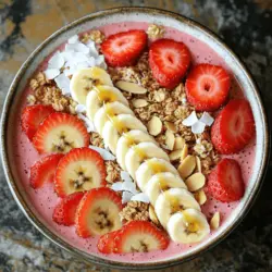 - 1 Tasse gefrorene Erdbeeren - 1 reife Banane, in Scheiben geschnitten - 1 Tasse Mandelmilch oder Milch nach Wahl - 1 Esslöffel Honig oder Agavendicksaft Die Hauptzutaten sind einfach und frisch. Gefrorene Erdbeeren bringen einen kühlen Geschmack. Sie sind voll mit Vitaminen und Antioxidantien. Die Banane macht die Bowl süß und cremig. Sie gibt auch eine gute Portion Kalium. Mandelmilch ist eine tolle, nussige Alternative. Sie passt gut zu den Früchten. Honig oder Agavendicksaft süßen die Mischung auf natürliche Weise. Diese Zutaten machen die Bowl nahrhaft und lecker. - 1 Esslöffel Chiasamen - 1/4 Teelöffel Vanilleextrakt - Möglichkeiten für zusätzliche Toppings: Granola, Kokosnussflocken, Nüsse Chiasamen sind kleine Kraftpakete. Sie fügen Ballaststoffe und Omega-3-Fettsäuren hinzu. Der Vanilleextrakt bringt einen warmen, süßen Geschmack. Das macht die Bowl noch schmackhafter. Toppings sind der Spaßfaktor! Granola gibt Crunch und Textur. Kokosnussflocken bringen ein tropisches Flair. Nüsse wie Mandeln oder Walnüsse sind eine gute Proteinquelle. Diese Extras machen die Bowl bunt und einladend. Sie passen perfekt zu den Hauptzutaten und sorgen für Abwechslung. Für die genaue Zubereitung schauen Sie sich das [Full Recipe] an. Um die Erdbeer-Bananen-Smoothie-Bowl perfekt zuzubereiten, beginnen Sie mit der Vorbereitung der Hauptzutaten. Nehmen Sie eine Tasse gefrorene Erdbeeren und eine reife Banane. Schneiden Sie die Banane in Scheiben. Das hilft, die Zutaten gleichmäßig zu mixen. Messen Sie auch die Flüssigkeit und Trockenzutaten ab. Verwenden Sie eine Tasse Mandelmilch. Wenn Sie eine andere Milch bevorzugen, ist das auch in Ordnung. Fügen Sie einen Esslöffel Honig oder Agavendicksaft hinzu. Messen Sie ebenso einen Esslöffel Chiasamen und einen viertel Teelöffel Vanilleextrakt. Jetzt kommt der spannende Teil: das Mischen. Geben Sie alle Zutaten in einen Mixer. Mischen Sie alles bei hoher Geschwindigkeit. Warten Sie, bis die Mischung glatt und cremig ist. Achten Sie darauf, dass keine Klumpen mehr vorhanden sind. Wenn die Mischung zu dick ist, fügen Sie schrittweise mehr Mandelmilch hinzu. So erreichen Sie die perfekte Konsistenz. Gießen Sie die Mischung in eine breite Schüssel. Verwenden Sie einen Spatel, um die Oberfläche gleichmäßig zu glätten. Dies macht die Bowl ansprechender. Jetzt kommt der kreative Teil: die Toppings. Beginnen Sie mit den frisch geschnittenen Bananen- und Erdbeerscheiben. Fügen Sie eine Schicht Granola, Kokosnussflocken und Nüsse hinzu. Verfeinern Sie die Bowl mit einem zusätzlichen Schuss Honig oder Agavendicksaft. Das sorgt für mehr Süße und schmeckt köstlich. Genießen Sie die Bowl frisch! Du kannst die Früchte in deiner Erdbeer-Bananen-Smoothie-Bowl ganz nach deinem Geschmack ändern. Probiere zum Beispiel Himbeeren, Mangos oder sogar Spinat für einen grünen Kick. Das gibt dir neue Aromen und macht die Bowl noch bunter. Wenn du Allergien hast, nutze pflanzliche Alternativen. Statt Milch kannst du Hafermilch oder Kokosmilch verwenden. Das macht die Bowl auch für Veganer und Menschen mit Laktoseintoleranz geeignet. Um Klumpen zu vermeiden, achte darauf, die gefrorenen Erdbeeren gut zu pürieren. Beginne mit den weichen Zutaten, bevor du die gefrorenen hinzufügst. Mixe alles gut durch, damit die Mischung schön glatt wird. Die perfekte Konsistenz für deine Bowl ist cremig, aber nicht zu dick. Wenn sie zu dick ist, füge mehr Mandelmilch hinzu. Ein Esslöffel nach dem anderen hilft dir, die richtige Textur zu finden. Die richtige Schüssel macht viel aus. Nutze eine breite, flache Schüssel, um die Farben der Früchte schön zu zeigen. Eine ansprechende Anordnung macht die Bowl appetitlicher. Beginne mit den Bananenscheiben in der Mitte, gefolgt von Erdbeeren und Granola. Füge dann Kokosnussflocken und Nüsse hinzu. Das sieht nicht nur gut aus, sondern schmeckt auch fantastisch! {{image_4}} Für eine Low-Carb-Option können Sie gefrorene Avocado statt Bananen verwenden. Avocado gibt eine cremige Textur. Sie können auch ungesüßte Mandelmilch verwenden. Diese Variante hat weniger Zucker und mehr gesunde Fette. Wenn Sie vegane Variationen möchten, ersetzen Sie Honig durch Ahornsirup oder Agavendicksaft. Diese Süßstoffe sind pflanzlich und perfekt für Veganer. Nutzen Sie auch pflanzliche Joghurtalternativen als Topping. Möchten Sie mehr Abwechslung? Kombinieren Sie Erdbeeren mit Himbeeren oder Blaubeeren. Diese Beeren bringen neue Geschmäcker und Farben in Ihre Bowl. Sie sind auch reich an Antioxidantien. Eine interessante Idee ist die Zugabe von Gemüse. Spinat oder Grünkohl passen gut in die Mischung. Sie erhöhen den Nährstoffgehalt, ohne den Geschmack zu verändern. Es ist eine großartige Möglichkeit, mehr Gemüse in Ihre Ernährung zu bringen. Im Sommer verwenden Sie frische Erdbeeren und Bananen. Sie schmecken süßer und frischer. Probieren Sie auch lokale Früchte, wenn sie in Saison sind. Im Winter können Sie Gewürze wie Zimt oder Muskatnuss hinzufügen. Diese Gewürze geben der Bowl eine warme Note. Sie sind perfekt für kalte Tage und machen die Bowl noch nahrhafter. Sie können die Erdbeer-Bananen-Smoothie-Bowl im Voraus zubereiten. Mischen Sie die Zutaten und füllen Sie sie in einen luftdichten Behälter. So bleibt die Bowl frisch. Wenn Sie etwas länger lagern möchten, können Sie die Smoothie-Bowl auch einfrieren. Füllen Sie die Mischung in Eiswürfelformen oder in einen gefrierfesten Behälter. So bleibt der Geschmack über Wochen erhalten. Im Kühlschrank hält sich die Smoothie-Bowl für etwa zwei Tage. Achten Sie darauf, sie gut abzudecken. So vermeidet man, dass sie Gerüche von anderen Lebensmitteln aufnimmt. Wenn Sie die Bowl wieder genießen möchten, rühren Sie sie einfach gut durch. Lagern Sie Ihre Trockenfrüchte und Nüsse in einem kühlen, trockenen Ort. Verwenden Sie luftdichte Behälter, um die Frische zu bewahren. So bleiben sie knusprig und lecker. Frische Zutaten wie Bananen oder Erdbeeren sollten im Kühlschrank aufbewahrt werden. Wickeln Sie sie in ein feuchtes Tuch, um sie länger frisch zu halten. Verwenden Sie sie schnell, um den besten Geschmack zu genießen. Mit diesen Tipps bleiben Ihre Smoothie-Bowls frisch und lecker, bereit für jeden Genuss! Die Smoothie-Bowl hält sich bis zu zwei Tage im Kühlschrank. Um die Frische zu bewahren, decken Sie die Schüssel ab. Verwenden Sie Frischhaltefolie oder einen luftdichten Behälter. So bleibt die Bowl cremig und lecker. Wenn Sie die Bowl aufbewahren, beachten Sie, dass die Toppings frisch bleiben sollten. Fügen Sie die Toppings erst kurz vor dem Servieren hinzu. Ja, Sie können andere Milchsorten verwenden. Soja-, Hafer- oder Kokosmilch sind gute Alternativen. Diese Milchsorten bringen jeweils ihren eigenen Geschmack mit. Sojamilch ist reich an Protein. Hafermilch hat eine süßliche Note. Kokosmilch gibt Ihrer Bowl einen tropischen Flair. Wählen Sie eine Milch, die Ihnen am besten schmeckt und Ihren Bedürfnissen entspricht. Ja, die Smoothie-Bowl ist für Kinder geeignet. Sie enthält gesunde Früchte und Nährstoffe. Sie können die Bowl anpassen, um sie kinderfreundlicher zu machen. Fügen Sie weniger Honig hinzu oder verwenden Sie süßere Früchte. Das macht die Bowl noch schmackhafter für die Kleinen. Denken Sie daran, die Portionen klein zu halten, damit die Kinder sie leicht essen können. Eine Smoothie-Bowl ist einfach zuzubereiten und macht Spaß. Wir haben die Hauptzutaten wie gefrorene Erdbeeren, reife Banane und Milch besprochen. Die Schritt-für-Schritt-Anleitung hilft Ihnen, die perfekte Konsistenz zu finden. Durch Tipps zur Anpassung und Präsentation können Sie Ihre Bowl nach Belieben gestalten. Denken Sie auch an Variationen und Lagerhinweise für frische Zutaten. Experimentieren Sie mit Toppings und Geschmäckern, um neue Kombinationen auszuprobieren. Genießen Sie Ihre gesunde Mahlzeit!