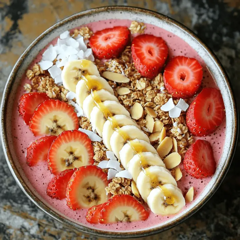 - 1 Tasse gefrorene Erdbeeren - 1 reife Banane, in Scheiben geschnitten - 1 Tasse Mandelmilch oder Milch nach Wahl - 1 Esslöffel Honig oder Agavendicksaft Die Hauptzutaten sind einfach und frisch. Gefrorene Erdbeeren bringen einen kühlen Geschmack. Sie sind voll mit Vitaminen und Antioxidantien. Die Banane macht die Bowl süß und cremig. Sie gibt auch eine gute Portion Kalium. Mandelmilch ist eine tolle, nussige Alternative. Sie passt gut zu den Früchten. Honig oder Agavendicksaft süßen die Mischung auf natürliche Weise. Diese Zutaten machen die Bowl nahrhaft und lecker. - 1 Esslöffel Chiasamen - 1/4 Teelöffel Vanilleextrakt - Möglichkeiten für zusätzliche Toppings: Granola, Kokosnussflocken, Nüsse Chiasamen sind kleine Kraftpakete. Sie fügen Ballaststoffe und Omega-3-Fettsäuren hinzu. Der Vanilleextrakt bringt einen warmen, süßen Geschmack. Das macht die Bowl noch schmackhafter. Toppings sind der Spaßfaktor! Granola gibt Crunch und Textur. Kokosnussflocken bringen ein tropisches Flair. Nüsse wie Mandeln oder Walnüsse sind eine gute Proteinquelle. Diese Extras machen die Bowl bunt und einladend. Sie passen perfekt zu den Hauptzutaten und sorgen für Abwechslung. Für die genaue Zubereitung schauen Sie sich das [Full Recipe] an. Um die Erdbeer-Bananen-Smoothie-Bowl perfekt zuzubereiten, beginnen Sie mit der Vorbereitung der Hauptzutaten. Nehmen Sie eine Tasse gefrorene Erdbeeren und eine reife Banane. Schneiden Sie die Banane in Scheiben. Das hilft, die Zutaten gleichmäßig zu mixen. Messen Sie auch die Flüssigkeit und Trockenzutaten ab. Verwenden Sie eine Tasse Mandelmilch. Wenn Sie eine andere Milch bevorzugen, ist das auch in Ordnung. Fügen Sie einen Esslöffel Honig oder Agavendicksaft hinzu. Messen Sie ebenso einen Esslöffel Chiasamen und einen viertel Teelöffel Vanilleextrakt. Jetzt kommt der spannende Teil: das Mischen. Geben Sie alle Zutaten in einen Mixer. Mischen Sie alles bei hoher Geschwindigkeit. Warten Sie, bis die Mischung glatt und cremig ist. Achten Sie darauf, dass keine Klumpen mehr vorhanden sind. Wenn die Mischung zu dick ist, fügen Sie schrittweise mehr Mandelmilch hinzu. So erreichen Sie die perfekte Konsistenz. Gießen Sie die Mischung in eine breite Schüssel. Verwenden Sie einen Spatel, um die Oberfläche gleichmäßig zu glätten. Dies macht die Bowl ansprechender. Jetzt kommt der kreative Teil: die Toppings. Beginnen Sie mit den frisch geschnittenen Bananen- und Erdbeerscheiben. Fügen Sie eine Schicht Granola, Kokosnussflocken und Nüsse hinzu. Verfeinern Sie die Bowl mit einem zusätzlichen Schuss Honig oder Agavendicksaft. Das sorgt für mehr Süße und schmeckt köstlich. Genießen Sie die Bowl frisch! Du kannst die Früchte in deiner Erdbeer-Bananen-Smoothie-Bowl ganz nach deinem Geschmack ändern. Probiere zum Beispiel Himbeeren, Mangos oder sogar Spinat für einen grünen Kick. Das gibt dir neue Aromen und macht die Bowl noch bunter. Wenn du Allergien hast, nutze pflanzliche Alternativen. Statt Milch kannst du Hafermilch oder Kokosmilch verwenden. Das macht die Bowl auch für Veganer und Menschen mit Laktoseintoleranz geeignet. Um Klumpen zu vermeiden, achte darauf, die gefrorenen Erdbeeren gut zu pürieren. Beginne mit den weichen Zutaten, bevor du die gefrorenen hinzufügst. Mixe alles gut durch, damit die Mischung schön glatt wird. Die perfekte Konsistenz für deine Bowl ist cremig, aber nicht zu dick. Wenn sie zu dick ist, füge mehr Mandelmilch hinzu. Ein Esslöffel nach dem anderen hilft dir, die richtige Textur zu finden. Die richtige Schüssel macht viel aus. Nutze eine breite, flache Schüssel, um die Farben der Früchte schön zu zeigen. Eine ansprechende Anordnung macht die Bowl appetitlicher. Beginne mit den Bananenscheiben in der Mitte, gefolgt von Erdbeeren und Granola. Füge dann Kokosnussflocken und Nüsse hinzu. Das sieht nicht nur gut aus, sondern schmeckt auch fantastisch! {{image_4}} Für eine Low-Carb-Option können Sie gefrorene Avocado statt Bananen verwenden. Avocado gibt eine cremige Textur. Sie können auch ungesüßte Mandelmilch verwenden. Diese Variante hat weniger Zucker und mehr gesunde Fette. Wenn Sie vegane Variationen möchten, ersetzen Sie Honig durch Ahornsirup oder Agavendicksaft. Diese Süßstoffe sind pflanzlich und perfekt für Veganer. Nutzen Sie auch pflanzliche Joghurtalternativen als Topping. Möchten Sie mehr Abwechslung? Kombinieren Sie Erdbeeren mit Himbeeren oder Blaubeeren. Diese Beeren bringen neue Geschmäcker und Farben in Ihre Bowl. Sie sind auch reich an Antioxidantien. Eine interessante Idee ist die Zugabe von Gemüse. Spinat oder Grünkohl passen gut in die Mischung. Sie erhöhen den Nährstoffgehalt, ohne den Geschmack zu verändern. Es ist eine großartige Möglichkeit, mehr Gemüse in Ihre Ernährung zu bringen. Im Sommer verwenden Sie frische Erdbeeren und Bananen. Sie schmecken süßer und frischer. Probieren Sie auch lokale Früchte, wenn sie in Saison sind. Im Winter können Sie Gewürze wie Zimt oder Muskatnuss hinzufügen. Diese Gewürze geben der Bowl eine warme Note. Sie sind perfekt für kalte Tage und machen die Bowl noch nahrhafter. Sie können die Erdbeer-Bananen-Smoothie-Bowl im Voraus zubereiten. Mischen Sie die Zutaten und füllen Sie sie in einen luftdichten Behälter. So bleibt die Bowl frisch. Wenn Sie etwas länger lagern möchten, können Sie die Smoothie-Bowl auch einfrieren. Füllen Sie die Mischung in Eiswürfelformen oder in einen gefrierfesten Behälter. So bleibt der Geschmack über Wochen erhalten. Im Kühlschrank hält sich die Smoothie-Bowl für etwa zwei Tage. Achten Sie darauf, sie gut abzudecken. So vermeidet man, dass sie Gerüche von anderen Lebensmitteln aufnimmt. Wenn Sie die Bowl wieder genießen möchten, rühren Sie sie einfach gut durch. Lagern Sie Ihre Trockenfrüchte und Nüsse in einem kühlen, trockenen Ort. Verwenden Sie luftdichte Behälter, um die Frische zu bewahren. So bleiben sie knusprig und lecker. Frische Zutaten wie Bananen oder Erdbeeren sollten im Kühlschrank aufbewahrt werden. Wickeln Sie sie in ein feuchtes Tuch, um sie länger frisch zu halten. Verwenden Sie sie schnell, um den besten Geschmack zu genießen. Mit diesen Tipps bleiben Ihre Smoothie-Bowls frisch und lecker, bereit für jeden Genuss! Die Smoothie-Bowl hält sich bis zu zwei Tage im Kühlschrank. Um die Frische zu bewahren, decken Sie die Schüssel ab. Verwenden Sie Frischhaltefolie oder einen luftdichten Behälter. So bleibt die Bowl cremig und lecker. Wenn Sie die Bowl aufbewahren, beachten Sie, dass die Toppings frisch bleiben sollten. Fügen Sie die Toppings erst kurz vor dem Servieren hinzu. Ja, Sie können andere Milchsorten verwenden. Soja-, Hafer- oder Kokosmilch sind gute Alternativen. Diese Milchsorten bringen jeweils ihren eigenen Geschmack mit. Sojamilch ist reich an Protein. Hafermilch hat eine süßliche Note. Kokosmilch gibt Ihrer Bowl einen tropischen Flair. Wählen Sie eine Milch, die Ihnen am besten schmeckt und Ihren Bedürfnissen entspricht. Ja, die Smoothie-Bowl ist für Kinder geeignet. Sie enthält gesunde Früchte und Nährstoffe. Sie können die Bowl anpassen, um sie kinderfreundlicher zu machen. Fügen Sie weniger Honig hinzu oder verwenden Sie süßere Früchte. Das macht die Bowl noch schmackhafter für die Kleinen. Denken Sie daran, die Portionen klein zu halten, damit die Kinder sie leicht essen können. Eine Smoothie-Bowl ist einfach zuzubereiten und macht Spaß. Wir haben die Hauptzutaten wie gefrorene Erdbeeren, reife Banane und Milch besprochen. Die Schritt-für-Schritt-Anleitung hilft Ihnen, die perfekte Konsistenz zu finden. Durch Tipps zur Anpassung und Präsentation können Sie Ihre Bowl nach Belieben gestalten. Denken Sie auch an Variationen und Lagerhinweise für frische Zutaten. Experimentieren Sie mit Toppings und Geschmäckern, um neue Kombinationen auszuprobieren. Genießen Sie Ihre gesunde Mahlzeit!