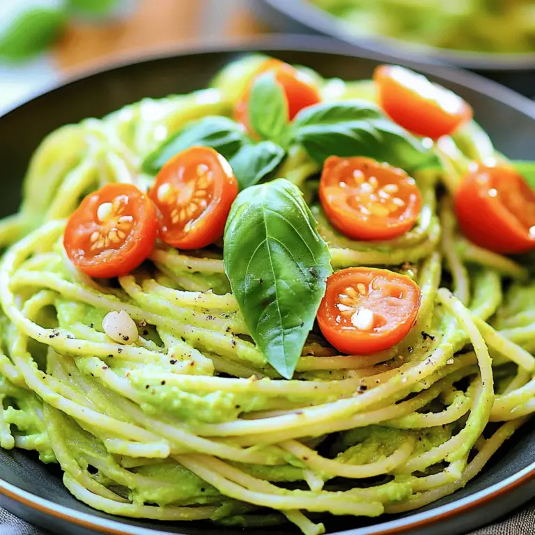 Um die cremige Avocado-Pasta zuzubereiten, brauchen Sie folgende Hauptzutaten: - 340 g Spaghetti oder jede andere Pasta nach Wahl - 2 reife Avocados, entkernt und geschält - 3 Knoblauchzehen, fein gehackt - 60 g frische Basilikumsblätter - 30 g geriebener Parmesan (oder Hefeflocken für eine vegane Option) - 2 Esslöffel Zitronensaft - 1 Esslöffel Olivenöl - Salz und Pfeffer nach Geschmack Sie können die Pasta nach Ihrem Geschmack anpassen. Hier sind einige optionale Zutaten: - 1/2 Teelöffel zerdrückte rote Pfefferflocken für Schärfe - Cherrytomaten, halbiert, zum Garnieren - Zusätzliche Basilikumsblätter, zum Garnieren Die Vorbereitungszeit für diese schnelle Mahlzeit beträgt nur 10 Minuten. Die gesamte Zubereitungszeit liegt bei 20 Minuten. Mit diesem Rezept können Sie 4 Portionen genießen. Es ist ideal für ein schnelles Abendessen oder ein Mittagessen. Wenn Sie mehr über die Zubereitung erfahren möchten, schauen Sie sich das [Full Recipe](#) an. Um die Pasta zu kochen, nehme einen großen Topf. Fülle ihn mit Wasser und füge Salz hinzu. Bringe das Wasser zum Kochen. Gib die Pasta hinein und koche sie laut Packungsanweisung bis sie al dente ist. Das bedeutet, sie ist weich, aber hat noch Biss. Vor dem Abgießen, hebe eine Tasse Nudelwasser auf. Es hilft später, die Sauce cremiger zu machen. Gieße die Pasta ab und stelle sie beiseite. Jetzt kommt der aufregendste Teil! Für die Avocado-Sauce brauchst du eine Küchenmaschine. Gib die reifen Avocados, den Knoblauch, die Basilikumsblätter, den Parmesan, den Zitronensaft und das Olivenöl hinein. Füge Salz und Pfeffer nach Geschmack hinzu. Püriere alles, bis es ganz glatt ist. Wenn die Sauce zu dick ist, füge nach und nach etwas vom aufbewahrten Nudelwasser hinzu. So erreichst du die perfekte cremige Konsistenz. In einer großen Schüssel vermenge die gekochte Pasta mit der Avocado-Sauce. Mische alles gut, damit die Sauce gleichmäßig verteilt wird. Wenn die Pasta zu trocken aussieht, füge mehr Nudelwasser hinzu. Das hilft, die Aromen zu vereinen. Probiere die Pasta und passe den Geschmack an. Wenn nötig, füge mehr Salz, Pfeffer oder rote Pfefferflocken hinzu. Diese geben der Pasta einen tollen Kick! Jetzt kannst du die cremige Avocado-Pasta auf die Teller verteilen. Garniere sie mit halbierten Cherrytomaten und frischen Basilikumsblättern für mehr Farbe und Geschmack. Um die perfekte Konsistenz zu erreichen, püriere die Avocados gut. Füge nach und nach das Nudelwasser hinzu. Das Wasser macht die Sauce cremiger. Wenn die Sauce zu dick ist, füge mehr Nudelwasser hinzu. Achte darauf, dass sie schön glatt wird, ohne Klumpen. Braune Avocados sind oft ein Zeichen für Überreife. Um dies zu vermeiden, wähle reife, aber feste Avocados. Du kannst sie im Raum lagern und regelmäßig prüfen. Wenn du sie früher verwenden willst, lagere sie im Kühlschrank. Das verlangsamt den Reifungsprozess und hält sie frisch. Um deine Pasta schön zu präsentieren, serviere sie in flachen Schalen. Arrangiere die Cherrytomaten obenauf, um Farbe zu bringen. Ein Spritzer Olivenöl gibt einen eleganten Look. Frische Basilikumsblätter sorgen für einen tollen Duft und Geschmack. Eine ansprechende Präsentation macht das Essen noch köstlicher. {{image_4}} Wenn Sie vegan essen, können Sie Hefeflocken verwenden. Sie geben einen tollen Geschmack. Hefeflocken sind nahrhaft und reich an Vitaminen. Sie sind eine großartige Käsealternative. Fügen Sie etwa 30 g Hefeflocken zur Avocado-Sauce hinzu. So bleibt Ihr Gericht cremig und lecker. Um mehr Protein hinzuzufügen, können Sie Hühnchen oder Kichererbsen verwenden. Gekochtes Hühnchen passt gut zu dieser Pasta. Sie können auch gebratene Kichererbsen verwenden. Diese machen das Gericht herzhaft und sättigend. Fügen Sie einfach die Proteine nach der Sauce hinzu, bevor Sie alles vermengen. Für eine glutenfreie Option wählen Sie glutenfreie Pasta. Es gibt viele Sorten, die lecker sind. Reisnudeln oder Linsennudeln sind gute Alternativen. Sie haben ähnliche Texturen und schmecken toll mit der Avocado-Sauce. Kochen Sie die Pasta wie gewohnt, und genießen Sie eine glutenfreie Mahlzeit. Für das vollständige Rezept besuchen Sie die Seite [Full Recipe]. Wenn du Reste von deiner cremigen Avocado-Pasta hast, ist es wichtig, sie richtig zu lagern. Fülle die Pasta in einen luftdichten Behälter. So bleibt sie frisch. Im Kühlschrank hält sie sich etwa 1 bis 2 Tage. Achte darauf, die Reste schnell zu kühlen. Dies hilft, den Geschmack und die Frische zu bewahren. Du kannst die Avocado-Sauce auch einfrieren, um sie länger zu halten. Fülle die Sauce in einen gefrierfesten Behälter oder Beutel. Achte darauf, die Luft herauszudrücken, bevor du sie schließt. Auf diese Weise kannst du die Sauce bis zu 3 Monate aufbewahren. Wenn du bereit bist, sie zu verwenden, lasse sie im Kühlschrank über Nacht auftauen. Wenn du die Reste wieder aufwärmen möchtest, gehe vorsichtig vor. Erhitze die Pasta in einer Pfanne bei niedriger Hitze. Füge etwas Nudelwasser hinzu, um die Sauce cremig zu machen. Du kannst auch frische Basilikumblätter hinzufügen, um den Geschmack aufzufrischen. Vermeide die Mikrowelle, da sie die Avocado-Sauce unappetitlich machen kann. Die Avocado-Sauce bleibt frisch, wenn Sie sie richtig lagern. Im Kühlschrank hält sie sich etwa ein bis zwei Tage. Es ist wichtig, die Sauce in einem luftdichten Behälter aufzubewahren. So bleibt sie grün und lecker. Wenn Sie sie länger aufbewahren möchten, fügen Sie etwas Zitronensaft hinzu. Das hilft, die Farbe zu erhalten und den Geschmack frisch zu halten. Ja, Sie können die Sauce im Voraus zubereiten. Sie schmeckt frisch, wenn Sie sie einen Tag vorher machen. Kochen Sie die Pasta aber erst kurz vor dem Servieren. So bleibt die Pasta zart und die Sauce cremig. Denken Sie daran, die Sauce gut zu mischen, bevor Sie sie servieren. Das sorgt für den besten Geschmack. Spaghetti ist die beste Wahl für diese Sauce. Die langen Nudeln nehmen die cremige Sauce gut auf. Aber Sie können auch andere Pasta verwenden. Penne oder Fusilli sind gute Alternativen. Diese Formen halten die Sauce gut fest. Experimentieren Sie mit Ihrer Lieblingspasta, um das perfekte Gericht zu finden. Für das komplette Rezept schauen Sie sich die [Full Recipe] an. Die cremige Avocado-Pasta ist einfach zu machen. Wir haben die besten Zutaten und Schritt-für-Schritt-Anleitungen behandelt. Zudem gab es Tipps für die perfekte Konsistenz und viele mögliche Variationen. Du kannst sogar Reste aufbewahren und wieder aufwärmen. Abschließend lässt sich sagen, dass diese Pasta sowohl lecker als auch gesund ist. Experimentiere mit den Zutaten und finde deine Lieblingsversion. So wird jedes Essen ein Genuss!