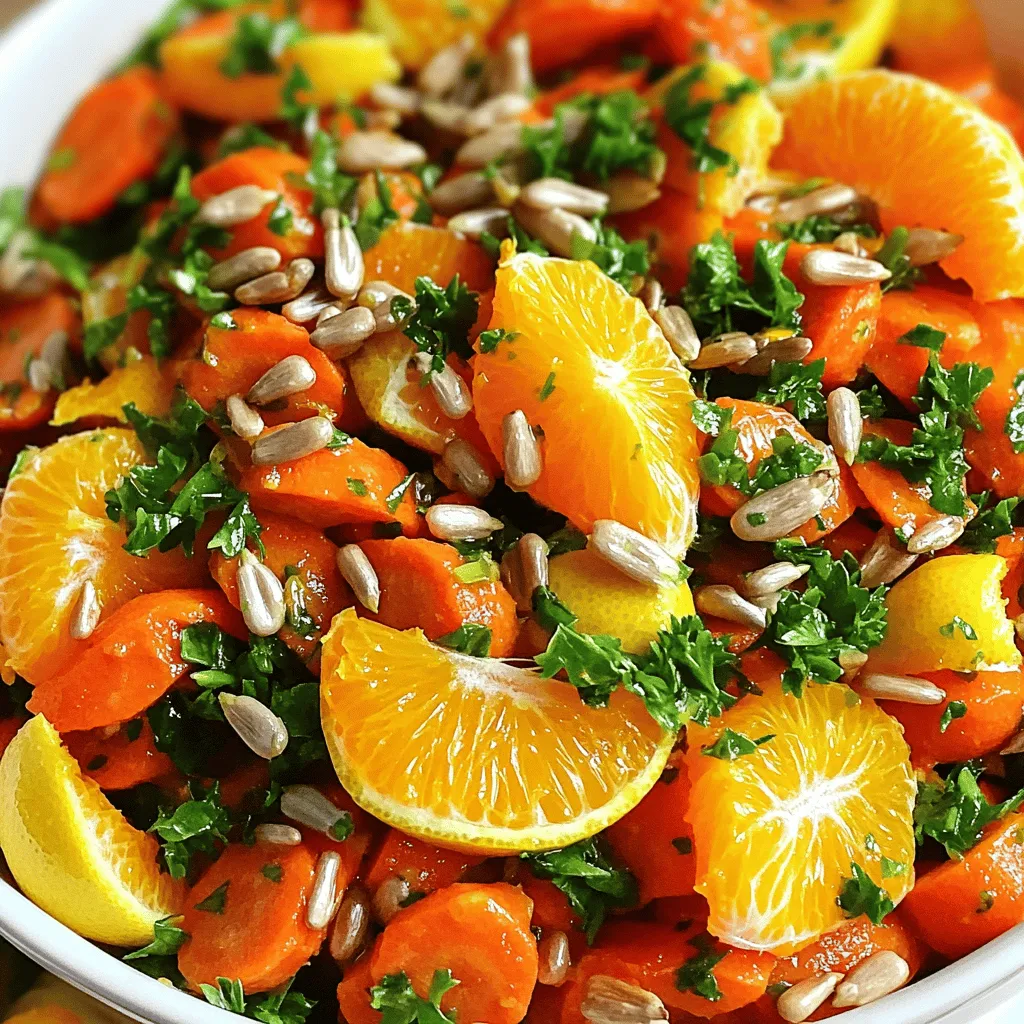 - 4 große Karotten, geschält und grob geraspelt - 1 Orange, filetierte Abschnitte und Saft gesammelt - 1/2 Zitrone, Saft