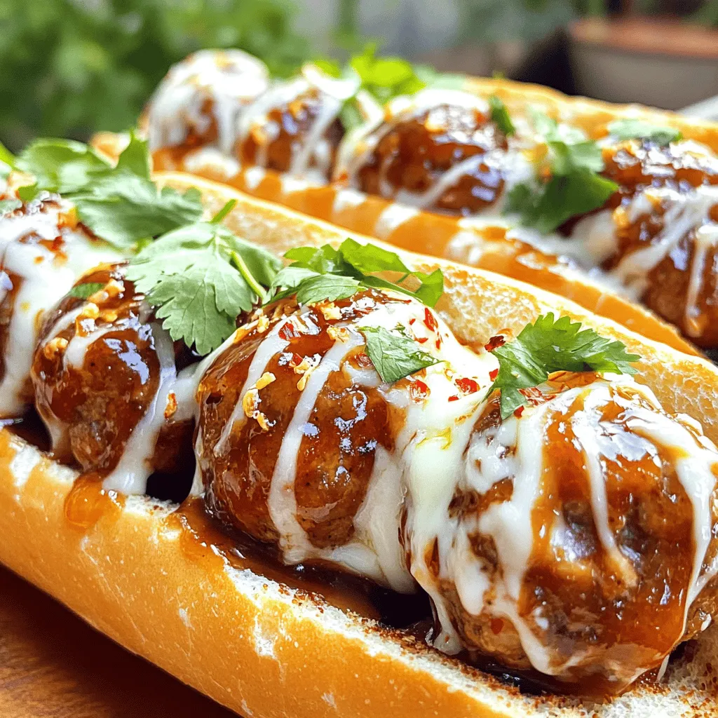 - 450 g gemischtes Hackfleisch - 125 g Semmelbrösel - 30 g geriebener Parmesan - 1 großes Ei - 2 Knoblauchzehen, fein gehackt - 1 Teelöffel Zwiebelpulver - 1 Teelöffel Salz - 1/2 Teelöffel schwarzer Pfeffer - 1/4 Teelöffel rote Chiliflocken - 240 ml BBQ-Sauce (süß und würzig) - 60 ml Honig - 4 Hoagie-Brötchen - 100 g geriebener Mozzarella-Käse - Frischer Koriander oder Petersilie zum Garnieren (optional) Beim Kochen ist es wichtig, frische Zutaten zu nutzen. Sie geben dem Gericht den besten Geschmack. Ich empfehle, die Fleischbällchen selbst zu machen. Das ist einfach und macht Spaß. Die Wahl des Hackfleischs ist entscheidend. Ich liebe eine Mischung aus Rind und Schwein. Diese Mischung gibt den Bällchen eine tolle Textur. Vermeide es, die Mischung zu lange zu kneten. So bleiben die Bällchen schön zart. Die Gewürze sind einfach, aber sie machen einen großen Unterschied. Der Knoblauch gibt einen tollen Geschmack. Die Chiliflocken bringen etwas Schärfe. Wenn du es milder magst, kannst du weniger nehmen. Für die Sauce mag ich eine süße BBQ-Sauce. Sie passt perfekt zu den würzigen Bällchen. Der Honig macht die Sauce noch besser. Die Brötchen sind auch wichtig. Hoagie-Brötchen sind ideal. Sie sind weich und nehmen die Füllung gut auf. Schau dir das vollständige Rezept an, um alle Schritte zu sehen. Ich verspreche, es wird lecker! Um die Fleischbällchen vorzubereiten, nimm eine große Schüssel. Vermenge dort das gemischte Hackfleisch, die Semmelbrösel, den geriebenen Parmesan, das Ei, die gehackten Knoblauchzehen, das Zwiebelpulver, Salz, schwarzen Pfeffer und die roten Chiliflocken. Mische alles gut, aber sei vorsichtig. Zu langes Mischen macht die Bällchen hart. Jetzt forme etwa 20 gleich große Bällchen. Jedes sollte einen Durchmesser von etwa 4 cm haben. So bleiben sie gleichmäßig gar und lecker. Heize deinen Ofen auf 200°C vor. Lege die geformten Fleischbällchen auf ein Backblech. Achte darauf, dass sie genügend Platz haben, damit die Hitze gut zirkulieren kann. Verwende ein Backblech mit Backpapier, um ein Ankleben zu verhindern. Backe die Bällchen für 15 bis 20 Minuten. Sie sollten goldbraun und durchgegart sein. Nimm einen kleinen Topf und stelle ihn auf mittlere Hitze. Mische die BBQ-Sauce mit dem Honig. Rühre gut um und lasse die Mischung 5 Minuten köcheln. So entfalten sich die süßen und würzigen Aromen. Nach dem Backen nimm die Fleischbällchen aus dem Ofen. Gib sie in den Topf mit der Sauce. Wende die Bällchen vorsichtig, sodass die Sauce überall haften bleibt. Das macht sie besonders lecker und saftig. Für die vollständige Anleitung und weitere Details, schau dir das Rezept für die Süßen und Würzigen Fleischbällchen Subs an. Um zarte Fleischbällchen zu machen, achte darauf, nicht zu lange zu mischen. Wenn du die Zutaten zu lange bearbeitest, wird das Fleisch zäh. Wähle auch das richtige Hackfleisch. Eine Mischung aus Rind und Schwein sorgt für einen guten Geschmack und eine saftige Textur. Die richtige Balance ist wichtig, um diese leckeren Bällchen zu erhalten. Wie lange sollten Fleischbällchen im Ofen backen? Du solltest sie etwa 15 bis 20 Minuten bei 200°C backen. Achte darauf, dass sie leicht gebräunt und durchgegart sind. Um die Garheit zu testen, kannst du ein Fleischbällchen aufschneiden. Es sollte innen nicht mehr rosa sein. Die Auswahl des Käses ist entscheidend für den perfekten Geschmack. Ich empfehle Mozzarella, da er gut schmilzt und einen milden Geschmack hat. Um den Käse richtig zu schmelzen, lege die belegten Subs nach dem Füllen zurück in den Ofen. Backe sie für weitere 5 Minuten, bis der Käse blubbert und goldbraun ist. So wird jedes Bisschen zu einem Genuss. Für die vollständige Anleitung und weitere Details, schau dir das Full Recipe an. {{image_4}} Für eine vegetarische oder vegane Variante der Sweet and Spicy Meatball Subs kannst du pflanzliche Fleischersatzprodukte verwenden. Diese Produkte sind oft aus Soja oder Erbsenprotein. Du kannst sie genau wie normales Hackfleisch verarbeiten. Achte darauf, die Gewürze anzupassen. Pflanzliche Produkte können weniger Geschmack haben, also füge etwas mehr Salz oder Gewürze hinzu. Du kannst mit verschiedenen BBQ-Saucen experimentieren. Probiere rauchige oder scharfe Saucen, um den Geschmack zu verändern. Ein Hauch von Honig oder Ahornsirup kann die Süße erhöhen. Du kannst auch weitere Gewürze hinzufügen, um die Aromen zu verstärken. Chili, Kreuzkümmel oder Paprika sind gute Optionen, um mehr Tiefe zu schaffen. Zu deinen Subs passen verschiedene Beilagen. Ein frischer Salat ergänzt die Aromen gut. Auch knusprige Pommes oder Süßkartoffelpommes sind tolle Optionen. Wenn du die Subs für eine Feier machst, serviere sie auf einem schönen Brett. Du kannst die Subs auch mit frischen Kräutern oder eingelegtem Gemüse garnieren. Diese kleinen Extras machen dein Gericht besonders. Um deine Reste frisch zu halten, lagere die Fleischbällchen in einem luftdichten Behälter. Achte darauf, dass die Reste gut abgekühlt sind, bevor du sie in den Kühlschrank gibst. Fleischbällchen bleiben so bis zu drei Tage lecker. Verwende ein Küchentuch oder Frischhaltefolie, um einen direkten Kontakt mit der Luft zu vermeiden. Das hilft, die Feuchtigkeit zu bewahren und Geschmack zu erhalten. Wenn du die Fleischbällchen länger aufbewahren willst, friere sie ein. Lege die abgekühlten Bällchen auf ein Backblech, sodass sie sich nicht berühren. So frieren sie gleichmäßig ein. Nach ein paar Stunden kannst du sie in einen Gefrierbeutel umfüllen. So bleiben sie bis zu drei Monate frisch. Für Subs gehe ähnlich vor: Baue die Subs zusammen und wickel sie gut ein, bevor du sie einfrierst. Um die Reste wieder warm zu machen, nutze den Ofen. Heize ihn auf 180 Grad Celsius vor. Lege die Fleischbällchen in eine Auflaufform und decke sie mit Folie ab. So bleiben sie saftig. Backe sie etwa 15 Minuten lang. Für die Subs entferne die Folie in den letzten fünf Minuten, damit der Käse schön schmilzt. Achte darauf, die Temperatur nicht zu hoch einzustellen, um den Geschmack zu bewahren. Süße Fleischbällchen haben oft Honig oder Zucker. Sie schmecken mild und angenehm. Würzige Fleischbällchen enthalten mehr Gewürze, wie Chili oder Pfeffer. Sie bringen Schärfe und Tiefe ins Gericht. In Rezepten kombiniere ich beide Arten gerne. So entsteht ein spannendes Geschmackserlebnis. Fertig zubereitete Fleischbällchen Subs halten sich gut. Lagere sie im Kühlschrank in einem luftdichten Behälter. So bleiben sie frisch für bis zu drei Tage. Wenn du die Subs einfrieren willst, packe sie in Folie und dann in einen Gefrierbeutel. Sie halten im Gefrierschrank bis zu drei Monate. Ja, du kannst die Fleischbällchen auch grillen! Forme die Bällchen und lege sie auf den Grill. Achte darauf, die Temperatur nicht zu hoch einzustellen. So bleiben sie saftig. Der Vorteil des Grillens ist der rauchige Geschmack. Der Nachteil? Sie können schneller austrocknen als beim Backen. Das Rezept ist inspiriert von amerikanischen Klassikern. Fleischbällchen sind weltweit beliebt. Viele Regionen haben ihre eigenen Varianten. Die Kombination aus süß und scharf hat sich schnell verbreitet. Die Beliebtheit dieser Subs wächst immer mehr. Sie sind ein perfektes Gericht für Partys oder ein schnelles Abendessen. Die Zubereitung von schmackhaften Fleischbällchen ist einfach und macht Spaß. Du brauchst gemischtes Hackfleisch, Semmelbrösel, Parmesan und ein Ei. Gewürze wie Knoblauch und Chili geben ihnen den Kick. Mit BBQ-Sauce und Käse wird jeder Biss lecker. Versuche auch Variationen, wie vegetarische Optionen oder verschiedene Saucen. Bewahre Reste richtig auf, damit sie frisch bleiben. Dieses Rezept bietet viele Möglichkeiten. Jetzt wirst du sicher die perfekten Fleischbällchen machen und genießen!