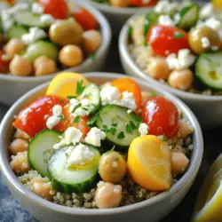 - 1 Tasse Quinoa, gründlich abgespült - 2 Tassen Gemüsebrühe oder Wasser - 1 Dose (425 g) Kichererbsen, abgetropft und abgespült - 1 Tasse Kirschtomaten, halbiert - 1 Gurke, gewürfelt - 1 Paprika (rot oder gelb), gewürfelt - 1/4 rote Zwiebel, fein gehackt - 1/2 Tasse Kalamata-Oliven, entsteint und in Scheiben geschnitten Diese Zutaten bilden die Basis der Schalen. Quinoa ist voll von Eiweiß und Ballaststoffen. Kichererbsen bringen noch mehr Eiweiß und gesunde Fette. Kirschtomaten und Gurken sorgen für Frische und knusprige Textur. Paprika und rote Zwiebel fügen Geschmack und Farbe hinzu. Oliven bringen gesunde Fette und einen salzigen Kick. - 1/2 Tasse Feta-Käse, zerkrümelt (optional) - 1/4 Tasse frische Petersilie, gehackt - 1/4 Tasse Olivenöl - 3 Esslöffel Zitronensaft - 1 Teelöffel getrockneter Oregano - Salz und Pfeffer nach Geschmack Feta-Käse gibt den Quinoa-Schalen eine cremige Note. Petersilie bringt frische Aromen. Das Dressing aus Olivenöl, Zitronensaft und Oregano verstärkt den Geschmack. Es hilft, die Aromen der anderen Zutaten zu verbinden. Quinoa ist ein vollwertiges Getreide. Es enthält alle neun essenziellen Aminosäuren. Kichererbsen sind reich an Ballaststoffen und fördern die Verdauung. Tomaten sind voll von Antioxidantien, die gut für die Haut sind. Gurken sind hydratisierend und kalorienarm. Paprika hat viel Vitamin C, wichtig für das Immunsystem. Oliven und Olivenöl fördern die Gesundheit des Herzens. Mit diesen Zutaten wird jede Quinoa-Schale nicht nur köstlich, sondern auch nahrhaft. Wenn du mehr über die Zubereitung erfahren möchtest, schau dir das [Full Recipe] an. Um die Quinoa perfekt zuzubereiten, spüle sie zuerst gründlich ab. Das hilft, Bitterstoffe zu entfernen. Dann vermenge sie in einem Topf mit zwei Tassen Gemüsebrühe oder Wasser. Bring die Mischung zum Kochen. Reduziere die Hitze und decke den Topf ab. Lass die Quinoa dann für etwa 15 Minuten köcheln. Die Quinoa ist fertig, wenn sie fluffig aussieht und die Flüssigkeit aufgesogen ist. Lass sie für fünf Minuten abgedeckt stehen. Das Dressing ist einfach und schnell zu machen. Nimm eine kleine Schüssel und vermische 1/4 Tasse Olivenöl mit 3 Esslöffeln Zitronensaft. Füge getrockneten Oregano, Salz und Pfeffer hinzu. Rühre alles gut um und stelle es zur Seite. Dieses Dressing bringt frische Aromen in die Schalen. In einer großen Schüssel vermenge die Kichererbsen, Kirschtomaten, Gurke, Paprika und rote Zwiebel. Diese Zutaten geben Farbe und Textur. Füge dann die gekochte Quinoa hinzu und lockere sie mit einer Gabel auf. Träufle das Dressing gleichmäßig über die Mischung und vermenge alles vorsichtig. Wenn du magst, streue zerkrümelten Feta-Käse und frische Petersilie darüber. Serviere die Schalen in individuellen Schalen. Sie schmecken kalt oder bei Raumtemperatur sehr gut. Für einen besonderen Touch kannst du Zitronenschnitze dazugeben. Das macht die Präsentation lebendig und frisch. Du wirst die tollen Farben und Aromen lieben! Ein häufiger Fehler ist, die Quinoa nicht gründlich abzuspülen. Das kann einen bitteren Geschmack erzeugen. Achte darauf, die Quinoa gut unter Wasser zu spülen, bevor du sie kochst. Ein weiterer Fehler ist das Überkochen. Halte die Kochzeit auf etwa 15 Minuten ein. Wenn du die Quinoa zu lange kochst, wird sie matschig. Wenn du glutenfrei leben möchtest, ist Quinoa eine tolle Wahl. Du kannst auch die Kichererbsen durch Linsen ersetzen, wenn du eine andere Proteinquelle suchst. Für vegane Ernährung lasse den Feta-Käse weg oder ersetze ihn durch eine pflanzliche Option. So bleibt das Gericht nahrhaft und lecker. Um die perfekte Konsistenz zu erreichen, verwende das richtige Verhältnis von Quinoa zu Flüssigkeit. Zwei Tassen Gemüsebrühe auf eine Tasse Quinoa sind ideal. Lass die Quinoa nach dem Kochen für fünf Minuten abgedeckt ruhen. Das hilft, die Körner aufzulockern. Mit einer Gabel auflockern, bevor du sie mit den anderen Zutaten vermischst. Für das vollständige Rezept, schau dir die [Full Recipe] an. {{image_4}} Du kannst die Mediterrane Quinoa-Schalen ganz einfach anpassen. Probiere verschiedene Gemüse wie: - Zucchini, gewürfelt - Spinat, frisch oder blanchiert - Karotten, geraspelt - Artischockenherzen, eingelegt - Brokkoli, leicht gedämpft Diese Optionen bringen neue Geschmäcker und Farben in deine Schalen. Für mehr Protein kannst du Fleisch oder Tofu hinzufügen. Hier sind einige Ideen: - Gegrilltes Hühnchen, gewürfelt - Garnelen, sautiert - Lammfleisch, in Stücke geschnitten - Tofu, mariniert und gebraten Jede Option bringt einen eigenen Geschmack und macht die Schalen noch herzhafter. Wenn du eine vegane oder glutenfreie Version möchtest, ist das leicht möglich. Verwende einfach: - Glutenfreie Quinoa (die ist immer glutenfrei) - Statt Feta kannst du einen veganen Käse wählen - Für das Dressing kannst du Tahini nutzen, um einen cremigen Geschmack zu bekommen Diese Anpassungen machen das Rezept für jeden geeignet. Du wirst die Vielfalt lieben! Für das vollständige Rezept, schau dir die Zubereitung an und genieße deine Schalen! Du kannst die Mediterranen Quinoa-Schalen gut einfrieren. Teile die Schalen in Portionen auf. Lege die Portionen in luftdichte Behälter oder Gefrierbeutel. Achte darauf, so viel Luft wie möglich zu entfernen. So bleiben die Schalen bis zu drei Monate frisch. Du kannst sie jederzeit genießen, wenn du Lust darauf hast. Wenn du Reste hast, bewahre sie im Kühlschrank auf. Nutze einen luftdichten Behälter für die besten Ergebnisse. Die Quinoa-Schalen bleiben so bis zu vier Tage frisch. Wenn du die Reste isst, schau, ob du noch etwas frisches Gemüse oder Feta hinzufügen möchtest. Das gibt neuen Schwung. Das Aufwärmen ist einfach. Du kannst die Schalen in der Mikrowelle erhitzen. Stelle die Mikrowelle auf mittlere Hitze und wärme sie für zwei bis drei Minuten. Alternativ kannst du die Schalen in einer Pfanne auf dem Herd erwärmen. Füge ein wenig Olivenöl oder Wasser hinzu, um sie nicht austrocknen zu lassen. So bleiben die Aromen frisch und lecker. Mediterrane Quinoa-Schalen halten sich gut im Kühlschrank. Sie bleiben frisch für etwa 3 bis 5 Tage. Um die Qualität zu erhalten, bewahre sie in einem luftdichten Behälter auf. Überprüfe die Schalen vor dem Essen auf Geruch oder Veränderungen. Ja, du kannst die Quinoa im Voraus kochen. Koche sie einfach, lass sie abkühlen und bewahre sie im Kühlschrank auf. So hast du eine schnelle Basis für deine Schalen. Diese Methode spart Zeit, besonders an geschäftigen Tagen. Du kannst auch die Quinoa portionsweise einfrieren. Ja, es gibt viele Alternativen zu Quinoa. Du kannst Bulgur, Couscous oder sogar Reis verwenden. Diese Optionen bieten verschiedene Texturen und Geschmäcker. Achte darauf, die Kochzeiten anzupassen, je nach dem, was du wählst. Wenn du Gluten vermeiden möchtest, sind Quinoa und Reis die besten Optionen. Mediterrane Quinoa-Schalen sind einfach und gesund. Diese Mischung aus frischen Zutaten gibt viele Nährstoffe. Du hast gelernt, wie man die Quinoa richtig zubereitet und schmackhafte Dressings macht. Vermeide häufige Fehler und passe die Schalen deinen Bedürfnissen an. Experimentiere mit Gemüse und Proteinquellen für Varianten. Denke an die Aufbewahrungstipps, um deine Reste frisch zu halten. Probiere es aus und genieße leckere, nahrhafte Mahlzeiten!