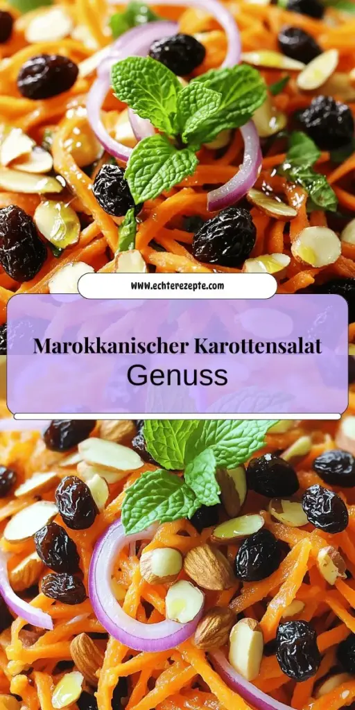 Entdecke diesen köstlichen marokkanischen Rohkarottensalat mit Rosinen! Er vereint knackige Karotten, süße Rosinen und nussige Mandeln für ein einmaliges Geschmackserlebnis. Perfekt als leichte Beilage oder Snack, ist dieser Salat einfach zuzubereiten und bringt frische Aromen auf deinen Tisch. Lass ihn kurz ziehen, um das Beste aus den Aromen herauszuholen. Klicke hier, um das vollständige Rezept zu entdecken und deiner Kreativität freien Lauf zu lassen!