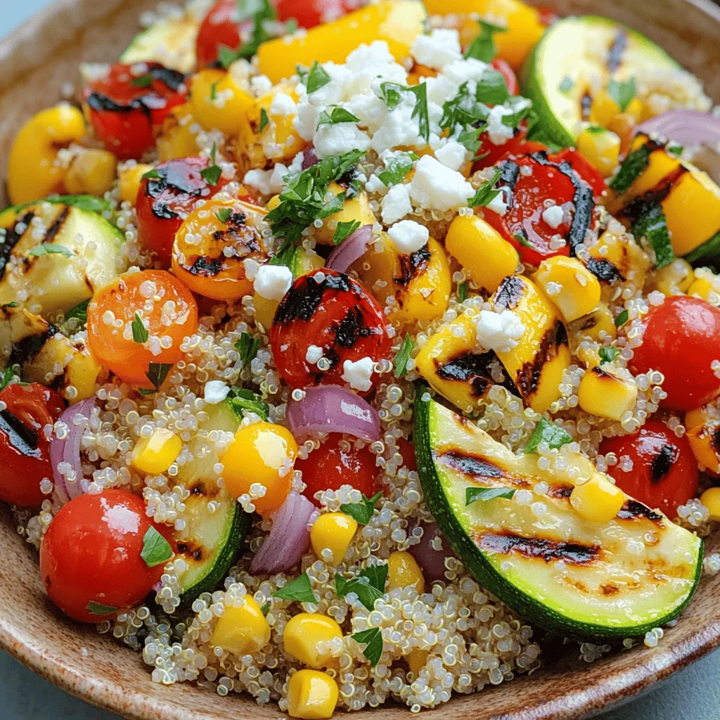 Die Hauptzutaten machen dieses Gericht lecker und nahrhaft. Hier sind die wichtigsten Zutaten: - 1 Tasse Quinoa - 2 Tassen Gemüsebrühe (oder Wasser) - 1 Zucchini, in Scheiben geschnitten - 1 Paprika (rot oder gelb), gewürfelt - 1 kleine rote Zwiebel, in Ringe geschnitten - 1 Tasse Kirschtomaten, halbiert - 1 Tasse Maiskörner (frisch oder gefroren) Diese Zutaten bieten eine bunte Mischung aus Texturen und Geschmäckern. Quinoa liefert Protein und Ballaststoffe. Das Gemüse bringt viele Vitamine. Die Gewürze und Öle geben dem Salat seinen besonderen Geschmack: - 3 Esslöffel Olivenöl - 1 Teelöffel geräuchertes Paprika-Pulver - 1 Teelöffel Knoblauchpulver - Salz und Pfeffer nach Geschmack - Saft von 1 Zitrone Olivenöl sorgt für gesunde Fette. Geräuchertes Paprika-Pulver fügt einen rauchigen Geschmack hinzu. Der Zitronensaft bringt Frische. Um den Salat noch abwechslungsreicher zu machen, kannst du folgende Zutaten hinzufügen: - 1/4 Tasse frische Petersilie, gehackt - 1/4 Tasse Feta-Käse, zerbröselt (optional) Die Petersilie gibt einen frischen Kick. Feta-Käse sorgt für Cremigkeit und einen salzigen Geschmack. Du kannst die Zutaten nach deinem Geschmack variieren. Für das gesamte Rezept sieh dir den [Full Recipe] an. Zuerst spüle ich 1 Tasse Quinoa gründlich unter kaltem Wasser ab. Das entfernt Bitterstoffe. Dann gebe ich die Quinoa mit 2 Tassen Gemüsebrühe in einen Topf. Ich bringe die Mischung zum Kochen. Danach senke ich die Hitze und decke den Topf ab. Ich lasse die Quinoa etwa 15 Minuten köcheln. Wenn die Flüssigkeit aufgesogen ist, nehme ich den Topf vom Herd. Nach 5 Minuten Ruhezeit lockere ich die Quinoa mit einer Gabel auf. Während die Quinoa kocht, heize ich den Grill auf mittelhohe Temperatur vor. So ist er bereit, wenn das Gemüse mariniert ist. Ein heißer Grill sorgt für schöne Grillstreifen und ein tolles Aroma. In einer großen Schüssel kombiniere ich die geschnittene Zucchini, gewürfelte Paprika, Zwiebelscheiben, halbierte Kirschtomaten und Maiskörner. Ich beträufle das Gemüse mit 2 Esslöffeln Olivenöl. Dann füge ich das geräucherte Paprika-Pulver, Knoblauchpulver, Salz und Pfeffer hinzu. Ich vermische alles gut, damit das Gemüse gleichmäßig gewürzt ist. Anschließend lege ich das Gemüse direkt auf den Grill. Ich grille es etwa 5-7 Minuten auf jeder Seite. Wenn das Gemüse zart ist und Grillstreifen hat, nehme ich es vom Grill und lasse es kurz abkühlen. In einer großen Rührschüssel kombiniere ich die gekochte Quinoa mit dem gegrillten Gemüse. Ich füge den restlichen Esslöffel Olivenöl, den Zitronensaft und die gehackte Petersilie hinzu. Ich mische alles vorsichtig, bis es gleichmäßig verteilt ist. Falls ich Feta verwenden möchte, streue ich ihn darüber. So bekomme ich eine cremige Note. Ich kann den Salat warm genießen oder für 30 Minuten in den Kühlschrank stellen. So wird er schön frisch. Für die vollständige Zubereitung schaue dir das [Full Recipe] an. Grillen macht Gemüse lecker und gesund. Verwenden Sie einen direkten Grill. Stellen Sie die Hitze auf mittelhoch. Legen Sie das Gemüse auf den Grill, wenn er heiß ist. Verwenden Sie eine Grillmatte, um das Ankleben zu verhindern. Grillen Sie das Gemüse gleichmäßig, damit es schön wird. Wenden Sie das Gemüse nach ein paar Minuten. So bleibt es saftig und bekommt schöne Grillstreifen. Quinoa ist einfach zu kochen. Beginnen Sie mit 1 Tasse Quinoa. Spülen Sie die Quinoa gründlich ab. Das entfernt Bitterstoffe. Fügen Sie 2 Tassen Gemüsebrühe oder Wasser in einen Topf. Bringen Sie es zum Kochen. Reduzieren Sie die Hitze und decken Sie den Topf ab. Lassen Sie die Quinoa 15 Minuten köcheln. Nach dem Kochen lassen Sie die Quinoa 5 Minuten ruhen. Lockern Sie sie mit einer Gabel auf. Die Präsentation Ihres Salats zählt. Verwenden Sie eine große, flache Schüssel für den Salat. Legen Sie die Quinoa zuerst hinein. Dann fügen Sie das gegrillte Gemüse hinzu. Stellen Sie sicher, dass die Farben gut sichtbar sind. Streuen Sie frische Petersilie und Feta darauf. Ein Spritzer Zitronensaft bringt Frische. Servieren Sie den Salat warm oder kalt. So sieht Ihr Gericht toll aus und schmeckt noch besser. Probieren Sie dieses Rezept für einen frischeren Genuss: [Full Recipe]. {{image_4}} Um deinen Gegrillten Gemüse-Quinoa-Salat aufzupeppen, kannst du verschiedene Gemüsesorten verwenden. Probiere Auberginen, Spargel oder Brokkoli. Diese Gemüse bringen unterschiedliche Texturen und Geschmäcker in den Salat. Du kannst auch saisonales Gemüse nutzen, um Frische und Vielfalt zu bieten. Ein Tipp: Röste das Gemüse leicht, damit es süßer wird. Möchtest du mehr Proteine hinzufügen? Bohnen sind eine großartige Wahl. Kidneybohnen oder schwarze Bohnen passen wunderbar. Sie fügen nicht nur Geschmack hinzu, sondern auch Nährstoffe. Tofu ist eine weitere Option. Er nimmt den Geschmack der Gewürze gut auf. Du kannst ihn marinieren und dann grillen, um einen rauchigen Geschmack zu erzielen. Die Wahl des Dressings macht viel aus. Ein einfaches Zitronen-Olivenöl-Dressing passt gut. Du kannst auch Balsamico oder Tahini verwenden. Diese Dressings bringen neue Aromen in den Salat. Experimentiere auch mit frischen Kräutern wie Basilikum oder Minze. Sie verleihen dem Salat ein frisches Aroma und Farbe. Für die volle Erfahrung, sieh dir das [Full Recipe] an. Um den Gegrillten Gemüse-Quinoa-Salat frisch zu halten, verwenden Sie einen luftdichten Behälter. Achten Sie darauf, dass die Salatzutaten gut abgekühlt sind, bevor Sie sie lagern. Lagern Sie den Salat im Kühlschrank. So bleibt er knackig und lecker. Im Kühlschrank hält sich der Salat bis zu drei Tage. Nach dieser Zeit kann das Gemüse weich werden. Der Geschmack bleibt jedoch bei richtiger Lagerung gut. Überprüfen Sie regelmäßig, ob der Salat noch frisch aussieht und riecht. Das Einfrieren von Quinoa-Salat ist möglich, aber nicht ideal. Das Gemüse kann nach dem Auftauen matschig werden. Wenn Sie Reste einfrieren möchten, trennen Sie das Gemüse von der Quinoa. So bleibt die Quinoa besser. Verwenden Sie einen gefrierfesten Behälter. Lassen Sie genug Platz für die Ausdehnung. Zum Auftauen einfach über Nacht im Kühlschrank lagern. Um Quinoa fluffig zu machen, spülen Sie es gut ab. Dies entfernt die Bitterstoffe. Kochen Sie die Quinoa dann in Gemüsebrühe, um mehr Geschmack zu bekommen. Lassen Sie die Quinoa nach dem Kochen 5 Minuten ruhen. Danach lockern Sie sie mit einer Gabel auf. So wird die Quinoa schön locker und leicht. Ja, Sie können das Gemüse auch im Ofen rösten. Heizen Sie den Ofen auf 200 Grad Celsius vor. Legen Sie das Gemüse auf ein Backblech und beträufeln Sie es mit Olivenöl. Würzen Sie es nach Geschmack. Rösten Sie das Gemüse für etwa 20-25 Minuten. Achten Sie darauf, dass es zart und leicht gebräunt ist. Dies gibt dem Gemüse einen tollen Geschmack. Ja, dieser Salat ist vegan, wenn Sie den Feta-Käse weglassen. Alle anderen Zutaten sind pflanzlich. Sie können den Feta durch eine vegane Käse-Alternative ersetzen, wenn Sie möchten. So bleibt der Salat gesund und vegan-freundlich. Genießen Sie den frischen Geschmack und die Vielfalt der Zutaten in diesem Gericht. Sie finden die vollständige Anleitung in der [Full Recipe]. Der Gegrillte Gemüse-Quinoa-Salat ist einfach zuzubereiten. Zuerst haben wir die Hauptzutaten und optionalen Zusätze besprochen. Dann haben wir den Grillprozess und die Präsentation erklärt. Ich teile auch Tipps zur perfekten Grillmethode und zur Quinoa-Zubereitung. Denke daran, dass du bei der Zutatenwahl kreativ sein kannst. Variationen helfen dir, den Salat immer wieder neu zu gestalten. Schließlich zeige ich, wie du Reste lagern und aufbewahren kannst. Probiere es aus und entdecke deinen Lieblingsgeschmack!