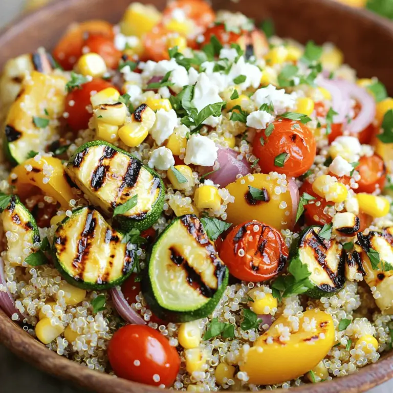 Die Hauptzutaten machen dieses Gericht lecker und nahrhaft. Hier sind die wichtigsten Zutaten: - 1 Tasse Quinoa - 2 Tassen Gemüsebrühe (oder Wasser) - 1 Zucchini, in Scheiben geschnitten - 1 Paprika (rot oder gelb), gewürfelt - 1 kleine rote Zwiebel, in Ringe geschnitten - 1 Tasse Kirschtomaten, halbiert - 1 Tasse Maiskörner (frisch oder gefroren) Diese Zutaten bieten eine bunte Mischung aus Texturen und Geschmäckern. Quinoa liefert Protein und Ballaststoffe. Das Gemüse bringt viele Vitamine. Die Gewürze und Öle geben dem Salat seinen besonderen Geschmack: - 3 Esslöffel Olivenöl - 1 Teelöffel geräuchertes Paprika-Pulver - 1 Teelöffel Knoblauchpulver - Salz und Pfeffer nach Geschmack - Saft von 1 Zitrone Olivenöl sorgt für gesunde Fette. Geräuchertes Paprika-Pulver fügt einen rauchigen Geschmack hinzu. Der Zitronensaft bringt Frische. Um den Salat noch abwechslungsreicher zu machen, kannst du folgende Zutaten hinzufügen: - 1/4 Tasse frische Petersilie, gehackt - 1/4 Tasse Feta-Käse, zerbröselt (optional) Die Petersilie gibt einen frischen Kick. Feta-Käse sorgt für Cremigkeit und einen salzigen Geschmack. Du kannst die Zutaten nach deinem Geschmack variieren. Für das gesamte Rezept sieh dir den [Full Recipe] an. Zuerst spüle ich 1 Tasse Quinoa gründlich unter kaltem Wasser ab. Das entfernt Bitterstoffe. Dann gebe ich die Quinoa mit 2 Tassen Gemüsebrühe in einen Topf. Ich bringe die Mischung zum Kochen. Danach senke ich die Hitze und decke den Topf ab. Ich lasse die Quinoa etwa 15 Minuten köcheln. Wenn die Flüssigkeit aufgesogen ist, nehme ich den Topf vom Herd. Nach 5 Minuten Ruhezeit lockere ich die Quinoa mit einer Gabel auf. Während die Quinoa kocht, heize ich den Grill auf mittelhohe Temperatur vor. So ist er bereit, wenn das Gemüse mariniert ist. Ein heißer Grill sorgt für schöne Grillstreifen und ein tolles Aroma. In einer großen Schüssel kombiniere ich die geschnittene Zucchini, gewürfelte Paprika, Zwiebelscheiben, halbierte Kirschtomaten und Maiskörner. Ich beträufle das Gemüse mit 2 Esslöffeln Olivenöl. Dann füge ich das geräucherte Paprika-Pulver, Knoblauchpulver, Salz und Pfeffer hinzu. Ich vermische alles gut, damit das Gemüse gleichmäßig gewürzt ist. Anschließend lege ich das Gemüse direkt auf den Grill. Ich grille es etwa 5-7 Minuten auf jeder Seite. Wenn das Gemüse zart ist und Grillstreifen hat, nehme ich es vom Grill und lasse es kurz abkühlen. In einer großen Rührschüssel kombiniere ich die gekochte Quinoa mit dem gegrillten Gemüse. Ich füge den restlichen Esslöffel Olivenöl, den Zitronensaft und die gehackte Petersilie hinzu. Ich mische alles vorsichtig, bis es gleichmäßig verteilt ist. Falls ich Feta verwenden möchte, streue ich ihn darüber. So bekomme ich eine cremige Note. Ich kann den Salat warm genießen oder für 30 Minuten in den Kühlschrank stellen. So wird er schön frisch. Für die vollständige Zubereitung schaue dir das [Full Recipe] an. Grillen macht Gemüse lecker und gesund. Verwenden Sie einen direkten Grill. Stellen Sie die Hitze auf mittelhoch. Legen Sie das Gemüse auf den Grill, wenn er heiß ist. Verwenden Sie eine Grillmatte, um das Ankleben zu verhindern. Grillen Sie das Gemüse gleichmäßig, damit es schön wird. Wenden Sie das Gemüse nach ein paar Minuten. So bleibt es saftig und bekommt schöne Grillstreifen. Quinoa ist einfach zu kochen. Beginnen Sie mit 1 Tasse Quinoa. Spülen Sie die Quinoa gründlich ab. Das entfernt Bitterstoffe. Fügen Sie 2 Tassen Gemüsebrühe oder Wasser in einen Topf. Bringen Sie es zum Kochen. Reduzieren Sie die Hitze und decken Sie den Topf ab. Lassen Sie die Quinoa 15 Minuten köcheln. Nach dem Kochen lassen Sie die Quinoa 5 Minuten ruhen. Lockern Sie sie mit einer Gabel auf. Die Präsentation Ihres Salats zählt. Verwenden Sie eine große, flache Schüssel für den Salat. Legen Sie die Quinoa zuerst hinein. Dann fügen Sie das gegrillte Gemüse hinzu. Stellen Sie sicher, dass die Farben gut sichtbar sind. Streuen Sie frische Petersilie und Feta darauf. Ein Spritzer Zitronensaft bringt Frische. Servieren Sie den Salat warm oder kalt. So sieht Ihr Gericht toll aus und schmeckt noch besser. Probieren Sie dieses Rezept für einen frischeren Genuss: [Full Recipe]. {{image_4}} Um deinen Gegrillten Gemüse-Quinoa-Salat aufzupeppen, kannst du verschiedene Gemüsesorten verwenden. Probiere Auberginen, Spargel oder Brokkoli. Diese Gemüse bringen unterschiedliche Texturen und Geschmäcker in den Salat. Du kannst auch saisonales Gemüse nutzen, um Frische und Vielfalt zu bieten. Ein Tipp: Röste das Gemüse leicht, damit es süßer wird. Möchtest du mehr Proteine hinzufügen? Bohnen sind eine großartige Wahl. Kidneybohnen oder schwarze Bohnen passen wunderbar. Sie fügen nicht nur Geschmack hinzu, sondern auch Nährstoffe. Tofu ist eine weitere Option. Er nimmt den Geschmack der Gewürze gut auf. Du kannst ihn marinieren und dann grillen, um einen rauchigen Geschmack zu erzielen. Die Wahl des Dressings macht viel aus. Ein einfaches Zitronen-Olivenöl-Dressing passt gut. Du kannst auch Balsamico oder Tahini verwenden. Diese Dressings bringen neue Aromen in den Salat. Experimentiere auch mit frischen Kräutern wie Basilikum oder Minze. Sie verleihen dem Salat ein frisches Aroma und Farbe. Für die volle Erfahrung, sieh dir das [Full Recipe] an. Um den Gegrillten Gemüse-Quinoa-Salat frisch zu halten, verwenden Sie einen luftdichten Behälter. Achten Sie darauf, dass die Salatzutaten gut abgekühlt sind, bevor Sie sie lagern. Lagern Sie den Salat im Kühlschrank. So bleibt er knackig und lecker. Im Kühlschrank hält sich der Salat bis zu drei Tage. Nach dieser Zeit kann das Gemüse weich werden. Der Geschmack bleibt jedoch bei richtiger Lagerung gut. Überprüfen Sie regelmäßig, ob der Salat noch frisch aussieht und riecht. Das Einfrieren von Quinoa-Salat ist möglich, aber nicht ideal. Das Gemüse kann nach dem Auftauen matschig werden. Wenn Sie Reste einfrieren möchten, trennen Sie das Gemüse von der Quinoa. So bleibt die Quinoa besser. Verwenden Sie einen gefrierfesten Behälter. Lassen Sie genug Platz für die Ausdehnung. Zum Auftauen einfach über Nacht im Kühlschrank lagern. Um Quinoa fluffig zu machen, spülen Sie es gut ab. Dies entfernt die Bitterstoffe. Kochen Sie die Quinoa dann in Gemüsebrühe, um mehr Geschmack zu bekommen. Lassen Sie die Quinoa nach dem Kochen 5 Minuten ruhen. Danach lockern Sie sie mit einer Gabel auf. So wird die Quinoa schön locker und leicht. Ja, Sie können das Gemüse auch im Ofen rösten. Heizen Sie den Ofen auf 200 Grad Celsius vor. Legen Sie das Gemüse auf ein Backblech und beträufeln Sie es mit Olivenöl. Würzen Sie es nach Geschmack. Rösten Sie das Gemüse für etwa 20-25 Minuten. Achten Sie darauf, dass es zart und leicht gebräunt ist. Dies gibt dem Gemüse einen tollen Geschmack. Ja, dieser Salat ist vegan, wenn Sie den Feta-Käse weglassen. Alle anderen Zutaten sind pflanzlich. Sie können den Feta durch eine vegane Käse-Alternative ersetzen, wenn Sie möchten. So bleibt der Salat gesund und vegan-freundlich. Genießen Sie den frischen Geschmack und die Vielfalt der Zutaten in diesem Gericht. Sie finden die vollständige Anleitung in der [Full Recipe]. Der Gegrillte Gemüse-Quinoa-Salat ist einfach zuzubereiten. Zuerst haben wir die Hauptzutaten und optionalen Zusätze besprochen. Dann haben wir den Grillprozess und die Präsentation erklärt. Ich teile auch Tipps zur perfekten Grillmethode und zur Quinoa-Zubereitung. Denke daran, dass du bei der Zutatenwahl kreativ sein kannst. Variationen helfen dir, den Salat immer wieder neu zu gestalten. Schließlich zeige ich, wie du Reste lagern und aufbewahren kannst. Probiere es aus und entdecke deinen Lieblingsgeschmack!