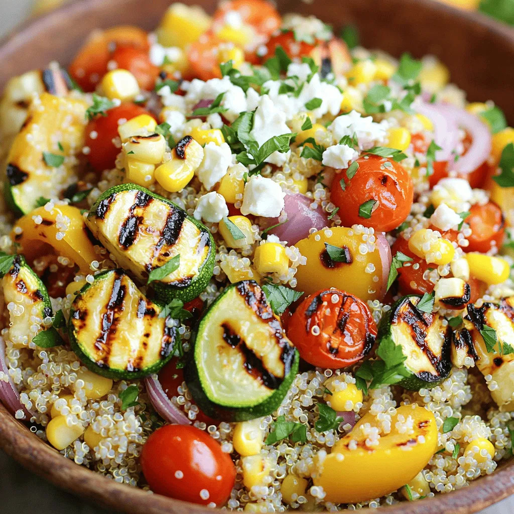 Die Hauptzutaten machen dieses Gericht lecker und nahrhaft. Hier sind die wichtigsten Zutaten: - 1 Tasse Quinoa - 2 Tassen Gemüsebrühe (oder Wasser) - 1 Zucchini, in Scheiben geschnitten - 1 Paprika (rot oder gelb), gewürfelt - 1 kleine rote Zwiebel, in Ringe geschnitten - 1 Tasse Kirschtomaten, halbiert - 1 Tasse Maiskörner (frisch oder gefroren) Diese Zutaten bieten eine bunte Mischung aus Texturen und Geschmäckern. Quinoa liefert Protein und Ballaststoffe. Das Gemüse bringt viele Vitamine. Die Gewürze und Öle geben dem Salat seinen besonderen Geschmack: - 3 Esslöffel Olivenöl - 1 Teelöffel geräuchertes Paprika-Pulver - 1 Teelöffel Knoblauchpulver - Salz und Pfeffer nach Geschmack - Saft von 1 Zitrone Olivenöl sorgt für gesunde Fette. Geräuchertes Paprika-Pulver fügt einen rauchigen Geschmack hinzu. Der Zitronensaft bringt Frische. Um den Salat noch abwechslungsreicher zu machen, kannst du folgende Zutaten hinzufügen: - 1/4 Tasse frische Petersilie, gehackt - 1/4 Tasse Feta-Käse, zerbröselt (optional) Die Petersilie gibt einen frischen Kick. Feta-Käse sorgt für Cremigkeit und einen salzigen Geschmack. Du kannst die Zutaten nach deinem Geschmack variieren. Für das gesamte Rezept sieh dir den [Full Recipe] an. Zuerst spüle ich 1 Tasse Quinoa gründlich unter kaltem Wasser ab. Das entfernt Bitterstoffe. Dann gebe ich die Quinoa mit 2 Tassen Gemüsebrühe in einen Topf. Ich bringe die Mischung zum Kochen. Danach senke ich die Hitze und decke den Topf ab. Ich lasse die Quinoa etwa 15 Minuten köcheln. Wenn die Flüssigkeit aufgesogen ist, nehme ich den Topf vom Herd. Nach 5 Minuten Ruhezeit lockere ich die Quinoa mit einer Gabel auf. Während die Quinoa kocht, heize ich den Grill auf mittelhohe Temperatur vor. So ist er bereit, wenn das Gemüse mariniert ist. Ein heißer Grill sorgt für schöne Grillstreifen und ein tolles Aroma. In einer großen Schüssel kombiniere ich die geschnittene Zucchini, gewürfelte Paprika, Zwiebelscheiben, halbierte Kirschtomaten und Maiskörner. Ich beträufle das Gemüse mit 2 Esslöffeln Olivenöl. Dann füge ich das geräucherte Paprika-Pulver, Knoblauchpulver, Salz und Pfeffer hinzu. Ich vermische alles gut, damit das Gemüse gleichmäßig gewürzt ist. Anschließend lege ich das Gemüse direkt auf den Grill. Ich grille es etwa 5-7 Minuten auf jeder Seite. Wenn das Gemüse zart ist und Grillstreifen hat, nehme ich es vom Grill und lasse es kurz abkühlen. In einer großen Rührschüssel kombiniere ich die gekochte Quinoa mit dem gegrillten Gemüse. Ich füge den restlichen Esslöffel Olivenöl, den Zitronensaft und die gehackte Petersilie hinzu. Ich mische alles vorsichtig, bis es gleichmäßig verteilt ist. Falls ich Feta verwenden möchte, streue ich ihn darüber. So bekomme ich eine cremige Note. Ich kann den Salat warm genießen oder für 30 Minuten in den Kühlschrank stellen. So wird er schön frisch. Für die vollständige Zubereitung schaue dir das [Full Recipe] an. Grillen macht Gemüse lecker und gesund. Verwenden Sie einen direkten Grill. Stellen Sie die Hitze auf mittelhoch. Legen Sie das Gemüse auf den Grill, wenn er heiß ist. Verwenden Sie eine Grillmatte, um das Ankleben zu verhindern. Grillen Sie das Gemüse gleichmäßig, damit es schön wird. Wenden Sie das Gemüse nach ein paar Minuten. So bleibt es saftig und bekommt schöne Grillstreifen. Quinoa ist einfach zu kochen. Beginnen Sie mit 1 Tasse Quinoa. Spülen Sie die Quinoa gründlich ab. Das entfernt Bitterstoffe. Fügen Sie 2 Tassen Gemüsebrühe oder Wasser in einen Topf. Bringen Sie es zum Kochen. Reduzieren Sie die Hitze und decken Sie den Topf ab. Lassen Sie die Quinoa 15 Minuten köcheln. Nach dem Kochen lassen Sie die Quinoa 5 Minuten ruhen. Lockern Sie sie mit einer Gabel auf. Die Präsentation Ihres Salats zählt. Verwenden Sie eine große, flache Schüssel für den Salat. Legen Sie die Quinoa zuerst hinein. Dann fügen Sie das gegrillte Gemüse hinzu. Stellen Sie sicher, dass die Farben gut sichtbar sind. Streuen Sie frische Petersilie und Feta darauf. Ein Spritzer Zitronensaft bringt Frische. Servieren Sie den Salat warm oder kalt. So sieht Ihr Gericht toll aus und schmeckt noch besser. Probieren Sie dieses Rezept für einen frischeren Genuss: [Full Recipe]. {{image_4}} Um deinen Gegrillten Gemüse-Quinoa-Salat aufzupeppen, kannst du verschiedene Gemüsesorten verwenden. Probiere Auberginen, Spargel oder Brokkoli. Diese Gemüse bringen unterschiedliche Texturen und Geschmäcker in den Salat. Du kannst auch saisonales Gemüse nutzen, um Frische und Vielfalt zu bieten. Ein Tipp: Röste das Gemüse leicht, damit es süßer wird. Möchtest du mehr Proteine hinzufügen? Bohnen sind eine großartige Wahl. Kidneybohnen oder schwarze Bohnen passen wunderbar. Sie fügen nicht nur Geschmack hinzu, sondern auch Nährstoffe. Tofu ist eine weitere Option. Er nimmt den Geschmack der Gewürze gut auf. Du kannst ihn marinieren und dann grillen, um einen rauchigen Geschmack zu erzielen. Die Wahl des Dressings macht viel aus. Ein einfaches Zitronen-Olivenöl-Dressing passt gut. Du kannst auch Balsamico oder Tahini verwenden. Diese Dressings bringen neue Aromen in den Salat. Experimentiere auch mit frischen Kräutern wie Basilikum oder Minze. Sie verleihen dem Salat ein frisches Aroma und Farbe. Für die volle Erfahrung, sieh dir das [Full Recipe] an. Um den Gegrillten Gemüse-Quinoa-Salat frisch zu halten, verwenden Sie einen luftdichten Behälter. Achten Sie darauf, dass die Salatzutaten gut abgekühlt sind, bevor Sie sie lagern. Lagern Sie den Salat im Kühlschrank. So bleibt er knackig und lecker. Im Kühlschrank hält sich der Salat bis zu drei Tage. Nach dieser Zeit kann das Gemüse weich werden. Der Geschmack bleibt jedoch bei richtiger Lagerung gut. Überprüfen Sie regelmäßig, ob der Salat noch frisch aussieht und riecht. Das Einfrieren von Quinoa-Salat ist möglich, aber nicht ideal. Das Gemüse kann nach dem Auftauen matschig werden. Wenn Sie Reste einfrieren möchten, trennen Sie das Gemüse von der Quinoa. So bleibt die Quinoa besser. Verwenden Sie einen gefrierfesten Behälter. Lassen Sie genug Platz für die Ausdehnung. Zum Auftauen einfach über Nacht im Kühlschrank lagern. Um Quinoa fluffig zu machen, spülen Sie es gut ab. Dies entfernt die Bitterstoffe. Kochen Sie die Quinoa dann in Gemüsebrühe, um mehr Geschmack zu bekommen. Lassen Sie die Quinoa nach dem Kochen 5 Minuten ruhen. Danach lockern Sie sie mit einer Gabel auf. So wird die Quinoa schön locker und leicht. Ja, Sie können das Gemüse auch im Ofen rösten. Heizen Sie den Ofen auf 200 Grad Celsius vor. Legen Sie das Gemüse auf ein Backblech und beträufeln Sie es mit Olivenöl. Würzen Sie es nach Geschmack. Rösten Sie das Gemüse für etwa 20-25 Minuten. Achten Sie darauf, dass es zart und leicht gebräunt ist. Dies gibt dem Gemüse einen tollen Geschmack. Ja, dieser Salat ist vegan, wenn Sie den Feta-Käse weglassen. Alle anderen Zutaten sind pflanzlich. Sie können den Feta durch eine vegane Käse-Alternative ersetzen, wenn Sie möchten. So bleibt der Salat gesund und vegan-freundlich. Genießen Sie den frischen Geschmack und die Vielfalt der Zutaten in diesem Gericht. Sie finden die vollständige Anleitung in der [Full Recipe]. Der Gegrillte Gemüse-Quinoa-Salat ist einfach zuzubereiten. Zuerst haben wir die Hauptzutaten und optionalen Zusätze besprochen. Dann haben wir den Grillprozess und die Präsentation erklärt. Ich teile auch Tipps zur perfekten Grillmethode und zur Quinoa-Zubereitung. Denke daran, dass du bei der Zutatenwahl kreativ sein kannst. Variationen helfen dir, den Salat immer wieder neu zu gestalten. Schließlich zeige ich, wie du Reste lagern und aufbewahren kannst. Probiere es aus und entdecke deinen Lieblingsgeschmack!