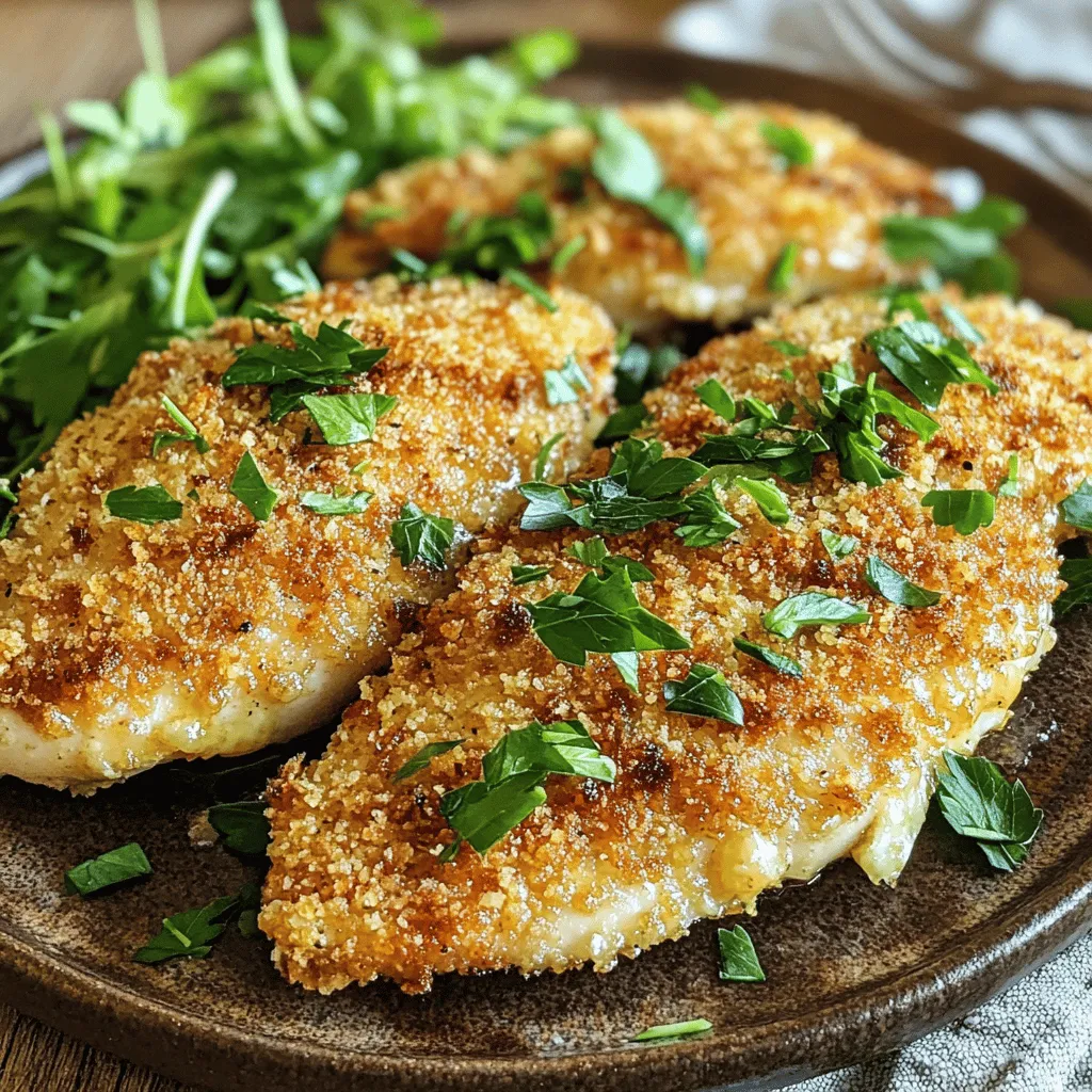 - 4 Hähnchenbrustfilets (à ca. 150 g) - 1 Tasse frische Semmelbrösel - 1/2 Tasse frisch geriebener Parmesan - 1/4 Tasse Allzweckmehl - 2 große Eier - 2 Esslöffel Dijon-Senf - 1 Teelöffel Knoblauchpulver - 1 Teelöffel Zwiebelpulver - 1 Teelöffel italienische Kräuter (getrocknet) - 1/2 Teelöffel Salz - 1/2 Teelöffel Pfeffer - 1/4 Tasse Olivenöl