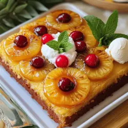 - 1/2 Tasse ungesalzene Butter - 1 Tasse brauner Zucker - 1 Dose Ananasscheiben in Sirup - maraschino Kirschen (optional)