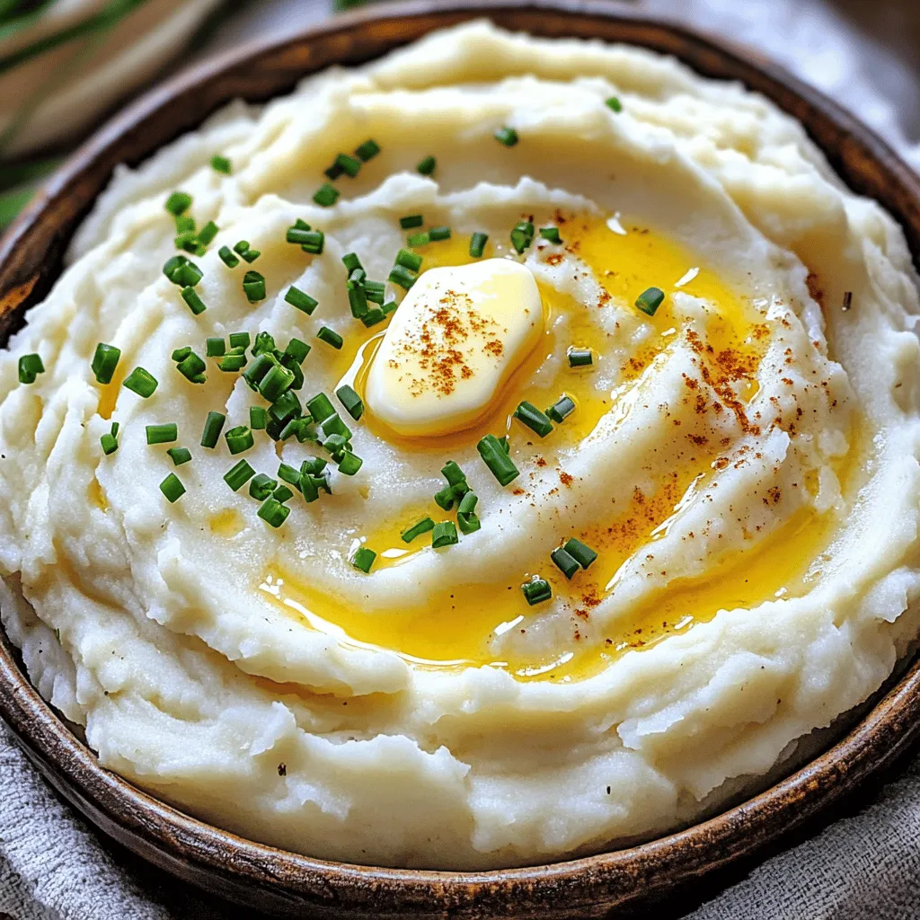 - 1 kg Schalenkartoffeln, geschält und gewürfelt - 4 Knoblauchzehen, fein gehackt - 115 g ungesalzenes Butter, weich Die Hauptzutaten für cremige Knoblauch-Kartoffelbrei sind einfach zu finden. Schalenkartoffeln sind perfekt, weil sie gut schmecken. Ihre Textur macht sie auch ideal zum Stampfen. Knoblauch verleiht dem Gericht einen tollen Geschmack. Ich empfehle, frischen Knoblauch zu verwenden. Er hat einen besseren Geschmack als getrockneter. Die ungesalzene Butter fügt reichhaltige Cremigkeit hinzu. Butter macht die Kartoffeln besonders zart. - 240 ml Schlagsahne - 120 g saure Sahne Die flüssigen Zutaten bringen die perfekte Konsistenz. Schlagsahne macht die Kartoffeln sehr cremig. Saure Sahne sorgt für einen leichten, säuerlichen Geschmack. Diese Kombination ist wichtig, um den Kartoffelbrei zu verfeinern. Sie hilft, die Aromen gut zu verbinden. Das Ergebnis ist ein köstlicher, samtiger Brei. - Salz und Pfeffer nach Geschmack - 1 Esslöffel frische Schnittlauch, gehackt (zum Garnieren) - 1 Teelöffel Paprika (optional, für einen rauchigen Geschmack) Salz und Pfeffer sind entscheidend für den Geschmack. Sie bringen die Aromen der anderen Zutaten hervor. Frischer Schnittlauch ist eine schöne Garnierung. Er fügt Farbe und einen milden Zwiebelgeschmack hinzu. Paprika kann für einen rauchigen Akzent verwendet werden. Dies ist eine gute Option, wenn Sie etwas Neues ausprobieren möchten. Verwenden Sie diese Gewürze nach Ihrem persönlichen Geschmack. Das sind die Zutaten für meinen cremigen Knoblauch-Kartoffelbrei. Sie machen das Gericht einfach köstlich. Für mehr Details zur Zubereitung, schauen Sie sich das [Full Recipe] an. Um die perfekten cremigen Knoblauch-Kartoffeln zu machen, beginne mit den Kartoffeln. Nimm 1 kg gewürfelte Kartoffeln und lege sie in einen großen Topf. Bedecke sie mit kaltem Wasser. Füge eine Prise Salz hinzu. Bringe das Wasser zum Kochen. Koche die Kartoffeln für 15 bis 20 Minuten. Sie sind fertig, wenn du sie leicht mit einer Gabel zerdrücken kannst. Jetzt geht es zum Knoblauch. Nimm 115 g ungesalzene Butter und schmelze sie in einem kleinen Topf. Stelle die Hitze auf mittel. Füge 4 fein gehackte Knoblauchzehen hinzu. Brate sie kurz an, etwa 1 bis 2 Minuten. Achte darauf, dass der Knoblauch nicht bräunt. Das könnte bitter schmecken. Sobald die Kartoffeln fertig sind, lasse sie gut abtropfen. Gib sie zurück in den Topf. Lass sie eine Minute stehen, damit die Feuchtigkeit verdampfen kann. Jetzt ist es Zeit, die Kartoffeln zu stampfen. Nimm einen Kartoffelstampfer und bearbeite die Kartoffeln zu einem glatten Brei. Für die vollständige Zubereitung mit weiteren Schritten schaue dir das [Full Recipe] an. Um den perfekten Kartoffelbrei zu machen, ist die Konsistenz wichtig. Der Brei sollte cremig und glatt sein. Wenn er zu dick ist, fügen Sie etwas mehr Sahne hinzu. Wenn er zu flüssig ist, lassen Sie ihn kurz kochen, um die Feuchtigkeit zu reduzieren. Vermeiden Sie übermäßiges Mischen. Zu viel Mischen macht die Kartoffeln klebrig. Mischen Sie nur, bis alles gut vereint ist. Bei der Wahl des Gerätes spielt es eine große Rolle, ob Sie einen Kartoffelstampfer oder eine Kartoffelpresse verwenden. Ein Kartoffelstampfer gibt Ihnen mehr Kontrolle. So können Sie die Textur nach Ihrem Geschmack anpassen. Eine Kartoffelpresse sorgt für einen sehr feinen Brei, ist aber weniger flexibel. Wenn Sie einen Handmixer verwenden möchten, arbeiten Sie vorsichtig. Zu viel Luft kann die Konsistenz verändern. Wenn Sie Fette reduzieren möchten, können Sie die Butter durch Olivenöl ersetzen. Das gibt einen anderen, aber leckeren Geschmack. Für Allergiker gibt es Alternativen. Verwenden Sie laktosefreie Sahne oder pflanzliche Produkte. Diese Varianten machen den Brei ebenfalls cremig und köstlich. Experimentieren Sie mit verschiedenen Zutaten, um Ihren perfekten Kartoffelbrei zu finden. Für die vollständige Rezeptur besuchen Sie bitte die [Full Recipe]. {{image_4}} Fügen Sie geriebenen Käse hinzu für einen cremigen Geschmack. Käse macht die Kartoffeln noch reichhaltiger und schmackhafter. Ich empfehle, Cheddar für einen kräftigen Geschmack oder Parmesan für eine feine Note zu verwenden. Rühren Sie den Käse einfach in die warmen Kartoffeln ein. So schmilzt er gut und verbindet sich perfekt. Verschiedene frische Kräuter für zusätzliche Aromen machen den Brei lebendiger. Petersilie, Thymian oder Rosmarin passen wunderbar. Hacken Sie die Kräuter fein und mischen Sie sie am Ende unter die Kartoffeln. Achten Sie darauf, dass die Kräuter frisch sind, um das beste Aroma zu erhalten. Gewürze wie Chili oder Pfeffer hinzufügen für einen Kick. Eine Prise Cayennepfeffer kann den Brei aufpeppen. Wenn Sie es schärfer mögen, probieren Sie frische Jalapeños oder Pfefferoncini. Diese Zutaten bringen eine spannende Note und machen Ihr Gericht aufregender. Sie finden all diese Ideen im Full Recipe. Lagern Sie Ihren cremigen Knoblauch-Kartoffelbrei in einem luftdichten Behälter im Kühlschrank. So bleibt der Geschmack frisch. Achten Sie darauf, dass der Behälter gut verschlossen ist. So bleibt der Kartoffelbrei bis zu fünf Tage genießbar. Um den Kartoffelbrei ohne Qualitätsverlust aufzuwärmen, nehmen Sie ihn aus dem Kühlschrank. Lassen Sie ihn einige Minuten bei Raumtemperatur stehen. Erwärmen Sie ihn dann in einem Topf bei schwacher Hitze. Fügen Sie ein wenig Milch oder Sahne hinzu, falls er zu dick ist. Rühren Sie gut um, bis er gleichmäßig warm ist. Für beste Ergebnisse sollten Sie den Kartoffelbrei innerhalb von fünf Tagen essen. Wenn Sie ihn länger aufbewahren möchten, frieren Sie ihn in Portionen ein. So halten die Kartoffeln bis zu drei Monate. Achten Sie darauf, ihn in einem gefrierfesten Behälter zu lagern. Beim Auftauen sollten Sie den Kartoffelbrei im Kühlschrank lassen, bevor Sie ihn erneut aufwärmen. Cremiger Knoblauch-Kartoffelbrei hält sich gut. Bewahre ihn in einem luftdichten Behälter im Kühlschrank auf. So bleibt er frisch. Du kannst ihn bis zu fünf Tage lagern. Achte darauf, ihn gut zu verschließen, um Gerüche zu vermeiden. Ja, du kannst andere Kartoffelsorten verwenden! Mehlige Kartoffeln sind ideal, da sie gut zerdrückt werden. Du kannst auch festkochende Kartoffeln verwenden. Diese geben einen anderen Geschmack und eine andere Textur. Experimentiere mit verschiedenen Sorten für neue Aromen. Wenn dein Kartoffelbrei klumpig ist, gibt es einfache Lösungen. Du kannst ihn mit einem Handmixer auflockern. Füge etwas mehr Sahne oder Butter hinzu, um die Konsistenz zu verbessern. Wenn du einen besonders glatten Brei möchtest, verwende eine Kartoffelpresse. So erhältst du eine wunderbare, cremige Textur. Kartoffelbrei ist einfach und lecker. Mit wenigen Zutaten und einer klaren Anleitung gelingt er immer. Denken Sie an die Tipps für die perfekte Konsistenz und das richtige Küchengerät. Variieren Sie Ihr Rezept mit Käse oder Kräutern, um neue Geschmäcker zu kreieren. Lagern Sie Reste richtig und reaktivieren Sie sie schonend. So bleibt Ihr Kartoffelbrei frisch. Genießen Sie diese einfache Beilage bei Ihrem nächsten Essen!