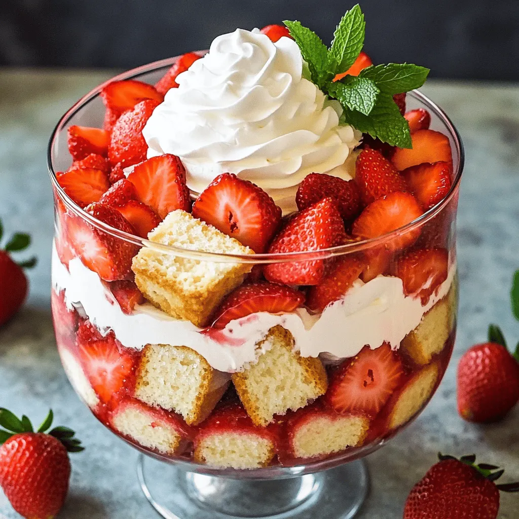 Für ein leckeres Erdbeer-Shortcake-Trifle brauchst du einige einfache Zutaten. Hier sind die Hauptzutaten: - 2 Tassen frische Erdbeeren, geputzt und in Scheiben geschnitten - 2 Esslöffel Kristallzucker - 1 Teelöffel Vanilleextrakt - 1 im Laden gekauftes Poundcake oder Schwammkuchen, in 2,5 cm große Würfel geschnitten - 2 Tassen Schlagsahne - 1/4 Tasse Puderzucker - 1 Teelöffel Vanilleextrakt - Frische Minzblätter zur Garnierung (optional) Diese Zutaten machen das Trifle frisch und lecker. Du kannst sie leicht finden und sie sind perfekt für diesen Nachtisch. Die Wahl der Erdbeeren ist wichtig. Du willst die besten Erdbeeren für dein Trifle. Hier sind einige Tipps: - Achte auf die Farbe: Wähle rote und glänzende Erdbeeren. - Prüfe die Festigkeit: Sie sollten fest, aber leicht druckbar sein. - Rieche daran: Reife Erdbeeren duften süß. - Kaufe nach Saison: Frische Erdbeeren sind im Sommer am besten. Mit diesen Tipps bekommst du die besten Erdbeeren, die deinem Trifle den perfekten Geschmack geben. Manchmal hast du keine Zeit oder Lust auf die klassischen Zutaten. Hier sind ein paar Alternativen: - Statt Poundcake kannst du auch Biskuit oder Kekse verwenden. - Wenn du keine Sahne magst, probiere griechischen Joghurt. - Anstelle von Erdbeeren kannst du Himbeeren oder Blaubeeren nehmen. Diese Alternativen machen dein Trifle trotzdem lecker und spannend. Du kannst kreativ sein und neue Geschmäcker entdecken. Für die vollständige Anleitung schau dir die Full Recipe an. Um die Erdbeeren vorzubereiten, beginne mit zwei Tassen frischen Erdbeeren. Putze sie gründlich und schneide sie in Scheiben. Gib die geschnittenen Erdbeeren in eine mittelgroße Schüssel. Füge dann zwei Esslöffel Kristallzucker hinzu. Rühre vorsichtig, bis der Zucker gleichmäßig verteilt ist. Lass die Mischung für 15 bis 20 Minuten stehen. Während dieser Zeit geben die Erdbeeren ihren Saft ab. Dieser Saft wird süß sein und hilft, den Geschmack zu intensivieren. Für die Sahne nimm eine separate Schüssel. Gib zwei Tassen Schlagsahne hinein. Füge ein Viertel Tasse Puderzucker und einen Teelöffel Vanilleextrakt hinzu. Schlage die Mischung mit einem Handmixer oder Schneebesen, bis sie steif ist. Achte darauf, die Sahne nicht zu lange zu schlagen, sonst wird sie butterartig. Die Sahne sollte weiche Spitzen bilden. Jetzt ist es Zeit, das Trifle zu schichten. Nimm eine große Glas-Trifle-Schüssel oder einzelne Dessertbecher. Beginne mit einer Schicht von den Würfeln des Poundcakes. Lege sie gleichmäßig auf den Boden. Füge darauf eine Schicht der macerierten Erdbeeren hinzu. Danach kommt eine Schicht der Schlagsahne. Wiederhole diesen Vorgang, bis die Schüssel oder Becher voll sind. Beende mit einer großzügigen Schicht Schlagsahne. Du kannst das Trifle nach Belieben mit Erdbeerscheiben und frischen Minzblättern garnieren. Stelle das Trifle für mindestens 30 Minuten in den Kühlschrank, damit die Aromen sich gut verbinden. Wenn du mehr Details brauchst, schau dir die Full Recipe an. Ein häufiger Fehler ist, die Erdbeeren zu früh zu schneiden. Warte, bis du bereit bist, sie zu verwenden. So bleiben sie frisch. Ein weiterer Fehler ist, die Schlagsahne zu lange zu schlagen. Schlage sie nur, bis sie weiche Spitzen hat. Übermäßiges Schlagen macht die Sahne trocken. Achte darauf, den Pudding oder die Sahne nicht zu stark zu vermischen. Dies könnte die Schichten beschädigen. Die Dekoration macht das Trifle lebendig. Beginne mit einer schönen Glasform. Schichte die Zutaten sichtbar. Verwende eine Mischung aus Erdbeeren und Sahne oben auf. Lege frische Minzblätter für einen Farbtupfer dazu. Du kannst auch ein paar Schokoladenspäne oder Essig-Erdbeeren hinzufügen, um den Look zu verbessern. Sei kreativ, aber halte es einfach. Kühle das Trifle vor dem Servieren mindestens 30 Minuten. Dies hilft, die Aromen gut zu verbinden. Stelle sicher, dass dein Kühlschrank nicht zu warm ist. Der perfekte Temperaturbereich liegt bei 4 bis 7 Grad Celsius. Serviere das Trifle bei kühler Temperatur. Das macht den Genuss umso erfrischender. Wenn du es länger aufbewahren musst, achte darauf, es gut abzudecken. So bleibt es frisch und lecker. Für das vollständige Rezept, schau dir die [Full Recipe] an. {{image_4}} Du kannst ein glutenfreies Erdbeer-Shortcake-Trifle zubereiten. Ersetze den Poundcake durch glutenfreie Kuchenwürfel. Achte darauf, dass alle anderen Zutaten ebenfalls glutenfrei sind. Viele Lebensmittelläden bieten glutenfreie Produkte an. So kannst du sicher sein, dass dein Trifle allen schmeckt. Für die vegane Variante brauchst du keine tierischen Produkte. Nutze Kokosnusscreme anstelle von Schlagsahne. Du kannst auch Soja- oder Hafercreme verwenden. Süße die Creme mit Puderzucker, um den Geschmack zu verbessern. Das Ergebnis ist lecker und passt in jede vegane Ernährung. Das Erdbeer-Shortcake-Trifle ist vielseitig. Probiere andere Früchte wie Himbeeren oder Pfirsiche. Du kannst auch eine Mischung aus verschiedenen Früchten verwenden. Achte darauf, die Früchte süß genug zu wählen. So bleibt der Geschmack frisch und fruchtig. Experimentiere mit verschiedenen Kombinationen für mehr Spaß beim Essen. Für das komplette Rezept, schau dir die [Full Recipe] an. Um dein Erdbeer-Shortcake-Trifle frisch zu halten, lagere es in einem luftdichten Behälter. Das schützt vor Feuchtigkeit und Gerüchen. Wenn du Reste hast, decke sie gut ab. So bleibt der Geschmack erhalten. Vermeide es, das Trifle zu lange bei Raumtemperatur zu lassen. Kühl lagern ist der Schlüssel. Im Kühlschrank hält sich dein Trifle etwa 2 bis 3 Tage. Die Erdbeeren bleiben frisch, solange sie gut lagern. Die Schlagsahne kann jedoch nach ein paar Tagen wässrig werden. Wenn du es also länger genießen möchtest, iss die Reste schnell. Achte darauf, das Trifle vor dem Servieren kurz auf Raumtemperatur zu bringen. So kommt der Geschmack besser zur Geltung. Hast du noch Erdbeeren oder Schlagsahne übrig? Nutze sie für einen anderen Snack! Erdbeeren kannst du in Joghurt mischen oder in einem Smoothie verwenden. Schlagsahne eignet sich gut für Kaffee oder frische Früchte. Damit verschwenden wir keine Zutaten und genießen trotzdem leckere Snacks! Du kannst das Erdbeer-Shortcake-Trifle bis zu einen Tag im Voraus zubereiten. Es schmeckt sogar besser, wenn es einige Stunden im Kühlschrank steht. Die Aromen vermischen sich und der Geschmack wird intensiver. Stelle sicher, dass du es gut abdeckst, damit es frisch bleibt. Ja, du kannst gefrorene Erdbeeren verwenden. Achte darauf, sie vorher gut abzutauen und das überschüssige Wasser abzugießen. Gefrorene Erdbeeren sind oft süßer, da sie zur Reifung geerntet werden. Sie können das Trifle jedoch etwas wässriger machen, also sei vorsichtig beim Mischen. Ja, du kannst die einzelnen Schichten im Voraus zubereiten. Mische die Erdbeeren und schlage die Sahne einige Stunden vorher. Lagere die Zutaten getrennt im Kühlschrank. Schichte das Trifle erst kurz vor dem Servieren. So bleibt alles frisch und sieht toll aus. Für die vollständige Anleitung schau dir das [Full Recipe] an. Zusammenfassend haben wir die wichtigsten Zutaten für das Erdbeer-Shortcake-Trifle besprochen. Ich habe dir gezeigt, wie du die besten Erdbeeren auswählst und das Trifle schichtest. Außerdem haben wir Tipps und Variationen für die Zubereitung behandelt. Denk daran, auf die Lagerung zu achten, damit dein Dessert frisch bleibt. Dieses Rezept ist einfach und macht Freude. Experimentiere mit verschiedenen Früchten und genieße das Ergebnis. So machst du dein Trifle ganz besonders!