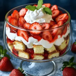 Für ein leckeres Erdbeer-Shortcake-Trifle brauchst du einige einfache Zutaten. Hier sind die Hauptzutaten: - 2 Tassen frische Erdbeeren, geputzt und in Scheiben geschnitten - 2 Esslöffel Kristallzucker - 1 Teelöffel Vanilleextrakt - 1 im Laden gekauftes Poundcake oder Schwammkuchen, in 2,5 cm große Würfel geschnitten - 2 Tassen Schlagsahne - 1/4 Tasse Puderzucker - 1 Teelöffel Vanilleextrakt - Frische Minzblätter zur Garnierung (optional) Diese Zutaten machen das Trifle frisch und lecker. Du kannst sie leicht finden und sie sind perfekt für diesen Nachtisch. Die Wahl der Erdbeeren ist wichtig. Du willst die besten Erdbeeren für dein Trifle. Hier sind einige Tipps: - Achte auf die Farbe: Wähle rote und glänzende Erdbeeren. - Prüfe die Festigkeit: Sie sollten fest, aber leicht druckbar sein. - Rieche daran: Reife Erdbeeren duften süß. - Kaufe nach Saison: Frische Erdbeeren sind im Sommer am besten. Mit diesen Tipps bekommst du die besten Erdbeeren, die deinem Trifle den perfekten Geschmack geben. Manchmal hast du keine Zeit oder Lust auf die klassischen Zutaten. Hier sind ein paar Alternativen: - Statt Poundcake kannst du auch Biskuit oder Kekse verwenden. - Wenn du keine Sahne magst, probiere griechischen Joghurt. - Anstelle von Erdbeeren kannst du Himbeeren oder Blaubeeren nehmen. Diese Alternativen machen dein Trifle trotzdem lecker und spannend. Du kannst kreativ sein und neue Geschmäcker entdecken. Für die vollständige Anleitung schau dir die Full Recipe an. Um die Erdbeeren vorzubereiten, beginne mit zwei Tassen frischen Erdbeeren. Putze sie gründlich und schneide sie in Scheiben. Gib die geschnittenen Erdbeeren in eine mittelgroße Schüssel. Füge dann zwei Esslöffel Kristallzucker hinzu. Rühre vorsichtig, bis der Zucker gleichmäßig verteilt ist. Lass die Mischung für 15 bis 20 Minuten stehen. Während dieser Zeit geben die Erdbeeren ihren Saft ab. Dieser Saft wird süß sein und hilft, den Geschmack zu intensivieren. Für die Sahne nimm eine separate Schüssel. Gib zwei Tassen Schlagsahne hinein. Füge ein Viertel Tasse Puderzucker und einen Teelöffel Vanilleextrakt hinzu. Schlage die Mischung mit einem Handmixer oder Schneebesen, bis sie steif ist. Achte darauf, die Sahne nicht zu lange zu schlagen, sonst wird sie butterartig. Die Sahne sollte weiche Spitzen bilden. Jetzt ist es Zeit, das Trifle zu schichten. Nimm eine große Glas-Trifle-Schüssel oder einzelne Dessertbecher. Beginne mit einer Schicht von den Würfeln des Poundcakes. Lege sie gleichmäßig auf den Boden. Füge darauf eine Schicht der macerierten Erdbeeren hinzu. Danach kommt eine Schicht der Schlagsahne. Wiederhole diesen Vorgang, bis die Schüssel oder Becher voll sind. Beende mit einer großzügigen Schicht Schlagsahne. Du kannst das Trifle nach Belieben mit Erdbeerscheiben und frischen Minzblättern garnieren. Stelle das Trifle für mindestens 30 Minuten in den Kühlschrank, damit die Aromen sich gut verbinden. Wenn du mehr Details brauchst, schau dir die Full Recipe an. Ein häufiger Fehler ist, die Erdbeeren zu früh zu schneiden. Warte, bis du bereit bist, sie zu verwenden. So bleiben sie frisch. Ein weiterer Fehler ist, die Schlagsahne zu lange zu schlagen. Schlage sie nur, bis sie weiche Spitzen hat. Übermäßiges Schlagen macht die Sahne trocken. Achte darauf, den Pudding oder die Sahne nicht zu stark zu vermischen. Dies könnte die Schichten beschädigen. Die Dekoration macht das Trifle lebendig. Beginne mit einer schönen Glasform. Schichte die Zutaten sichtbar. Verwende eine Mischung aus Erdbeeren und Sahne oben auf. Lege frische Minzblätter für einen Farbtupfer dazu. Du kannst auch ein paar Schokoladenspäne oder Essig-Erdbeeren hinzufügen, um den Look zu verbessern. Sei kreativ, aber halte es einfach. Kühle das Trifle vor dem Servieren mindestens 30 Minuten. Dies hilft, die Aromen gut zu verbinden. Stelle sicher, dass dein Kühlschrank nicht zu warm ist. Der perfekte Temperaturbereich liegt bei 4 bis 7 Grad Celsius. Serviere das Trifle bei kühler Temperatur. Das macht den Genuss umso erfrischender. Wenn du es länger aufbewahren musst, achte darauf, es gut abzudecken. So bleibt es frisch und lecker. Für das vollständige Rezept, schau dir die [Full Recipe] an. {{image_4}} Du kannst ein glutenfreies Erdbeer-Shortcake-Trifle zubereiten. Ersetze den Poundcake durch glutenfreie Kuchenwürfel. Achte darauf, dass alle anderen Zutaten ebenfalls glutenfrei sind. Viele Lebensmittelläden bieten glutenfreie Produkte an. So kannst du sicher sein, dass dein Trifle allen schmeckt. Für die vegane Variante brauchst du keine tierischen Produkte. Nutze Kokosnusscreme anstelle von Schlagsahne. Du kannst auch Soja- oder Hafercreme verwenden. Süße die Creme mit Puderzucker, um den Geschmack zu verbessern. Das Ergebnis ist lecker und passt in jede vegane Ernährung. Das Erdbeer-Shortcake-Trifle ist vielseitig. Probiere andere Früchte wie Himbeeren oder Pfirsiche. Du kannst auch eine Mischung aus verschiedenen Früchten verwenden. Achte darauf, die Früchte süß genug zu wählen. So bleibt der Geschmack frisch und fruchtig. Experimentiere mit verschiedenen Kombinationen für mehr Spaß beim Essen. Für das komplette Rezept, schau dir die [Full Recipe] an. Um dein Erdbeer-Shortcake-Trifle frisch zu halten, lagere es in einem luftdichten Behälter. Das schützt vor Feuchtigkeit und Gerüchen. Wenn du Reste hast, decke sie gut ab. So bleibt der Geschmack erhalten. Vermeide es, das Trifle zu lange bei Raumtemperatur zu lassen. Kühl lagern ist der Schlüssel. Im Kühlschrank hält sich dein Trifle etwa 2 bis 3 Tage. Die Erdbeeren bleiben frisch, solange sie gut lagern. Die Schlagsahne kann jedoch nach ein paar Tagen wässrig werden. Wenn du es also länger genießen möchtest, iss die Reste schnell. Achte darauf, das Trifle vor dem Servieren kurz auf Raumtemperatur zu bringen. So kommt der Geschmack besser zur Geltung. Hast du noch Erdbeeren oder Schlagsahne übrig? Nutze sie für einen anderen Snack! Erdbeeren kannst du in Joghurt mischen oder in einem Smoothie verwenden. Schlagsahne eignet sich gut für Kaffee oder frische Früchte. Damit verschwenden wir keine Zutaten und genießen trotzdem leckere Snacks! Du kannst das Erdbeer-Shortcake-Trifle bis zu einen Tag im Voraus zubereiten. Es schmeckt sogar besser, wenn es einige Stunden im Kühlschrank steht. Die Aromen vermischen sich und der Geschmack wird intensiver. Stelle sicher, dass du es gut abdeckst, damit es frisch bleibt. Ja, du kannst gefrorene Erdbeeren verwenden. Achte darauf, sie vorher gut abzutauen und das überschüssige Wasser abzugießen. Gefrorene Erdbeeren sind oft süßer, da sie zur Reifung geerntet werden. Sie können das Trifle jedoch etwas wässriger machen, also sei vorsichtig beim Mischen. Ja, du kannst die einzelnen Schichten im Voraus zubereiten. Mische die Erdbeeren und schlage die Sahne einige Stunden vorher. Lagere die Zutaten getrennt im Kühlschrank. Schichte das Trifle erst kurz vor dem Servieren. So bleibt alles frisch und sieht toll aus. Für die vollständige Anleitung schau dir das [Full Recipe] an. Zusammenfassend haben wir die wichtigsten Zutaten für das Erdbeer-Shortcake-Trifle besprochen. Ich habe dir gezeigt, wie du die besten Erdbeeren auswählst und das Trifle schichtest. Außerdem haben wir Tipps und Variationen für die Zubereitung behandelt. Denk daran, auf die Lagerung zu achten, damit dein Dessert frisch bleibt. Dieses Rezept ist einfach und macht Freude. Experimentiere mit verschiedenen Früchten und genieße das Ergebnis. So machst du dein Trifle ganz besonders!