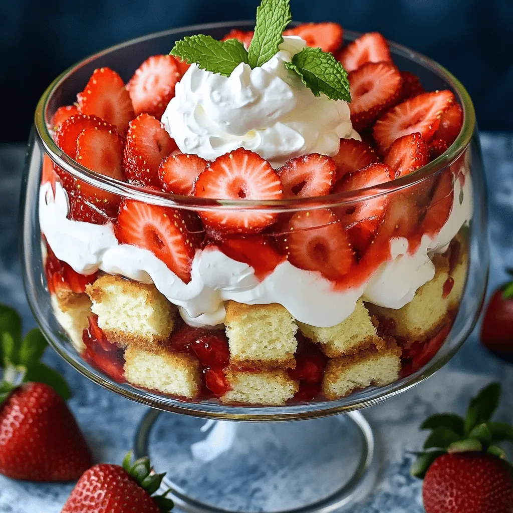 Für ein leckeres Erdbeer-Shortcake-Trifle brauchst du einige einfache Zutaten. Hier sind die Hauptzutaten: - 2 Tassen frische Erdbeeren, geputzt und in Scheiben geschnitten - 2 Esslöffel Kristallzucker - 1 Teelöffel Vanilleextrakt - 1 im Laden gekauftes Poundcake oder Schwammkuchen, in 2,5 cm große Würfel geschnitten - 2 Tassen Schlagsahne - 1/4 Tasse Puderzucker - 1 Teelöffel Vanilleextrakt - Frische Minzblätter zur Garnierung (optional) Diese Zutaten machen das Trifle frisch und lecker. Du kannst sie leicht finden und sie sind perfekt für diesen Nachtisch. Die Wahl der Erdbeeren ist wichtig. Du willst die besten Erdbeeren für dein Trifle. Hier sind einige Tipps: - Achte auf die Farbe: Wähle rote und glänzende Erdbeeren. - Prüfe die Festigkeit: Sie sollten fest, aber leicht druckbar sein. - Rieche daran: Reife Erdbeeren duften süß. - Kaufe nach Saison: Frische Erdbeeren sind im Sommer am besten. Mit diesen Tipps bekommst du die besten Erdbeeren, die deinem Trifle den perfekten Geschmack geben. Manchmal hast du keine Zeit oder Lust auf die klassischen Zutaten. Hier sind ein paar Alternativen: - Statt Poundcake kannst du auch Biskuit oder Kekse verwenden. - Wenn du keine Sahne magst, probiere griechischen Joghurt. - Anstelle von Erdbeeren kannst du Himbeeren oder Blaubeeren nehmen. Diese Alternativen machen dein Trifle trotzdem lecker und spannend. Du kannst kreativ sein und neue Geschmäcker entdecken. Für die vollständige Anleitung schau dir die Full Recipe an. Um die Erdbeeren vorzubereiten, beginne mit zwei Tassen frischen Erdbeeren. Putze sie gründlich und schneide sie in Scheiben. Gib die geschnittenen Erdbeeren in eine mittelgroße Schüssel. Füge dann zwei Esslöffel Kristallzucker hinzu. Rühre vorsichtig, bis der Zucker gleichmäßig verteilt ist. Lass die Mischung für 15 bis 20 Minuten stehen. Während dieser Zeit geben die Erdbeeren ihren Saft ab. Dieser Saft wird süß sein und hilft, den Geschmack zu intensivieren. Für die Sahne nimm eine separate Schüssel. Gib zwei Tassen Schlagsahne hinein. Füge ein Viertel Tasse Puderzucker und einen Teelöffel Vanilleextrakt hinzu. Schlage die Mischung mit einem Handmixer oder Schneebesen, bis sie steif ist. Achte darauf, die Sahne nicht zu lange zu schlagen, sonst wird sie butterartig. Die Sahne sollte weiche Spitzen bilden. Jetzt ist es Zeit, das Trifle zu schichten. Nimm eine große Glas-Trifle-Schüssel oder einzelne Dessertbecher. Beginne mit einer Schicht von den Würfeln des Poundcakes. Lege sie gleichmäßig auf den Boden. Füge darauf eine Schicht der macerierten Erdbeeren hinzu. Danach kommt eine Schicht der Schlagsahne. Wiederhole diesen Vorgang, bis die Schüssel oder Becher voll sind. Beende mit einer großzügigen Schicht Schlagsahne. Du kannst das Trifle nach Belieben mit Erdbeerscheiben und frischen Minzblättern garnieren. Stelle das Trifle für mindestens 30 Minuten in den Kühlschrank, damit die Aromen sich gut verbinden. Wenn du mehr Details brauchst, schau dir die Full Recipe an. Ein häufiger Fehler ist, die Erdbeeren zu früh zu schneiden. Warte, bis du bereit bist, sie zu verwenden. So bleiben sie frisch. Ein weiterer Fehler ist, die Schlagsahne zu lange zu schlagen. Schlage sie nur, bis sie weiche Spitzen hat. Übermäßiges Schlagen macht die Sahne trocken. Achte darauf, den Pudding oder die Sahne nicht zu stark zu vermischen. Dies könnte die Schichten beschädigen. Die Dekoration macht das Trifle lebendig. Beginne mit einer schönen Glasform. Schichte die Zutaten sichtbar. Verwende eine Mischung aus Erdbeeren und Sahne oben auf. Lege frische Minzblätter für einen Farbtupfer dazu. Du kannst auch ein paar Schokoladenspäne oder Essig-Erdbeeren hinzufügen, um den Look zu verbessern. Sei kreativ, aber halte es einfach. Kühle das Trifle vor dem Servieren mindestens 30 Minuten. Dies hilft, die Aromen gut zu verbinden. Stelle sicher, dass dein Kühlschrank nicht zu warm ist. Der perfekte Temperaturbereich liegt bei 4 bis 7 Grad Celsius. Serviere das Trifle bei kühler Temperatur. Das macht den Genuss umso erfrischender. Wenn du es länger aufbewahren musst, achte darauf, es gut abzudecken. So bleibt es frisch und lecker. Für das vollständige Rezept, schau dir die [Full Recipe] an. {{image_4}} Du kannst ein glutenfreies Erdbeer-Shortcake-Trifle zubereiten. Ersetze den Poundcake durch glutenfreie Kuchenwürfel. Achte darauf, dass alle anderen Zutaten ebenfalls glutenfrei sind. Viele Lebensmittelläden bieten glutenfreie Produkte an. So kannst du sicher sein, dass dein Trifle allen schmeckt. Für die vegane Variante brauchst du keine tierischen Produkte. Nutze Kokosnusscreme anstelle von Schlagsahne. Du kannst auch Soja- oder Hafercreme verwenden. Süße die Creme mit Puderzucker, um den Geschmack zu verbessern. Das Ergebnis ist lecker und passt in jede vegane Ernährung. Das Erdbeer-Shortcake-Trifle ist vielseitig. Probiere andere Früchte wie Himbeeren oder Pfirsiche. Du kannst auch eine Mischung aus verschiedenen Früchten verwenden. Achte darauf, die Früchte süß genug zu wählen. So bleibt der Geschmack frisch und fruchtig. Experimentiere mit verschiedenen Kombinationen für mehr Spaß beim Essen. Für das komplette Rezept, schau dir die [Full Recipe] an. Um dein Erdbeer-Shortcake-Trifle frisch zu halten, lagere es in einem luftdichten Behälter. Das schützt vor Feuchtigkeit und Gerüchen. Wenn du Reste hast, decke sie gut ab. So bleibt der Geschmack erhalten. Vermeide es, das Trifle zu lange bei Raumtemperatur zu lassen. Kühl lagern ist der Schlüssel. Im Kühlschrank hält sich dein Trifle etwa 2 bis 3 Tage. Die Erdbeeren bleiben frisch, solange sie gut lagern. Die Schlagsahne kann jedoch nach ein paar Tagen wässrig werden. Wenn du es also länger genießen möchtest, iss die Reste schnell. Achte darauf, das Trifle vor dem Servieren kurz auf Raumtemperatur zu bringen. So kommt der Geschmack besser zur Geltung. Hast du noch Erdbeeren oder Schlagsahne übrig? Nutze sie für einen anderen Snack! Erdbeeren kannst du in Joghurt mischen oder in einem Smoothie verwenden. Schlagsahne eignet sich gut für Kaffee oder frische Früchte. Damit verschwenden wir keine Zutaten und genießen trotzdem leckere Snacks! Du kannst das Erdbeer-Shortcake-Trifle bis zu einen Tag im Voraus zubereiten. Es schmeckt sogar besser, wenn es einige Stunden im Kühlschrank steht. Die Aromen vermischen sich und der Geschmack wird intensiver. Stelle sicher, dass du es gut abdeckst, damit es frisch bleibt. Ja, du kannst gefrorene Erdbeeren verwenden. Achte darauf, sie vorher gut abzutauen und das überschüssige Wasser abzugießen. Gefrorene Erdbeeren sind oft süßer, da sie zur Reifung geerntet werden. Sie können das Trifle jedoch etwas wässriger machen, also sei vorsichtig beim Mischen. Ja, du kannst die einzelnen Schichten im Voraus zubereiten. Mische die Erdbeeren und schlage die Sahne einige Stunden vorher. Lagere die Zutaten getrennt im Kühlschrank. Schichte das Trifle erst kurz vor dem Servieren. So bleibt alles frisch und sieht toll aus. Für die vollständige Anleitung schau dir das [Full Recipe] an. Zusammenfassend haben wir die wichtigsten Zutaten für das Erdbeer-Shortcake-Trifle besprochen. Ich habe dir gezeigt, wie du die besten Erdbeeren auswählst und das Trifle schichtest. Außerdem haben wir Tipps und Variationen für die Zubereitung behandelt. Denk daran, auf die Lagerung zu achten, damit dein Dessert frisch bleibt. Dieses Rezept ist einfach und macht Freude. Experimentiere mit verschiedenen Früchten und genieße das Ergebnis. So machst du dein Trifle ganz besonders!