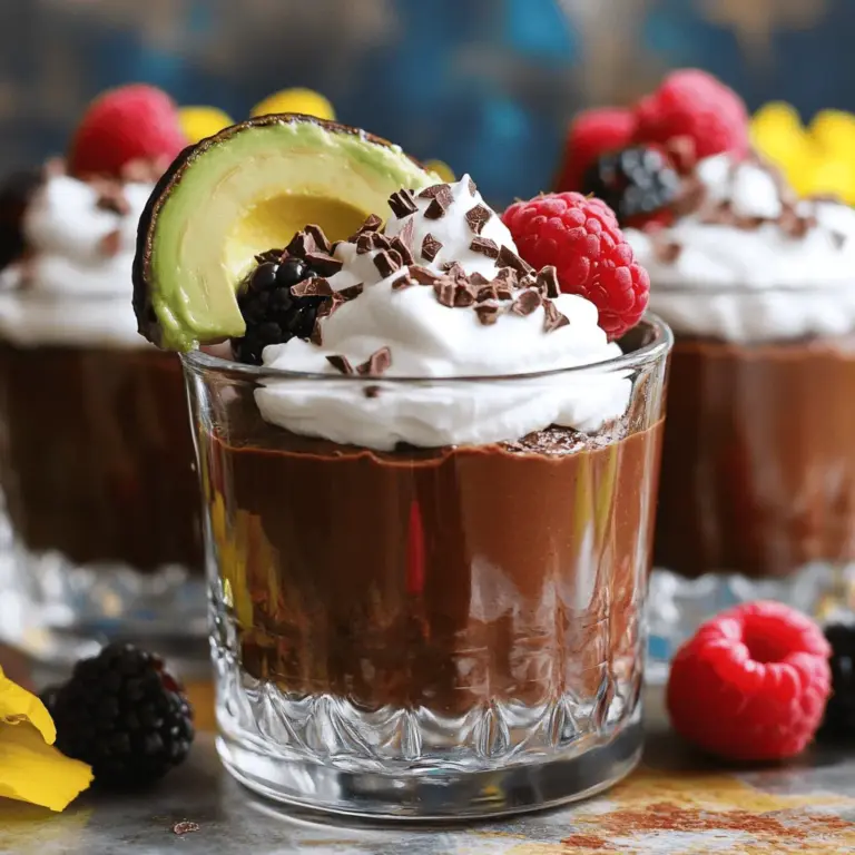 Für die Hauptzutaten benötigen Sie: - 2 reife Avocados, entsteint und geschält - ½ Tasse ungesüßtes Kakaopulver - ½ Tasse Ahornsirup (oder Honig) Die reifen Avocados sind wichtig für die Cremigkeit. Sie geben der Mousse eine glatte Textur. Das ungesüßte Kakaopulver sorgt für den intensiven Schokoladengeschmack. Ahornsirup bringt die nötige Süße. Wenn Sie keinen Ahornsirup haben, verwenden Sie Honig. Die flüssigen Zutaten sind: - 1/3 Tasse Mandelmilch (oder Milch nach Wahl) - 2 Teelöffel Vanilleextrakt Mandelmilch macht die Mousse leicht und luftig. Sie können auch normale Milch verwenden. Der Vanilleextrakt fügt einen schönen Geschmack hinzu. Er rundet die Schokoladennoten ab und macht das Dessert noch köstlicher. Für die zusätzlichen Gewürze und Toppings sollten Sie bereitstellen: - Eine Prise Meersalz - Geschlagene Kokoscreme - Frische Beeren - Kakaonibs Das Meersalz hebt den Geschmack der Schokolade hervor. Geschlagene Kokoscreme macht das Dessert noch cremiger. Beeren bringen Frische und Farbe auf den Teller. Kakaonibs fügen eine schöne Textur und einen zusätzlichen Schokoladengeschmack hinzu. Für das vollständige Rezept schauen Sie sich die Full Recipe an. Zuerst brauchen wir zwei reife Avocados. Diese sind wichtig für den cremigen Geschmack. Schneiden Sie die Avocados auf und entsteinen Sie sie. Verwenden Sie dazu einen Löffel, um das Fruchtfleisch herauszuholen. Achten Sie darauf, dass die Avocados reif sind. Sie sollten leicht drücken, aber nicht zu weich sein. Jetzt kommt der spaßige Teil! Geben Sie die Avocados in die Schüssel einer Küchenmaschine. Fügen Sie ½ Tasse ungesüßtes Kakaopulver, ½ Tasse Ahornsirup, ⅓ Tasse Mandelmilch, 2 Teelöffel Vanilleextrakt und eine Prise Meersalz hinzu. Mixen Sie alles auf hoher Stufe. Sie wollen eine glatte und cremige Konsistenz erreichen. Vergessen Sie nicht, die Seiten der Schüssel abzuschaben. So wird alles gut vermischt. Sobald die Mousse fertig ist, probieren Sie sie. Wenn Sie mehr Süße möchten, fügen Sie etwas mehr Ahornsirup hinzu und mixen erneut. Löffeln Sie die Mousse in Servierschalen. Lassen Sie sie für mindestens 30 Minuten im Kühlschrank abkühlen. So wird sie fester und die Aromen werden stärker. Genießen Sie die Mousse mit geschlagener Kokoscreme, Beeren oder Kakaonibs. Dieses Rezept ist nicht nur lecker, sondern auch gesund. Für die vollständige Zubereitung schauen Sie sich das Full Recipe an! Um die beste Konsistenz zu erzielen, ist das Abkratzen der Schüssel wichtig. Wenn du die Zutaten in die Küchenmaschine gibst, mischst du sie gut. Achte darauf, die Seiten der Schüssel mehrmals abzuschaben. So vermischst du alle Zutaten gleichmäßig. Wenn du das nicht machst, bleiben Klumpen zurück. Diese Klumpen stören die cremige Textur der Mousse. Ein glattes Ergebnis sorgt für ein besseres Geschmackserlebnis. Jeder hat andere Vorlieben, wenn es um Süße geht. Du kannst die Süße leicht anpassen. Probiere die Mousse während des Mischens. Wenn sie nicht süß genug ist, füge noch etwas Ahornsirup hinzu. Du kannst auch andere Süßungsmittel verwenden. Honig oder Agavendicksaft sind gute Alternativen. Experimentiere mit der Menge, bis du den perfekten Geschmack hast. Denke daran, dass die Mousse kühl serviert wird. Manchmal schmeckt sie nach dem Kühlen süßer. Die Präsentation macht viel aus. Serviere die Mousse in klaren Glastassen. So sieht man die schöne, dunkle Farbe. Für einen Farbtupfer kannst du einen Avocadoschnitz am Rand der Tasse anbringen. Das sieht nicht nur gut aus, sondern gibt auch einen Hinweis auf die Hauptzutat. Du kannst die Mousse mit geschlagener Kokoscreme und frischen Beeren garnieren. Kakaonibs machen das Dessert noch interessanter. Diese kleinen Details machen dein Dessert nicht nur lecker, sondern auch ansprechend. {{image_4}} Für die Schokoladen-Avocado-Mousse können Sie verschiedene Schokoladensorten verwenden. Zartbitterschokolade gibt der Mousse einen intensiven Geschmack. Sie enthält auch weniger Zucker. Milchschokolade macht die Mousse süßer und cremiger. Probieren Sie beide Varianten aus, um Ihren Favoriten zu finden. Möchten Sie etwas Neues ausprobieren? Fügen Sie Aromen wie Kaffee oder Minze hinzu. Ein Schuss Espresso gibt der Mousse eine großartige Tiefe. Frische Minze sorgt für ein erfrischendes Erlebnis. Diese Optionen machen Ihr Dessert besonders und spannend. Achten Sie darauf, dass alle Zutaten vegan und glutenfrei sind. Verwenden Sie einen pflanzlichen Süßstoff, wenn Sie vegan bleiben möchten. Prüfen Sie die Verpackung von Kakaopulver und Mandelmilch auf glutenfreie Hinweise. So können alle Ihre Gäste sicher genießen. Für das vollständige Rezept besuchen Sie die [Full Recipe]-Seite. Die Schokoladen-Avocado-Mousse bleibt frisch, wenn Sie sie richtig lagern. Verwenden Sie einen luftdichten Behälter. So bleibt die Mousse cremig und nimmt keine anderen Aromen auf. Decken Sie die Oberfläche der Mousse mit Frischhaltefolie ab. So verhindern Sie, dass sie austrocknet oder eine Haut bildet. Im Kühlschrank hält die Mousse bis zu drei Tage. Nach dieser Zeit kann die Textur und der Geschmack leiden. Achten Sie darauf, die Mousse vor dem Servieren zu prüfen. Wenn sie seltsam riecht oder aussieht, entsorgen Sie sie besser. Wenn Sie die Mousse länger aufbewahren möchten, können Sie sie einfrieren. Füllen Sie die Mousse in einen gefrierfesten Behälter. Lassen Sie dabei etwas Platz, da die Mousse beim Einfrieren expandiert. Decken Sie den Behälter gut ab. Die Mousse bleibt bis zu zwei Monate im Gefrierfach. Um die Mousse aufzutauen, stellen Sie sie einfach über Nacht in den Kühlschrank. Rühren Sie sie vor dem Servieren gut durch, um die cremige Konsistenz wiederherzustellen. Damit genießen Sie die Mousse auch nach Wochen! Für das vollständige Rezept besuchen Sie bitte die [Full Recipe] Seite. Ja, die Schokoladen-Avocado-Mousse ist gesund. Sie enthält nahrhafte Zutaten. Avocados sind reich an gesunden Fetten. Diese Fette sind gut für dein Herz. Kakaopulver hat viele Antioxidantien. Diese helfen, den Körper zu schützen. Ahornsirup gibt dir natürliche Süße. Er hat weniger Zucker als raffinierter Zucker. Mandelmilch ist leicht und oft kalorienarm. Ja, du kannst die Mousse im Voraus zubereiten. Das macht sie perfekt für Partys. Bereite sie einfach einen Tag vorher zu. Stelle sie dann in den Kühlschrank. So können die Aromen gut ziehen. Lagere die Mousse in luftdichten Behältern. Das hält sie frisch und lecker. Du kannst sie auch mit Toppings wie Beeren dekorieren. So bleibt sie ansprechend. Manchmal wird die Mousse zu dick oder dünn. Wenn sie zu dick ist, füge etwas mehr Mandelmilch hinzu. Mixe die Mousse erneut, um die Flüssigkeit gut einzumischen. Wenn sie zu dünn ist, gib mehr Kakaopulver hinzu. Das gibt der Mousse mehr Struktur. Achte darauf, immer gut zu mixen. So erhältst du die perfekte, cremige Konsistenz. Die Schokoladen-Avocado-Mousse ist einfach und lecker. Wir haben die besten Zutaten und Schritte besprochen, um sie perfekt zuzubereiten. Denk an die Tipps zur Konsistenz und Süße. Mit Variationen kannst du das Dessert nach deinem Geschmack anpassen. Denke daran, wie du die Mousse aufbewahrst. Sie ist gesund und kann im Voraus gemacht werden. Ich hoffe, du probierst es aus und genießt jeden Bissen!