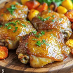 Für dieses einfache Rezept benötigst du folgende Zutaten: - 4 Hähnchenkeulen mit Knochen und Haut - 60 ml Honig - 60 ml Dijon-Senf - 30 ml Olivenöl - 3 Knoblauchzehen, fein gehackt - 1 Teelöffel getrockneter Thymian - 1 Teelöffel geräuchertes Paprikapulver - Salz und Pfeffer nach Geschmack - Frische Petersilie, gehackt (zum Garnieren) Diese Zutaten geben dem Gericht seinen einzigartigen Geschmack. Der Honig sorgt für Süße, während der Dijon-Senf eine angenehme Schärfe hinzufügt. Wenn du Dijon-Senf auswählst, achte auf Marken wie Maille oder Grey Poupon. Diese Marken bieten einen vollen Geschmack. Sie haben die richtige Balance zwischen Schärfe und Würze. Vermeide zu süßen oder zu milden Senf, da sie das Aroma des Gerichts beeinträchtigen können. Um die besten Hähnchenkeulen zu wählen, schaue dir das Fleisch genau an. Es sollte eine frische, rosige Farbe haben. Die Haut sollte glänzend und fest sein. Wenn du frischen Knoblauch kaufst, wähle feste Zehen ohne braune Flecken. Achte auch auf frische Kräuter. Sie sollten grün und duftend sein. So stellst du sicher, dass dein Gericht den besten Geschmack hat. Für das gesamte Rezept, siehe [Full Recipe]. Um die Marinade zuzubereiten, nehmen Sie eine große Schüssel. Geben Sie dort 60 ml Honig und 60 ml Dijon-Senf hinzu. Fügen Sie 30 ml Olivenöl hinzu. Dann kommen 3 fein gehackte Knoblauchzehen, 1 Teelöffel getrockneter Thymian und 1 Teelöffel geräuchertes Paprikapulver dazu. Jetzt können Sie alles gut verrühren. Achten Sie darauf, dass die Zutaten gut vermischt sind. Die Marinade sollte eine glatte Konsistenz haben. Nehmen Sie 4 Hähnchenkeulen mit Haut und Knochen. Legen Sie sie in eine große Auflaufform. Gießen Sie die Marinade gleichmäßig über die Keulen. Stellen Sie sicher, dass jede Keule gut bedeckt ist. Lassen Sie die Hähnchenkeulen mindestens 30 Minuten marinieren. So zieht der Geschmack tief ins Fleisch ein. Wenn Sie mehr Zeit haben, können Sie die Keulen auch länger im Kühlschrank lassen. Heizen Sie den Ofen auf 200°C vor. Nach der Marinierzeit stellen Sie die Auflaufform in den vorgeheizten Ofen. Backen Sie die Hähnchenkeulen 35-40 Minuten lang. Prüfen Sie die Kerntemperatur mit einem Fleischthermometer. Sie sollte 75°C erreichen. Für eine knusprige Haut legen Sie die Keulen 2-3 Minuten unter den Grill. Achten Sie darauf, dass sie nicht verbrennen. Lassen Sie die Hähnchenkeulen nach dem Backen 5 Minuten ruhen. So bleibt das Fleisch saftig. Die Marinierzeit ist wichtig für den Geschmack. Ich empfehle, die Hähnchenkeulen mindestens 30 Minuten marinieren zu lassen. So ziehen die Aromen gut ein. Für intensiveren Geschmack kannst du sie bis zu 24 Stunden im Kühlschrank lassen. Das hilft, das Hühnchen zart und würzig zu machen. Für eine knusprige Haut gibt es einen einfachen Trick. Backe die Hähnchenkeulen bei 200°C. Nach der Garzeit von 35-40 Minuten kannst du sie für 2-3 Minuten unter den Grill legen. Achte darauf, dass sie nicht verbrennen. So wird die Haut goldbraun und knusprig. Es ist wichtig, die Hähnchenkeulen während des Garens zu beobachten. Nutze ein Fleischthermometer, um die Kerntemperatur zu prüfen. Sie sollte 75°C erreichen, damit das Hühnchen sicher ist. Wenn du sie zu lange backst, wird das Fleisch trocken. Stelle sicher, dass sie gut durchgegart sind, aber auch saftig bleiben. {{image_4}} Grillen kann eine tolle Art sein, die Hähnchenkeulen zuzubereiten. Um die Honig-Senf-Hühnchenkeulen im Grill zu machen, marinieren Sie die Keulen wie im Rezept. Stellen Sie den Grill auf mittlere Hitze ein. Legen Sie die Hähnchenkeulen mit der Hautseite nach oben auf den Grill. Grillen Sie sie etwa 30-35 Minuten. Wenden Sie sie regelmäßig, damit sie gleichmäßig garen. Die Keulen sind fertig, wenn sie eine Kerntemperatur von 75°C erreichen. Das Grillen gibt dem Fleisch einen rauchigen Geschmack und sorgt für eine schöne Grillmarkierung. Wenn Sie Zeit sparen möchten, probieren Sie die slow cooker Version. Marinieren Sie die Hähnchenkeulen wie gewohnt. Legen Sie die Keulen dann in den Slow Cooker. Gießen Sie die restliche Marinade darüber. Kochen Sie die Keulen auf niedriger Stufe für 6-7 Stunden oder auf hoher Stufe für 3-4 Stunden. Das Fleisch wird sehr zart und lässt sich leicht vom Knochen lösen. Diese Methode ist ideal für stressfreie Abendessen. Für eine vegetarische Option können Sie die Marinade leicht anpassen. Ersetzen Sie das Hähnchen durch Tofu oder Gemüse. Sie können festen Tofu verwenden, den Sie in Würfel schneiden. Marinieren Sie den Tofu genauso wie die Hähnchenkeulen. Lassen Sie ihn mindestens 30 Minuten marinieren. Grillen oder braten Sie den marinierten Tofu. Für Gemüse verwenden Sie Zucchini, Paprika oder Champignons. Die Marinade wird ihnen einen tollen Geschmack geben. Wenn du Reste von den Honig-Senf-Hühnchenkeulen hast, lege sie in einen luftdichten Behälter. So bleiben sie frisch. Du kannst auch die Marinade aufbewahren. Die Reste halten sich gut für bis zu drei Tage im Kühlschrank. Um die Hähnchenkeulen aufzuwärmen, stelle deinen Ofen auf 175°C. Lege die Keulen in eine Auflaufform und bedecke sie mit Alufolie. So trocknen sie nicht aus. Erwärme sie für etwa 20 Minuten. Überprüfe, ob sie warm sind. Im Kühlschrank bleiben die Hähnchenkeulen bis zu drei Tage frisch. Wenn du sie länger aufbewahren möchtest, kannst du sie einfrieren. In einem gefrierfesten Behälter halten sie bis zu drei Monate. Stelle sicher, dass du sie gut verpackst, damit sie nicht gefrieren. Ich empfehle, die Hähnchenkeulen mindestens 30 Minuten zu marinieren. Diese Zeit gibt den Aromen die Chance, tief ins Fleisch einzudringen. Für noch besseren Geschmack können Sie sie auch über Nacht marinieren. Das macht die Keulen noch saftiger und aromatischer. Ja, das ist eine tolle Idee! Sie können die Marinade bis zu drei Tage im Voraus zubereiten. Bewahren Sie sie einfach in einem luftdichten Behälter im Kühlschrank auf. So sparen Sie Zeit am Kochtag und haben mehr Geschmack in Ihren Hühnchenkeulen. Ich empfehle, die Honig-Senf-Hühnchenkeulen mit geröstetem Gemüse oder einem frischen grünen Salat zu servieren. Diese Beilagen ergänzen das Gericht perfekt. Sie können auch Reis oder Kartoffeln hinzufügen, um eine vollwertige Mahlzeit zu kreieren. In diesem Artikel haben wir die wichtigsten Punkte für Honig-Senf-Hühnchenkeulen besprochen. Wir haben die Zutaten, die Marinade, das Backen und sogar Variationen untersucht. Frische Zutaten sind entscheidend für den Geschmack. Marinieren ist wichtig für das Aroma und die Konsistenz. Vergiss nicht, die Haut knusprig zu bekommen! Egal, ob du die Hühnchenkeulen im Ofen oder auf dem Grill zubereitest, diese Tipps helfen dir, leckere Mahlzeiten zu schaffen. Mit den richtigen Lagerungshinweisen bleibst du auch nach dem Kochen entspannt. Viel Spaß beim Kochen!