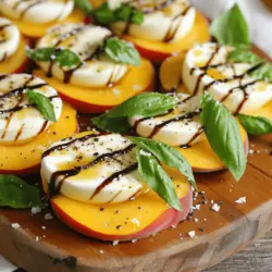 Für einen frischen Pfirsich Caprese Salat benötigst du: - 2 reife Pfirsiche, in Spalten geschnitten - 225 g frischer Mozzarella, in Scheiben geschnitten - 1 Tasse frische Basilikumblätter - 2 Esslöffel Balsamico-Glasur - 1 Esslöffel Olivenöl - Salz und frisch gemahlener schwarzer Pfeffer nach Geschmack - Optional: 1 Esslöffel Honig zum Beträufeln Diese Zutaten bringen frische Aromen und eine tolle Textur in dein Gericht. Du kannst die Zutaten leicht anpassen, um das Beste aus deinem Salat herauszuholen. Bei der Auswahl von Pfirsichen solltest du auf die Farbe und Festigkeit achten. Reife Pfirsiche haben eine gold-gelbe Farbe mit einem leichten Rot. Sie sollten leicht weich sein, wenn du sanft drückst. Vermeide Pfirsiche mit Druckstellen oder grünen Stellen. Diese sind oft nicht reif oder überreif. Um sicherzustellen, dass deine Pfirsiche süß und saftig sind, kaufe sie am besten in der Saison. In Deutschland sind Pfirsiche von Juli bis September am besten. Um deinen Pfirsich Caprese Salat aufregender zu machen, kannst du einige Zutaten variieren. Hier sind ein paar Vorschläge: - Füge einige Nüsse hinzu, wie Walnüsse oder Mandeln, für einen Crunch. - Verwende Burrata anstelle von Mozzarella für eine cremigere Textur. - Ersetze die Balsamico-Glasur durch Zitrone oder Limette für einen frischen Kick. - Ergänze den Salat mit einer Prise Chili für eine scharfe Note. Diese Variationen geben deinem Salat einen neuen Twist und passen gut zu den süßen Pfirsichen. Wenn du kreativ bist, kannst du deinen eigenen Pfirsich Caprese Salat kreieren. Wenn du die vollständige Anleitung möchtest, schau dir das [Full Recipe] an! Beginne mit den Pfirsichen. Du möchtest reife Früchte, also achte auf die Farbe. Wasche die Pfirsiche gründlich. Schneide sie in gleichmäßige Spalten, nachdem du den Stein entfernt hast. Achte darauf, dass die Spalten schön aussehen. Jetzt nimm den Mozzarella. Schneide ihn in dicke Scheiben. Halte die Größe konstant, um ein gutes Gleichgewicht mit den Pfirsichen zu schaffen. Nimm eine mittelgroße Schüssel und beginne mit dem Anrichten. Lege eine Scheibe Mozzarella in die Schüssel. Darauf kommt eine Pfirsichspalte. Wechsle zwischen Mozzarella und Pfirsich. Dies sorgt für einen schönen Farbkontrast. Füge frische Basilikumblätter zwischen die Schichten hinzu. Diese bringen frischen Geschmack und sehen toll aus. Jetzt kommt das Dressing. Beträufle den Salat gleichmäßig mit Olivenöl und Balsamico-Glasur. Diese beiden Zutaten bringen eine tolle Balance von Süße und Säure. Wenn du möchtest, füge einen Hauch Honig hinzu. Das macht den Salat noch leckerer. Würze dann mit Salz und frisch gemahlenem Pfeffer. Lass den Salat einige Minuten ruhen. So verbinden sich die Aromen gut. Das ist die perfekte Grundlage für deinen Pfirsich Caprese Salad. Weitere Details findest du im Full Recipe. Ein häufiger Fehler ist, unreife Pfirsiche zu wählen. Wählen Sie reife, saftige Früchte. Diese sind süßer und geben mehr Geschmack. Ein weiterer Fehler ist, den Salat zu früh zu servieren. Lassen Sie ihn einige Minuten ruhen, damit die Aromen gut ziehen. Zu viel Balsamico-Glasur kann den Salat überwältigen. Nutzen Sie sie sparsam, um das Gleichgewicht zu halten. Die Präsentation ist wichtig. Servieren Sie den Salat auf einer großen Platte. Das sieht einladend aus. Arrangieren Sie die Pfirsiche und den Mozzarella in einem schönen Muster. Fügen Sie die Basilikumblätter dazwischen hinzu. Garnieren Sie mit weiteren Basilikumblättern und einem leichten Drizzel Balsamico-Glasur. So wird der Salat noch ansprechender. Um Zeit zu sparen, schneiden Sie die Pfirsiche und den Mozzarella im Voraus. Lagern Sie sie in einem luftdichten Behälter im Kühlschrank. Bereiten Sie die Basilikumblätter ebenfalls vor. Wenn Sie alles vorbereitet haben, ist der Salat schnell gemacht. So können Sie mehr Zeit mit Ihren Gästen verbringen. Für die vollständige Zubereitung schauen Sie sich das Full Recipe an. {{image_4}} Für eine vegane Version des Pfirsich Caprese Salats kann Mozzarella durch pflanzlichen Käse ersetzt werden. Wählen Sie einen cremigen, veganen Käse aus Cashew-Nüssen oder Mandeln. Diese Käsealternativen bieten die gleiche Textur und einen ähnlichen Geschmack. Verwenden Sie auch frische Kräuter, um den Geschmack zu verstärken. Basilikum bleibt eine großartige Wahl. Um dem Salat mehr Geschmack zu verleihen, fügen Sie Nüsse hinzu. Walnüsse oder Pinienkerne sind ideal. Rösten Sie die Nüsse leicht, um ihren Geschmack zu intensivieren. Streuen Sie sie über den Salat kurz vor dem Servieren. Eine Prise Chili oder einige Frischkäsekrümel können ebenfalls eine schöne Note hinzufügen. Passen Sie den Salat je nach Saison an. Im Sommer können Sie frische Beeren hinzufügen. Himbeeren oder Erdbeeren passen gut zu Pfirsichen. Im Herbst sind geröstete Kürbiswürfel eine tolle Ergänzung. Im Winter können Sie Granatapfelkerne für einen fruchtigen Crunch nutzen. So bleibt der Salat das ganze Jahr über spannend und frisch. Für das vollständige Rezept, schauen Sie sich die [Full Recipe] an. Um die Frische deines Pfirsich Caprese Salats zu bewahren, lagere ihn im Kühlschrank. Nutze einen luftdichten Behälter. So bleiben die Aromen und die Textur lange erhalten. Vermeide es, den Salat bei Raumtemperatur stehen zu lassen. Das kann den Geschmack beeinträchtigen und die Zutaten weich machen. Du kannst den Salat bis zu zwei Tage im Kühlschrank aufbewahren. Achte darauf, die Komponenten getrennt zu lagern, wenn du ihn im Voraus zubereitest. So bleibt der Mozzarella frisch und die Pfirsiche behalten ihren Biss. Mische alles erst kurz vor dem Servieren, um die besten Ergebnisse zu erzielen. Die Zutaten sollten kühl und trocken gelagert werden. Lagere die Pfirsiche bei Zimmertemperatur, bis sie reif sind. Mozzarella gehört in den Kühlschrank. Frische Basilikumblätter kannst du in einem Glas Wasser aufbewahren, das hilft, sie frisch zu halten. Für die vollständige Zubereitung des Salats, schau dir das [Full Recipe] an. Wenn Sie keinen Mozzarella haben, probieren Sie Feta oder Ziegenkäse. Diese Käse haben einen tollen Geschmack und passen gut zu Pfirsichen. Feta bringt eine salzige Note, während Ziegenkäse cremig ist. Beide Varianten sind lecker und verleihen dem Salat eine besondere Note. Ja, Sie können den Salat im Voraus zubereiten. Bereiten Sie die Pfirsiche und den Käse vor, aber mischen Sie sie erst kurz vor dem Servieren. So bleiben die Zutaten frisch. Lagern Sie die Teile im Kühlschrank. Wenn Sie bereit sind, können Sie sie einfach anrichten und genießen. Zu Pfirsich Caprese Salat passen viele Getränke gut. Ein leichter Weißwein wie Sauvignon Blanc ist eine gute Wahl. Alternativ können Sie auch ein spritziges Wasser mit Zitrone oder Minze servieren. Diese Getränke ergänzen die frischen Aromen des Salats perfekt. In diesem Artikel haben wir die wichtigsten Zutaten für den Pfirsich Caprese Salat besprochen. Sie wissen jetzt, wie man reife Pfirsiche auswählt und verschiedene Geschmäcker integriert. Wir haben die Schritt-für-Schritt-Anleitung gegeben, damit Sie den Salat leicht zubereiten können. Wir haben auch Tipps und Tricks geteilt, um häufige Fehler zu vermeiden. Der Salat lässt sich variieren und anpassen, sodass Sie ihn jedes Mal neu erleben. Denken Sie daran, die Zutaten richtig zu lagern, um die Frische zu bewahren. Nutzen Sie diese Tipps für Ihren nächsten Salat und genießen Sie jeden Bissen.