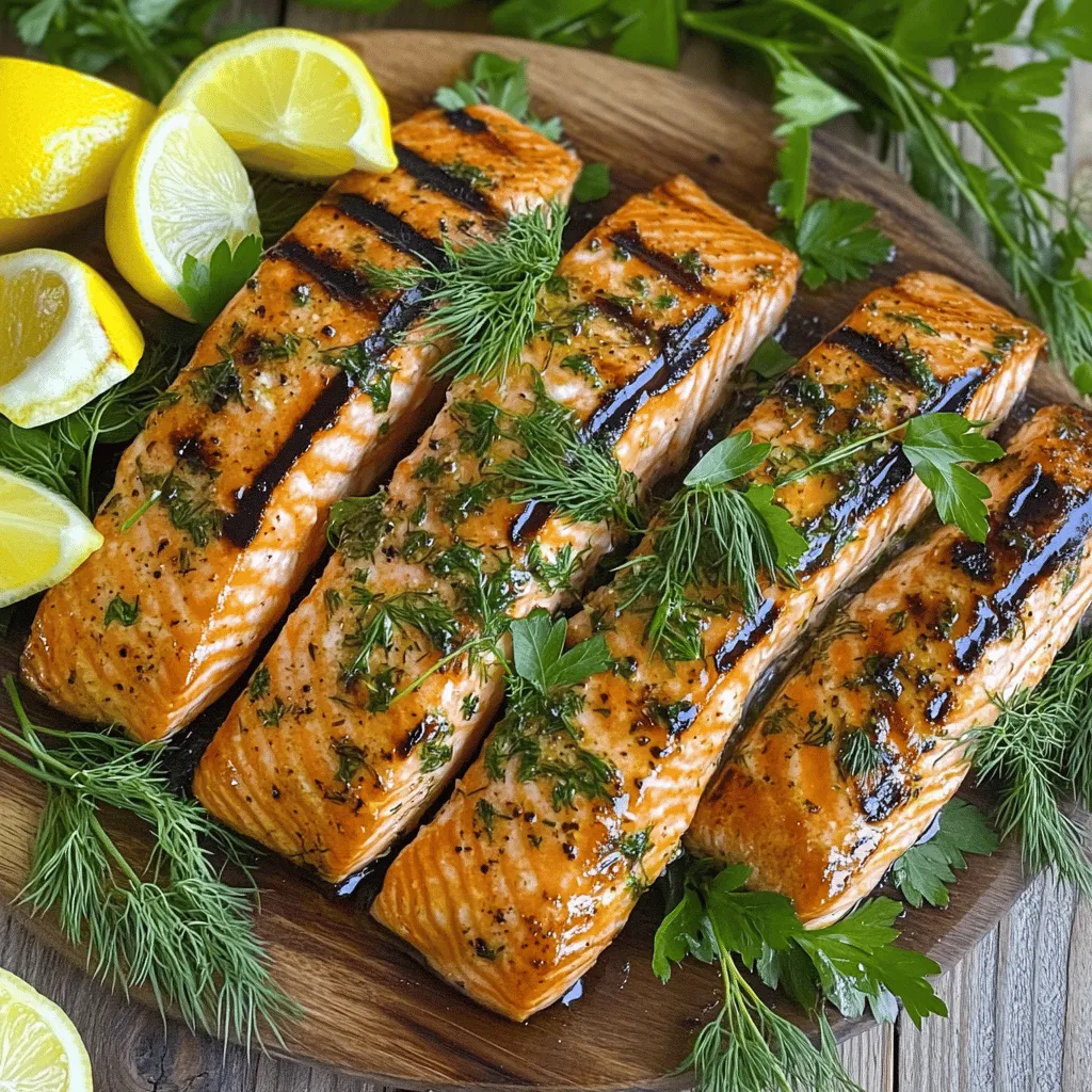 - 4 Lachsfilets mit Haut - 2 Esslöffel Olivenöl - 2 Esslöffel frischer Zitronensaft - Abrieb von 1 Zitrone - 2 Knoblauchzehen, fein gehackt - 1 Esslöffel frische Petersilie, gehackt - 1 Esslöffel frischer Dill, gehackt - 1 Teelöffel getrockneter Oregano - Salz und Pfeffer nach Geschmack Die Hauptzutaten für den Lachs sind einfach, aber sie bringen viel Geschmack. Ich benutze immer frische Lachsfilets mit Haut. Diese bleiben zart und saftig. Olivenöl und Zitronensaft sind wichtig für die Marinade. Sie geben dem Lachs eine frische Note. Frische Kräuter wie Petersilie und Dill machen das Gericht lebendig. Oregano fügt eine subtile Tiefe hinzu. Mit Salz und Pfeffer würze ich nach Geschmack. - Zitronenspalten - Beilagenoptionen Zitronenspalten sind eine schöne Ergänzung beim Servieren. Sie geben noch mehr Frische. Bei den Beilagen empfehle ich einen gemischten Salat oder gegrilltes Gemüse. Diese Optionen passen gut zu dem leckeren Lachs. Wenn Sie mehr Abwechslung möchten, probieren Sie verschiedene Beilagen und entdecken Sie, was Ihnen am besten gefällt. Für die vollständige Liste der Zubereitung lesen Sie das Rezept für Zitronen-Kräuter-gegrillter Lachs. Um den Lachs lecker zu machen, stelle zuerst die Marinade her. Nimm eine kleine Schüssel und mische: - 2 Esslöffel Olivenöl - 2 Esslöffel frischer Zitronensaft - Abrieb von 1 Zitrone - 2 fein gehackte Knoblauchzehen - 1 Esslöffel frische Petersilie, gehackt - 1 Esslöffel frischer Dill, gehackt - 1 Teelöffel getrockneter Oregano - Salz und Pfeffer nach Geschmack Diese Mischung gibt dem Lachs viel Geschmack. Lege die Lachsfilets in eine flache Schüssel oder einen wiederverschließbaren Beutel. Gieße die Marinade gleichmäßig über den Lachs, sodass jedes Filet gut bedeckt ist. Lasse den Lachs mindestens 30 Minuten kühlen. Für mehr Geschmack kannst du ihn bis zu 2 Stunden marinieren. Heize den Grill auf mittlere bis hohe Hitze vor. Das sorgt dafür, dass der Lachs gut gart. Vor dem Grillen solltest du die Grillroste leicht mit Öl bestreichen. Das hilft, das Ankleben zu verhindern. Ein einfacher Trick ist, ein Küchenpapier mit Öl zu tränken und über die Roste zu wischen. So bleibt der Lachs schön ganz. Nimm den Lachs aus der Marinade und lasse die überschüssige Flüssigkeit abtropfen. Lege die Filets mit der Hautseite nach unten auf den Grill. Grill die Filets etwa 5-6 Minuten pro Seite. Die genaue Zeit hängt von der Dicke des Lachses ab. Du erkennst, dass der Lachs gar ist, wenn er sich leicht mit einer Gabel zerteilen lässt. Wenn du unsicher bist, schneide ein kleines Stück ab und schaue, ob es durch ist. Nach dem Grillen nimm den Lachs vom Grill und lasse ihn einige Minuten ruhen. Das hilft, die Säfte zu halten. Für mehr Ideen und eine detaillierte Anleitung, siehe die [Full Recipe]. Temperaturmanagement und Kontrolle Die richtige Temperatur ist wichtig. Vor dem Grillen heizt man den Grill auf mittlere bis hohe Hitze vor. Das sorgt dafür, dass der Lachs gleichmäßig gart. Ein guter Temperaturbereich liegt zwischen 180 °C und 200 °C. Bei dieser Hitze bekommt der Lachs eine schöne Kruste und bleibt saftig. Verwende ein Grillthermometer, um die Temperatur zu überprüfen. So stellst du sicher, dass dein Lachs perfekt wird. Häufige Fehler vermeiden Ein häufiger Fehler ist, den Lachs zu lange zu grillen. Das macht ihn trocken. Achte darauf, die Garzeit einzuhalten. Je nach Dicke des Filets grillt man den Lachs 5-6 Minuten pro Seite. Außerdem solltest du den Lachs nicht zu oft wenden. Lass ihn in Ruhe, damit er nicht zerfällt. Ein weiterer Tipp: Lass die Grillroste nicht zu heiß werden, um ein Ankleben zu vermeiden. Anrichten mit Zitronenspalten Die Präsentation macht viel aus. Serviere den gegrillten Lachs auf einer großen Platte. Lege einige Zitronenspalten dazu. Das sieht nicht nur gut aus, sondern gibt auch einen frischen Geschmack. Die Zitronenspalten sind schön zum Auspressen über dem Lachs. Ergänzende Garnierungen Frische Kräuter sind eine tolle Ergänzung. Streue etwas gehackte Petersilie oder Dill über den Lachs. Das gibt Farbe und einen extra Frischekick. Du kannst auch einen Beilagensalat aus gemischtem Grün oder gegrilltes Gemüse dazu servieren. Das macht das Gericht komplett und sieht einladend aus. Für die genauen Schritte und Zutaten schau dir das [Full Recipe](#) an. {{image_4}} Ich liebe es, mit verschiedenen Marinaden zu spielen. Einfache Variationen machen das Gericht spannend und neu. Für eine andere Note kannst du frische Kräuter wie Basilikum oder Estragon verwenden. Diese Kräuter bringen einen einzigartigen Geschmack, der ganz anders ist. Wenn du es würziger magst, füge etwas Chili oder Ingwer hinzu. Du kannst auch Honig oder Sojasauce für eine süßliche Note probieren. Denke daran, die Marinade gut zu mischen, um alle Geschmäcker zu vereinen. Wenn du nicht nur Lachs magst, probiere auch andere Fische. Forelle oder Dorade sind tolle Alternativen. Diese Fische nehmen die Marinade ebenfalls gut auf. Achte darauf, die Grillzeit anzupassen, da verschiedene Fische unterschiedlich dick sind. Du wirst sehen, wie viel Spaß es macht, neue Geschmäcker zu entdecken. Die Beilagen sind wichtig für ein gelungenes Gericht. Ich empfehle, frische Salate oder gegrilltes Gemüse zu servieren. Ein bunter gemischter Salat mit Gurken, Tomaten und Avocado passt perfekt. Das bringt einen frischen Kontrast zum Lachs. Für den perfekten Genuss kannst du auch einen Weißwein dazu servieren. Ein trockener Sauvignon Blanc oder ein frischer Riesling harmonieren gut mit dem Fisch. Diese Weine unterstreichen die Zitrusnoten der Marinade. Wenn du keine Weinliebhaber bist, ist sprudelndes Wasser mit einem Spritzer Zitrone eine tolle Wahl. Entdecke die Möglichkeiten und finde deine Lieblingskombination! Um den Zitronen-Kräuter-gegrillten Lachs frisch zu halten, lagere ihn im Kühlschrank. Wickel die Lachsfilets in Frischhaltefolie oder lege sie in einen luftdichten Behälter. So bleibt der Lachs bis zu drei Tage lang lecker. Achte darauf, den Lachs nicht zu lange drin zu lassen, denn frischer Fisch hat eine kurze Haltbarkeit. Wenn du den Lachs länger aufbewahren möchtest, kannst du ihn auch einfrieren. Wickel die Filets gut in Frischhaltefolie ein und lege sie in einen Gefrierbeutel. So bleibt der Lachs bis zu drei Monate frisch. Vergiss nicht, das Datum auf den Beutel zu schreiben. Zum Auftauen lege den Lachs einfach über Nacht in den Kühlschrank. Falls du Reste hast, gibt es viele Möglichkeiten, sie zu verwenden. Du kannst den gegrillten Lachs in Salaten oder Sandwiches einfügen. Ein frischer Salat mit Lachs, Gurken und einer leichten Vinaigrette ist einfach und gesund. Eine weitere Idee ist Lachs Pasta. Mische gekochte Pasta mit etwas Olivenöl, Zitronensaft und dem restlichen Lachs. Das ergibt ein schnelles Mittagessen. Wenn du kreativ sein möchtest, bereite Lachs-Tacos vor. Verwende Tortillas, frisches Gemüse und eine leichte Salsa. Das bringt neuen Schwung in deine Reste und macht das Essen spannend. Der Lachs sollte mindestens 30 Minuten mariniert werden. Diese Zeit gibt den Aromen die Chance, in das Fleisch einzuziehen. Für einen intensiveren Geschmack empfehle ich, den Lachs bis zu 2 Stunden marinieren zu lassen. Achte darauf, dass du ihn im Kühlschrank aufbewahrst, um die Frische zu bewahren. Um zu prüfen, ob der Lachs gar ist, schaue auf die Farbe und die Textur. Guter Lachs wird von einer blassen, opaken Farbe umgeben. Wenn du mit einer Gabel leicht in den Lachs stichst, sollte er sich in feine Stücke zerteilen lassen. Wenn der Lachs noch glasig ist, braucht er mehr Zeit auf dem Grill. Zu gegrilltem Lachs passen viele Beilagen gut. Ein frischer gemischter Salat ergänzt den Geschmack perfekt. Gegrilltes Gemüse sorgt für eine schöne Textur und Farbe auf dem Teller. Auch Kartoffeln oder Reisgerichte harmonieren gut mit dem Lachs. Du kannst sogar Zitronenspalten zum Garnieren verwenden, um mehr Frische hinzuzufügen. Für das vollständige Rezept, sieh dir das [Full Recipe] an. Zusammenfassend haben wir die besten Zutaten für Lachs und die Grilltechnik besprochen. Ich habe gezeigt, wie man Lachs richtig mariniert und grillt. Sie kennen jetzt auch wichtige Tipps zur perfekten Präsentation und Aufbewahrung. Experimentieren Sie mit verschiedenen Marinaden und Beilagen. Grillen kann einfach und lecker sein! Nutzen Sie die Hinweise aus diesem Artikel, um Ihre Grillkünste zu verbessern und köstliche Gerichte zu zaubern. Viel Spaß beim Grillen!