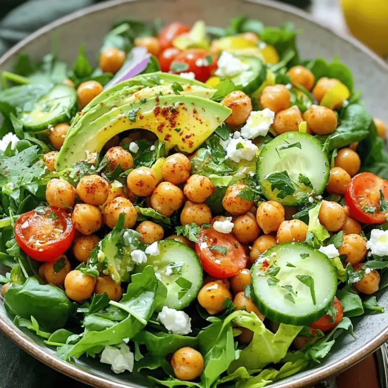 Um einen leckeren Kichererbsensalat zu machen, brauchst du einige Hauptzutaten. Hier ist eine Liste: - 1 Dose (425 g) Kichererbsen, abgetropft und abgespült - 4 Tassen gemischte Salatblätter (z.B. Spinat, Rucola) - 1 Tasse Cherrytomaten, halbiert - 1 kleine Gurke, gewürfelt - 1/4 rote Zwiebel, dünn geschnitten - 1 Avocado, in Scheiben - 1/4 Tasse Feta-Käse, zerbröselt (optional) Die Kichererbsen sind die Hauptzutat. Sie machen den Salat proteinreich und sättigend. Salatblätter geben Frische und Knackigkeit. Cherrytomaten fügen eine süße Note hinzu. Gurken geben extra Crunch. Die rote Zwiebel bringt einen leichten Biss. Die Avocado sorgt für Cremigkeit, und der Feta-Käse kann für einen salzigen Kick sorgen. Die richtige Würze macht den Unterschied. Hier sind die wichtigen Würzmittel: - 2 Esslöffel Olivenöl - 1 Teelöffel geräuchertes Paprikapulver - 1/2 Teelöffel Knoblauchpulver - Salz und Pfeffer nach Geschmack - Saft von 1 Zitrone Olivenöl bringt gesunde Fette in den Salat. Geräuchertes Paprikapulver gibt ein rauchiges Aroma. Knoblauchpulver sorgt für einen herzhaften Geschmack. Zitronensaft bringt Frische und Säure. Salz und Pfeffer runden alles ab. Du kannst den Salat noch besser machen, indem du einige optionale Zutaten hinzufügst: - Frische Kräuter (Petersilie oder Koriander) zur Dekoration Frische Kräuter bringen Farbe und zusätzlichen Geschmack. Sie machen den Salat noch ansprechender. Du kannst auch andere Zutaten probieren, wie Nüsse oder Samen, für mehr Textur. Für das gesamte Rezept schau dir den [Full Recipe] an. Zuerst heize deinen Ofen auf 200 °C vor. Dies ist wichtig, um die Kichererbsen knusprig zu machen. Dann nimm die Kichererbsen aus der Dose, spüle sie gut ab und lasse sie abtropfen. Tupfe sie mit einem Küchentuch trocken. Dies hilft, überschüssige Feuchtigkeit zu entfernen. Jetzt kommt der knusprige Teil. In einer großen Schüssel vermenge das Olivenöl, geräuchertes Paprikapulver, Knoblauchpulver, Salz und Pfeffer. Dies gibt den Kichererbsen einen tollen Geschmack. Füge die trockenen Kichererbsen hinzu und mische alles gut. Verteile die Kichererbsen gleichmäßig auf einem Backblech. Röste sie für 25 bis 30 Minuten. Schüttle das Blech nach der Hälfte der Zeit. So werden sie von allen Seiten knusprig. Während die Kichererbsen rösten, bereite den Salat vor. In einer großen Schüssel vermenge die gemischten Salatblätter, halbierten Cherrytomaten, gewürfelte Gurke und die dünn geschnittene rote Zwiebel. Wenn die Kichererbsen fertig sind, lasse sie kurz abkühlen. Dann füge sie zur Salatmischung hinzu. Beträufle alles mit Zitronensaft und mische vorsichtig. Garniere den Salat mit Avocadoscheiben und optional mit zerbröseltem Feta-Käse. Für mehr Frische kannst du frische Kräuter darüber streuen. Diese Schritte machen deinen Crispy Kichererbsensalat einfach und gesund. Du kannst die vollständige Anleitung in der [Full Recipe] finden. Um die Kichererbsen knusprig zu machen, tupfe sie gut trocken. Feuchtigkeit macht sie weich. Lege sie in einer einzigen Schicht auf das Backblech. Röste sie bei 200 °C. Schüttle das Blech nach der Hälfte. So werden sie gleichmäßig knusprig. Verwende geräuchertes Paprikapulver für extra Geschmack. Wähle frische, knackige Blätter. Spinat und Rucola sind tolle Optionen. Diese Blätter sind mild und gesund. Achte auf die Farbe; sie sollte leuchtend sein. Vermeide welke oder braune Blätter. Mische verschiedene Sorten für mehr Textur und Geschmack. Eine bunte Auswahl sieht auch schön aus. Füge frische Kräuter wie Petersilie oder Koriander hinzu. Diese bringen Frische in den Salat. Avocado sorgt für Cremigkeit. Wenn du Feta-Käse magst, dann ist er eine tolle Ergänzung. Du kannst auch Nüsse oder Samen für Crunch hinzufügen. Experimentiere mit verschiedenen Gemüsesorten, wie Paprika oder Karotten. Diese bringen Farbe und Vitamine ins Spiel. Das macht den Salat noch spannender. {{image_4}} Wenn du eine vegane Option möchtest, sind die Kichererbsen perfekt. Du kannst den Feta-Käse einfach weglassen. Stattdessen nutze Nüsse oder Samen für den Crunch. Cashews oder Sonnenblumenkerne passen gut. Du kannst auch einen veganen Käse verwenden. So bleibt der Geschmack toll und der Salat bleibt rein pflanzlich. Möchtest du mehr Protein? Füge gekochte Quinoa oder Linsen hinzu. Diese Zutaten machen den Salat noch nahrhafter. Ein paar Stücke gebratener Tofu geben auch einen tollen Geschmack. Du kannst auch Hühnchenstücke für eine nicht-vegane Option hinzufügen. So wird der Salat gut sättigend und bleibt trotzdem frisch. Eine fruchtige Note kann den Salat aufpeppen. Füge gewürfelte Äpfel oder Birnen hinzu. Sie bringen Süße ins Spiel. Granatapfelkerne sind auch eine tolle Wahl. Sie geben Farbe und einen knackigen Biss. Probiere es aus, um den Salat aufregender und interessanter zu machen. Du kannst die Kombinationen testen und deinen Lieblingsgeschmack finden. Hier findest du das [Full Recipe] für den Crispy Kichererbsensalat. Um deinen Crispy Chickpea Salad frisch zu halten, benutze einen luftdichten Behälter. Stelle sicher, dass du den Salat nicht zu lange bei Raumtemperatur stehen lässt. Wenn du ihn im Kühlschrank aufbewahrst, bleibt er bis zu drei Tage frisch. Achte darauf, die knusprigen Kichererbsen separat aufzubewahren. So bleiben sie knusprig und weich. Wenn du den Salat im Voraus zubereiten willst, bereite die Kichererbsen und das Gemüse separat vor. Röste die Kichererbsen, lass sie abkühlen und bewahre sie in einem eigenen Behälter auf. Du kannst das Gemüse auch schneiden und in einem anderen Behälter lagern. So kannst du alles schnell zusammenstellen, wenn du bereit bist zu essen. Für übrig gebliebene Zutaten ist es wichtig, sie richtig zu lagern. Bewahre die Kichererbsen in einem luftdichten Behälter auf, um ihre Knusprigkeit zu erhalten. Gemüse wie Gurken und Tomaten halten sich gut im Kühlschrank. Wenn du Feta-Käse verwendest, lagere ihn in seinem eigenen Saft. So bleibt alles frisch und schmackhaft für die nächsten Tage. Für das vollständige Rezept, siehe [Full Recipe]. Ja, du kannst die Kichererbsen im Voraus zubereiten. Röste sie einfach und lasse sie abkühlen. Du kannst sie dann in einem luftdichten Behälter aufbewahren. So bleiben sie knusprig und frisch. Wenn du bereit bist, den Salat zu machen, füge die Kichererbsen einfach hinzu. Das spart Zeit und macht die Zubereitung einfacher. Wenn du Feta-Käse vermeiden möchtest, gibt es tolle Alternativen. Du kannst Hummus benutzen, um eine cremige Textur zu bekommen. Auch Avocado ist eine gesunde Wahl. Sie macht den Salat reichhaltig und cremig. Für einen ähnlichen Geschmack kannst du auch zerdrückten Tofu verwenden. Diese Optionen sind gesund und lecker. Für die Meal Prep ist es wichtig, die Zutaten getrennt zu lagern. Halte die Kichererbsen, das Gemüse und das Dressing in verschiedenen Behältern. So bleibt alles frisch und der Salat wird nicht matschig. Du kannst auch die Kichererbsen und das Gemüse am Wochenende vorbereiten. Dann hast du unter der Woche schnell einen gesunden Snack oder eine Mahlzeit. Zusammenfassend haben wir die Grundlagen für einen leckeren Kichererbsensalat besprochen. Du hast die Hauptzutaten, die Zubereitungsschritte und hilfreiche Tipps kennengelernt. Variationen und Lagerungstipps machen deinen Salat noch besser. Ob vegan oder mit frischen Früchten, es gibt viele Möglichkeiten. Probiere alles aus, um deinen perfekten Kichererbsensalat zu kreieren. Gute Planung und die richtigen Zutaten halten deinen Salat frisch und schmackhaft!